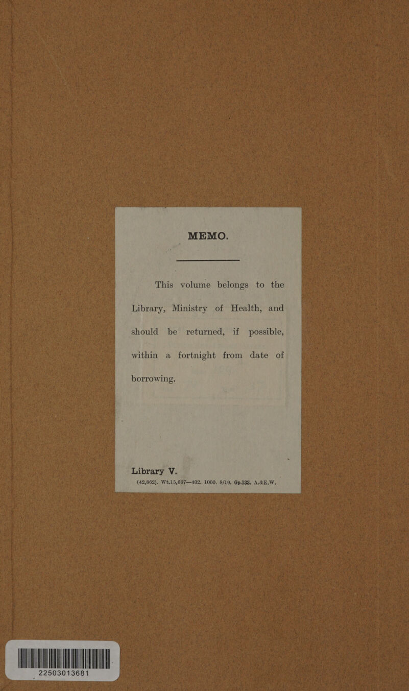 2250  UMN Library, Ministry of Health, and should be returned, if possible, within a fortnight from date of borrowing. (42,862). Wt.15,667—402. 1000. 8/19. Gp.188. A.&amp;@E.W. 