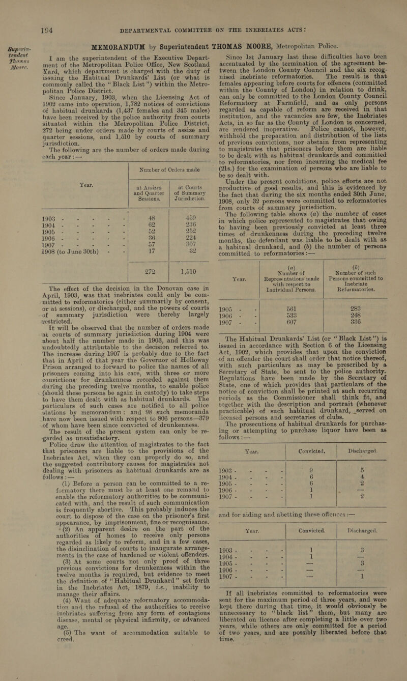 Superin- tendent Thomas Moore. I am the superintendent of the Executive Depart- ment of the Metropolitan Police Office, New Scotland Yard, which department is charged with the duty of issuing the Habitual Drunkards’ List (or what is commonly called the “ Black List”) within the Metro- politan Police District. Since January, 1903, when the Licensing Act of 1902 came into operation, 1,782 notices of convictions of habitual drunkards (1,437 females and 345 males) have been received by the police authority from courts situated within the Metropolitan Police District, 272 being under orders made by courts of assize and quarter sessions, and 1,510 by courts of summary jurisdiction. The following are the number of orders made during each year :— Number of Orders made      Year. at Assizes at Courts and Quarter | of Summary Sessions. Jurisdiction. 1903 - - - - - | 48 459 1904 - - - - - | 62 936 1905 - - - - - 52 V5 1906 - - - - - 36 224, Ty piper ek CL nt Ly, 57 307 1908 (to June 30th) - -:| V7 32 272 1,510  The effect of the decision in the Donovan case in April, 1903, was that inebriates could only be com- mitted to reformatories (either summarily by consent, or at sessions), or discharged, and the powers of courts of summary jurisdiction were thereby largely restricted. It will be observed that the number of orders made ‘at courts of summary jurisdiction during 1904 were about half the number made in 1903, and this was undoubtedly attributable to the decision referred to. The increase during 1907 is probably due to the fact that in April of that year the Governor of Holloway Prison arranged to forward to police the names of all prisoners coming into his care, with three or more convictions’ for drunkenness recorded against them during the preceding twelve months, to enable police (should these persons be again in custody) to take steps to have them dealt with as habitual drunkards. The particulars of such cases are notified to all police stations by memorandum: and 98 such memoranda have now been issued with respect to 806 persons—379 of whom have been since convicted of drunkenness. The result of the present system can only be re- garded as unsatisfactory. Police draw the attention of magistrates to the fact that prisoners are liable to the provisions of the [nebriates Act, when they can properly do so, and the suggested contributory causes for magistrates not dealing with prisoners as habitual drunkards are as follows :— (1) Before a person can be committed to a re- formatory there must be at least one remand to enable the reformatory authorities to be communi- cated with, and the result of such communication is frequently abortive. This probably induces the court to dispose of the case on the prisoner’s first appearance, by imprisonment, fine or recognisance, -(2) An apparent desire on the part of the authorities of homes to receive only persons regarded as likely to reform, and in a few cases, the disinclination of courts to inaugurate arrange- ments in the case of hardened or violent offenders. (3) At some courts not only proof of three previous convictions for drunkenness within the twelve months is required, but evidence to meet the definition of “Habitual Drunkard” set forth in the Inebriates Act, 1879, 7.e., inability to manage their affairs. (4) Want of adequate reformatory accommoda- tion and the refusal of the authorities to receive inebriates suffering from any form of contagious disease, mental or physical infirmity, or advanced age. ©), The want of accommodation suitable to creed. Since lst January last these difficulties have been accentuated by the termination of the agreement be- tween the London County Council and the six recog- nised inebriate reformatories. The result is that females appearing before courts for offences (committed within the County of London) in relation to drink, can only be committed to the London County Council Reformatory at Farmfield, and as only persons regarded as capable of reform are received in that institution, and the vacancies are few, the Inebriates Acts, in so far as the County of London is concerned, are rendered inoperative. Police cannot, however, withhold the preparation and distribution of the lists of previous convictions, nor abstain from representing to magistrates that prisoners before them are liable to be dealt with as habitual drunkards and committed to reformatories, nor from incurring the medical fee (21s.) for the examination of persons who are liable to be so dealt with. Under the present conditions, police efforts are not productive of good results, and this is evidenced by the fact that during the six months ended 30th June, 1908, only 32 persons were committed to reformatories from courts of summary jurisdiction. The following table shows (a) the number of cases in which police represented to magistrates that owing to having been previously convicted at least three times of drunkenness during the preceding twelve months, the defendant was liable to be dealt with as a habitual drunkard, and (b) the number of persons committed to reformatories :—    (a) (b) Number of Number of such Year. Representations made | Persons committed to with respect to Inebriate Incividual Persons. Refurmatories, 1905 - - 561 283 1906 - - 539 248 1907 - : 607 336  The Habitual Drunkards’ List (or “ Black List’’) is issued in accordance with Section 6 of the Licensing Act, 1902, which provides that upon the conviction of an offender the court shall order that notice thereof, with such particulars as may be prescribed by a Secretary of State, be sent to the police authority. Regulations have been made by the Secretary of State, one of which provides that particulars of the notice of conviction shall be printed at such recurring periods as the Commissioner shall think fit, and together with the description and portrait (whenever practicable) of such habitual drunkard, served on licensed persons and secretaries of clubs. The prosecutions of habitual drunkards for purchas- ing or attempting to purchase liquor have been as follows :—   Year. Convicted. Discharged. 1903 - - - - 9 5 1904 - - - . 6 4, 1905 - - - - | 6 2 1906 - - - - | J -- 1907 - . - - 1 2  and for aiding and abetting these offences :—      Year. Convicted. Discharged. 1903 - - - - 1 3 1904 - - - - 1 — 1905 - - : = — 3 1906 - - - - — aa 1907 - - 5 - ae 1 If all inebriates committed to reformatories were sent for the maximum period of three years, and were kept there during that time, it would obviously be unnecessary to “black list” them, but many are liberated on licence after completing a little over two years, while others are only committed for a period of two years, and are possibly liberated before that time.