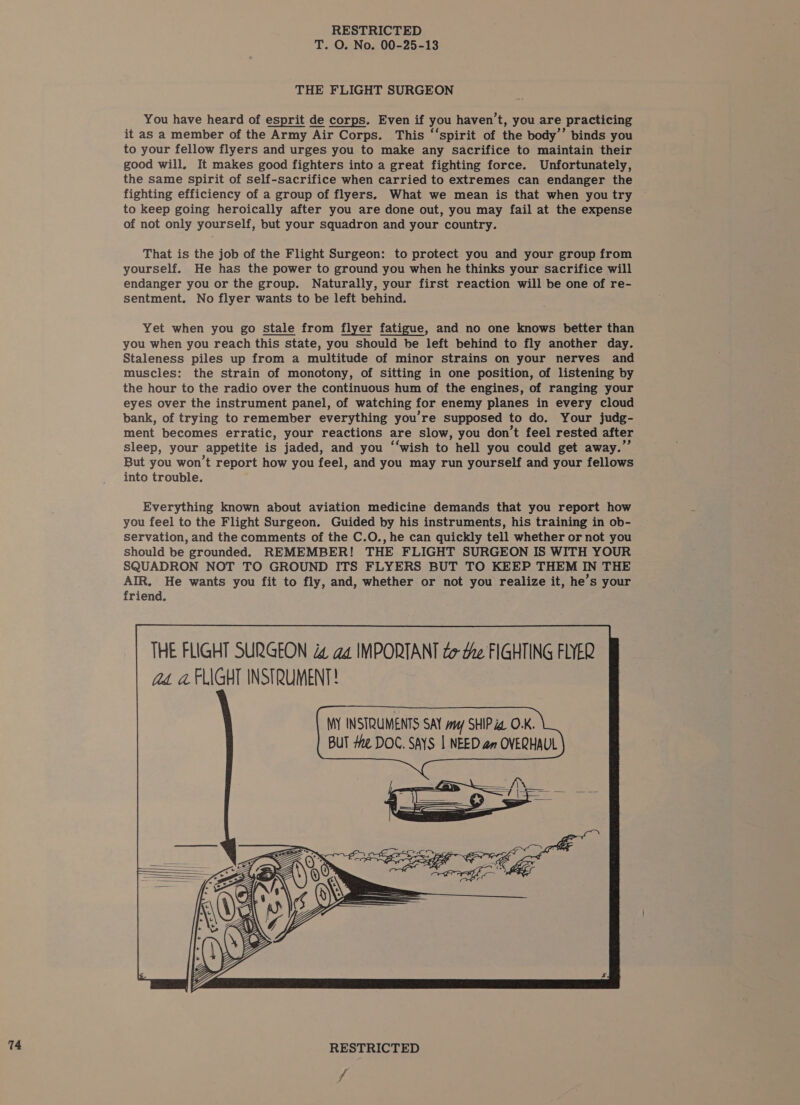 THE FLIGHT SURGEON You have heard of esprit de corps. Even if you haven’t, you are practicing it as a member of the Army Air Corps. This “‘spirit of the body’’ binds you to your fellow flyers and urges you to make any sacrifice to maintain their good will. It makes good fighters into a great fighting force. Unfortunately, the same spirit of self-sacrifice when carried to extremes can endanger the fighting efficiency of a group of flyers. What we mean is that when you try to keep going heroically after you are done out, you may fail at the expense of not only yourself, but your squadron and your country. That is the job of the Flight Surgeon: to protect you and your group from yourself. He has the power to ground you when he thinks your sacrifice will endanger you or the group. Naturally, your first reaction will be one of re- sentment. No flyer wants to be left behind. Yet when you go stale from flyer fatigue, and no one knows better than you when you reach this state, you should be left behind to fly another day. Staleness piles up from a multitude of minor strains on your nerves and muscles: the strain of monotony, of sitting in one position, of listening by the hour to the radio over the continuous hum of the engines, of ranging your eyes over the instrument panel, of watching for enemy planes in every cloud bank, of trying to remember everything you’re supposed to do. Your judg- ment becomes erratic, your reactions are slow, you don’t feel rested after sleep, your appetite is jaded, and you ‘‘wish to hell you could get away.” But you won’t report how you feel, and you may run yourself and your fellows into trouble. Everything known about aviation medicine demands that you report how you feel to the Flight Surgeon. Guided by his instruments, his training in ob- servation, and the comments of the C.O., he can quickly tell whether or not you should be grounded. REMEMBER! THE FLIGHT SURGEON IS WITH YOUR SQUADRON NOT TO GROUND ITS FLYERS BUT TO KEEP THEM IN THE AIR. He wants you fit to fly, and, whether or not you realize it, he’s your friend. THE FLIGHT SURGEON da aa IMPORTANT to the FIGHTING FLYER fad a FLIGHT INSTRUMENT!   MY INSTRUMENTS SAY my SHIP ia. O.K. BUT #he DOC. SAYS | NEED am OVERHAUL   