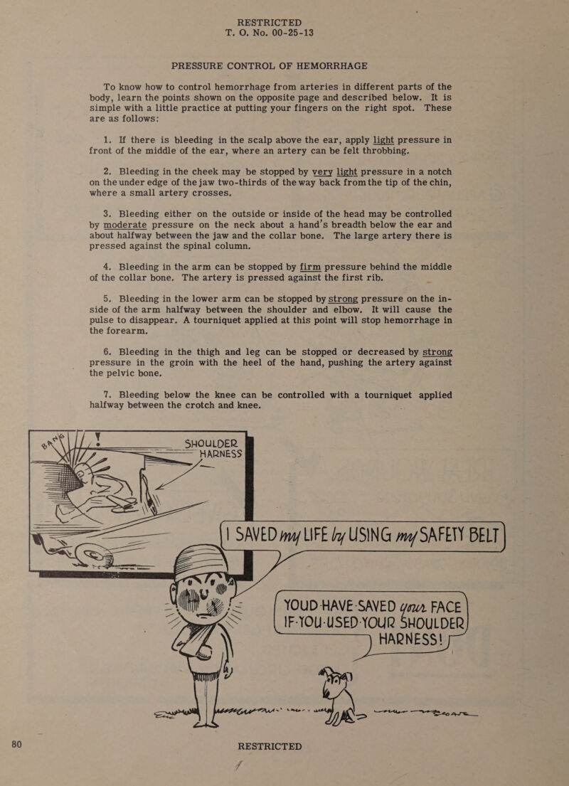 T. O. No. 00-25-13 PRESSURE CONTROL OF HEMORRHAGE To know how to control hemorrhage from arteries in different parts of the body, learn the points shown on the opposite page and described below. It is simple with a little practice at putting your fingers on the right spot. These are as follows: 1. If there is bleeding in the scalp above the ear, apply light pressure in front of the middle of the ear, where an artery can be felt throbbing. 2. Bleeding in the cheek may be stopped by very light pressure in a notch on the under edge of the jaw two-thirds of the way back fromthe tip of the chin, where a small artery crosses. 3. Bleeding either on the outside or inside of the head may be controlled by moderate pressure on the neck about a hand’s breadth below the ear and about halfway between the jaw and the collar bone. The large artery there is pressed against the spinal column. 4, Bleeding in the arm can be stopped by firm pressure behind the middle of the collar bone. The artery is pressed against the first rib. 2 5. Bleeding in the lower arm can be stopped by strong pressure on the in- side of the arm halfway between the shoulder and elbow. It will cause the pulse to disappear. A tourniquet applied at this point will stop hemorrhage in the forearm. 6. Bleeding in the thigh and leg can be stopped or decreased by strong pressure in the groin with the heel of the hand, pushing the artery against the pelvic bone. 7. Bleeding below the knee can be controlled with a tourniquet applied halfway between the crotch and knee.        — SHOULDER re HARNESS —=   YOUD HAVE -SAVED yowr FACE IF-YOU-USED-YOUR SHOULDER HARNESS! 80 RESTRICTED fe