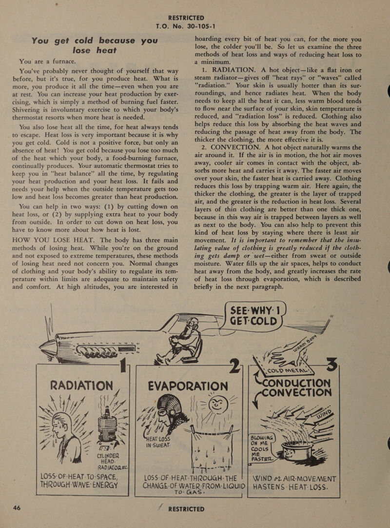 You get cold because you lose heat You are a furnace. You've probably never thought of yourself that way before, but it’s true, for you produce heat. What is more, you produce it all the time—even when you are at rest. You can increase your heat production by exer- cising, which is simply a method of burning fuel faster. Shivering is involuntary exercise to which your body’s thermostat resorts when more heat is needed. You also lose heat all the time, for heat always tends to escape. Heat loss is very important because it is why you get cold. Cold is not a positive force, but only an absence of heat! You get cold because you lose too much of the heat which your body, a food-burning furnace, continually produces. Your automatic thermostat tries to keep you in “heat balance” all the time, by regulating your heat production and your heat loss. It fails and needs your help when the outside temperature gets too low and heat loss becomes greater than heat production. You can help in two ways: (1) by cutting down on heat loss, or (2) by supplying extra heat to your body from outside. In order to cut down on heat loss, you have to know more about how heat is lost. HOW YOU LOSE HEAT. The body has three main methods of losing heat. While you’re on the ground and not exposed to extreme temperatures, these methods of losing heat need not concern you. Normal changes of clothing and your body’s ability to regulate its tem- perature within limits are adequate to maintain safety and comfort. At high altitudes, you are interested in     iN- SWEAT. RADIATOREK. LOSS: OF-HEAT-TO-SPACE, THROUGH-WAVE: ENERGY  hoarding every bit of heat you can, for the more you lose, the colder you'll be. So let us examine the three methods of heat loss and ways of reducing heat loss to a minimum. 1. RADIATION. A hot object—like a flat iron or steam radiator—gives off “heat rays” or “waves” called “radiation.” Your skin is usually hotter than its sur- roundings, and hence radiates heat. When the body needs to keep all the heat it can, less warm blood tends to flow near the surface of your skin, skin temperature is reduced, and “radiation loss” is reduced. Clothing also helps reduce this loss by absorbing the heat waves and reducing the passage of heat away from the body. The thicker the clothing, the more effective it is. 2. CONVECTION. A hot object naturally warms the air around it. If the air is in motion, the hot air moves away, cooler air comes in contact with the object, ab- sorbs more heat and carries it away. The faster air moves over your skin, the faster heat is carried away. Clothing reduces this loss by trapping warm air. Here again, the thicker the clothing, the greater is the layer of trapped air, and the greater is the reduction in heat loss. Several layers of thin clothing are better than one thick one, because in this way air is trapped between layers as well as next to the body. You can also help to prevent this kind of heat loss by staying where there is least air movement. It is important to remember that the insu- lating value of clothing is greatly reduced if the cloth- ing gets damp or wet—either from sweat or outside moisture. Water fills up the air spaces, helps to conduct heat away from the body, and greatly increases the rate of heat loss through evaporation, which is described briefly in the next paragraph.    COLD WEN a CONDUCTION ONVECTION  re        