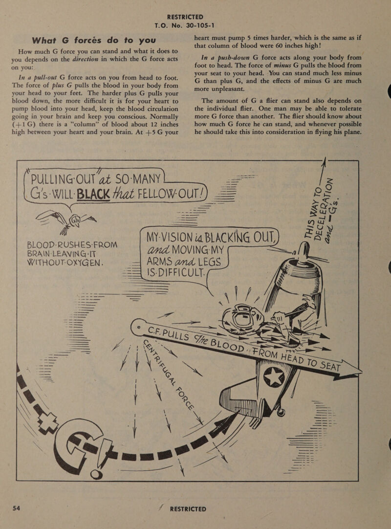 What G forces do to you How much G force you can stand and what it does to you depends on the direction in which the G force acts on you: In a pull-out G force acts on you from head to foot. The force of plus G pulls the blood in your body from your head to your feet. The harder plus G pulls your blood down, the more difficult it is for your heart to pump blood into your head, keep the blood circulation going in your brain and keep you conscious. Normally (+1G) there is a “column” of blood about 12 inches high between your heart and your brain. At +5 G your     PULLING: OUT at SO-MANY BLOOD:RUSHES:-EROM BRAIN-LEAVIN G «IT WITHOUT-OXYGEN.  heart must pump 5 times harder, which is the same as if that column of blood were 60 inches high! In a push-down G force acts along your body from foot to head. The force of minus G pulls the bloed from your seat to your head. You can stand much less minus G than plus G, and the effects of minus G are much more unpleasant. The amount of G a flier can stand also depends on the individual flier. One man may be able to tolerate more G force than another. The flier should know about how much G force he can stand, and whenever possible he should take this into consideration in flying his plane.      