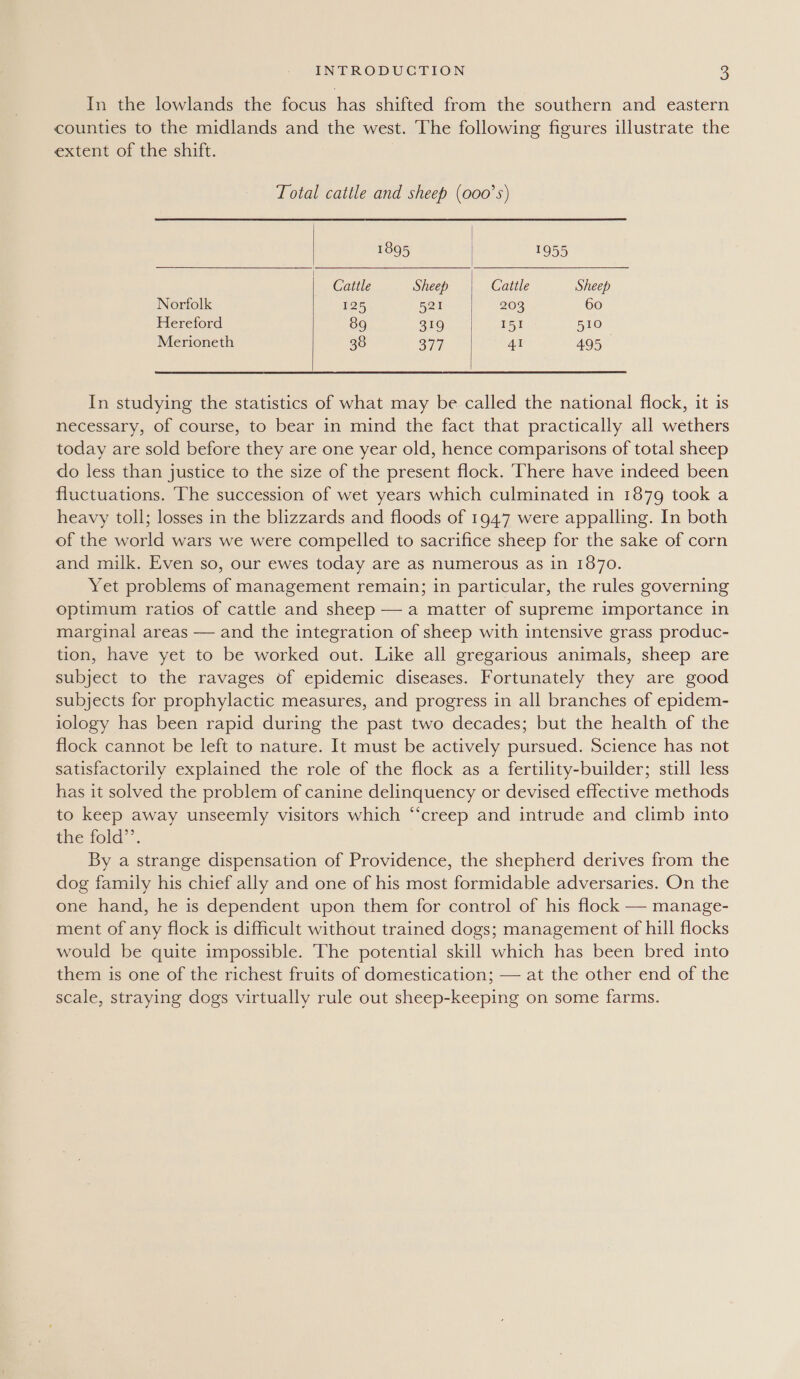 In the lowlands the focus Tes shifted from the southern and eastern counties to the midlands and the west. The following figures illustrate the extent of the shift. Total cattle and sheep (000’s)  1895 1955 Cattle Sheep Cattle Sheep Norfolk 125 521 203 60 Hereford 89 319 151 510 Merioneth 38 377 41 495 _   In studying the statistics of what may be called the national flock, it is necessary, of course, to bear in mind the fact that practically all wethers today are sold before they are one year old, hence comparisons of total sheep do less than justice to the size of the present flock. There have indeed been fluctuations. The succession of wet years which culminated in 1879 took a heavy toll; losses in the blizzards and floods of 1947 were appalling. In both of the world wars we were compelled to sacrifice sheep for the sake of corn and milk. Even so, our ewes today are as numerous as in 1870. Yet problems of management remain; in particular, the rules governing optimum ratios of cattle and sheep — a matter of supreme importance in marginal areas — and the integration of sheep with intensive grass produc- tion, have yet to be worked out. Like all gregarious animals, sheep are subject to the ravages of epidemic diseases. Fortunately they are good subjects for prophylactic measures, and progress in all branches of epidem- iology has been rapid during the past two decades; but the health of the flock cannot be left to nature. It must be actively pursued. Science has not satisfactorily explained the role of the flock as a fertility-builder; still less has it solved the problem of canine delinquency or devised effective methods to keep away unseemly visitors which “creep and intrude and climb into the fold”. By a strange dispensation of Providence, the shepherd derives from the dog family his chief ally and one of his most formidable adversaries. On the one hand, he is dependent upon them for control of his flock — manage- ment of any flock is difficult without trained dogs; management of hill flocks would be quite impossible. The potential skill which has been bred into them is one of the richest fruits of domestication; — at the other end of the scale, straying dogs virtually rule out sheep-keeping on some farms.