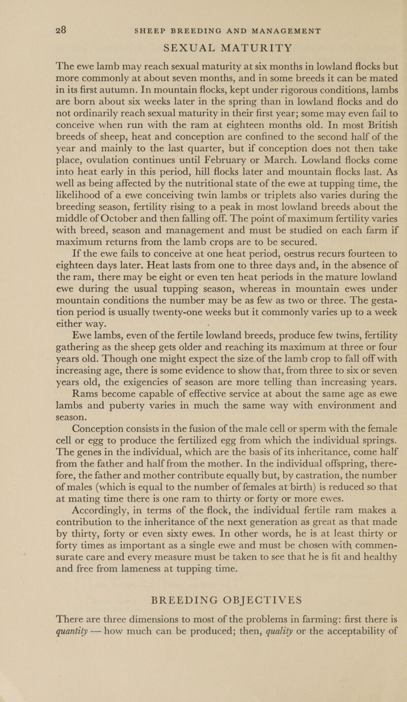 SEXUAL MATURITY ‘The ewe lamb may reach sexual maturity at six months in lowland flocks but more commonly at about seven months, and in some breeds it can be mated in its first autumn. In mountain flocks, kept under rigorous conditions, lambs are born about six weeks later in the spring than in lowland flocks and do not ordinarily reach sexual maturity in their first year; some may even fail to conceive when run with the ram at eighteen months old. In most British breeds of sheep, heat and conception are confined to the second half of the year and mainly to the last quarter, but if conception does not then take place, ovulation continues until February or March. Lowland flocks come into heat early in this period, hill flocks later and mountain flocks last. As well as being affected by the nutritional state of the ewe at tupping time, the likelihood of a ewe conceiving twin lambs or triplets also varies during the breeding season, fertility rising to a peak in most lowland breeds about the middle of October and then falling off. The point of maximum fertility varies with breed, season and management and must be studied on each farm if maximum returns from the lamb crops are to be secured. If the ewe fails to conceive at one heat period, oestrus recurs fourteen to eighteen days later. Heat lasts from one to three days and, in the absence of the ram, there may be eight or even ten heat periods in the mature lowland ewe during the usual tupping season, whereas in mountain ewes under mountain conditions the number may be as few as two or three. The gesta- tion period is usually twenty-one weeks but it commonly varies up to a week either way. . Ewe lambs, even of the fertile lowland breeds, produce few twins, fertility gathering as the sheep gets older and reaching its maximum at three or four years old. Though one might expect the size.of the lamb crop to fall off with increasing age, there is some evidence to show that, from three to six or seven years old, the exigencies of season are more telling than increasing years. Rams become capable of effective service at about the same age as ewe lambs and puberty varies in much the same way with environment and season. Conception consists in the fusion of the male cell or sperm with the female cell or egg to produce the fertilized egg from which the individual springs. The genes in the individual, which are the basis of its inheritance, come half from the father and half from the mother. In the individual offspring, there- fore, the father and mother contribute equally but, by castration, the number of males (which is equal to the number of females at birth) is reduced so that at mating time there is one ram to thirty or forty or more ewes. Accordingly, in terms of the flock, the individual fertile ram makes a contribution to the inheritance of the next generation as great as that made by thirty, forty or even sixty ewes. In other words, he is at least thirty or forty times as important as a single ewe and must be chosen with commen- surate care and every measure must be taken to see that he is fit and healthy and free from lameness at tupping time. BREEDING OBJECTIVES There are three dimensions to most of the problems in farming: first there is quantity — how much can be produced; then, quality or the acceptability of