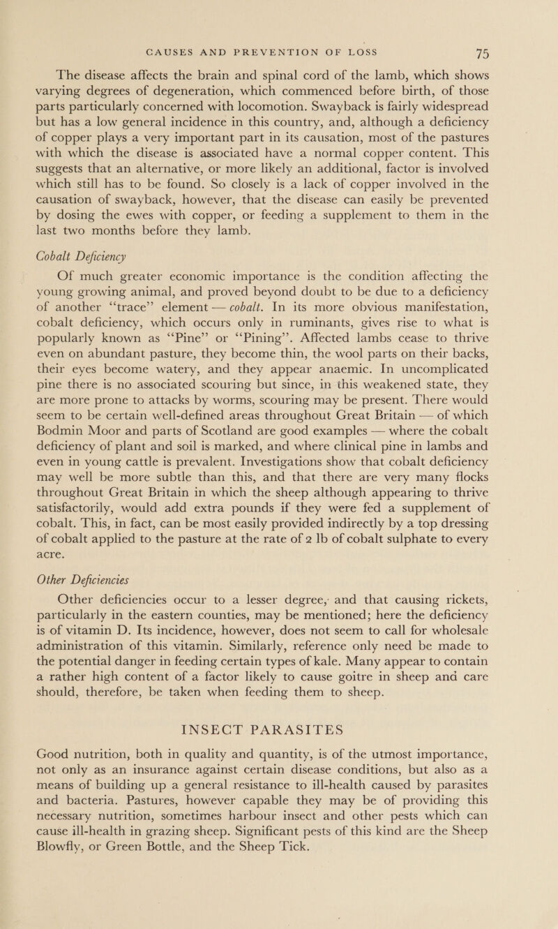 The disease affects the brain and spinal cord of the lamb, which shows varying degrees of degeneration, which commenced before birth, of those parts particularly concerned with locomotion. Swayback is fairly widespread but has a low general incidence in this country, and, although a deficiency of copper plays a very important part in its causation, most of the pastures with which the disease is associated have a normal copper content. This suggests that an alternative, or more likely an additional, factor is involved which still has to be found. So closely is a lack of copper involved in the causation of swayback, however, that the disease can easily be prevented by dosing the ewes with copper, or feeding a supplement to them in the last two months before they lamb. Cobalt Deficiency Of much greater economic importance is the condition affecting the young growing animal, and proved beyond doubt to be due to a deficiency of another “‘trace’? element — cobalt. In its more obvious manifestation, cobalt deficiency, which occurs only in ruminants, gives rise to what is popularly known as “‘Pine” or “Pining’’. Affected lambs cease to thrive even on abundant pasture, they become thin, the wool parts on their backs, their eyes become watery, and they appear anaemic. In uncomplicated pine there is no associated scouring but since, in this weakened state, they are more prone to attacks by worms, scouring may be present. ‘There would seem to be certain well-defined areas throughout Great Britain — of which Bodmin Moor and parts of Scotland are good examples — where the cobalt deficiency of plant and soil is marked, and where clinical pine in lambs and even in young cattle is prevalent. Investigations show that cobalt deficiency may well be more subtle than this, and that there are very many flocks throughout Great Britain in which the sheep although appearing to thrive satisfactorily, would add extra pounds if they were fed a supplement of cobalt. This, in fact, can be most easily provided indirectly by a top dressing of cobalt applied to the pasture at the rate of 2 lb of cobalt sulphate to every acre. Other Deficiencies Other deficiencies occur to a lesser degree, and that causing rickets, particularly in the eastern counties, may be mentioned; here the deficiency is of vitamin D. Its incidence, however, does not seem to call for wholesale administration of this vitamin. Similarly, reference only need be made to the potential danger in feeding certain types of kale. Many appear to contain a rather high content of a factor likely to cause goitre in sheep and care should, therefore, be taken when feeding them to sheep. INSECT PARASITES Good nutrition, both in quality and quantity, is of the utmost importance, not only as an insurance against certain disease conditions, but also as a means of building up a general resistance to ill-health caused by parasites and bacteria. Pastures, however capable they may be of providing this necessary nutrition, sometimes harbour insect and other pests which can cause ill-health in grazing sheep. Significant pests of this kind are the Sheep Blowfly, or Green Bottle, and the Sheep Tick.