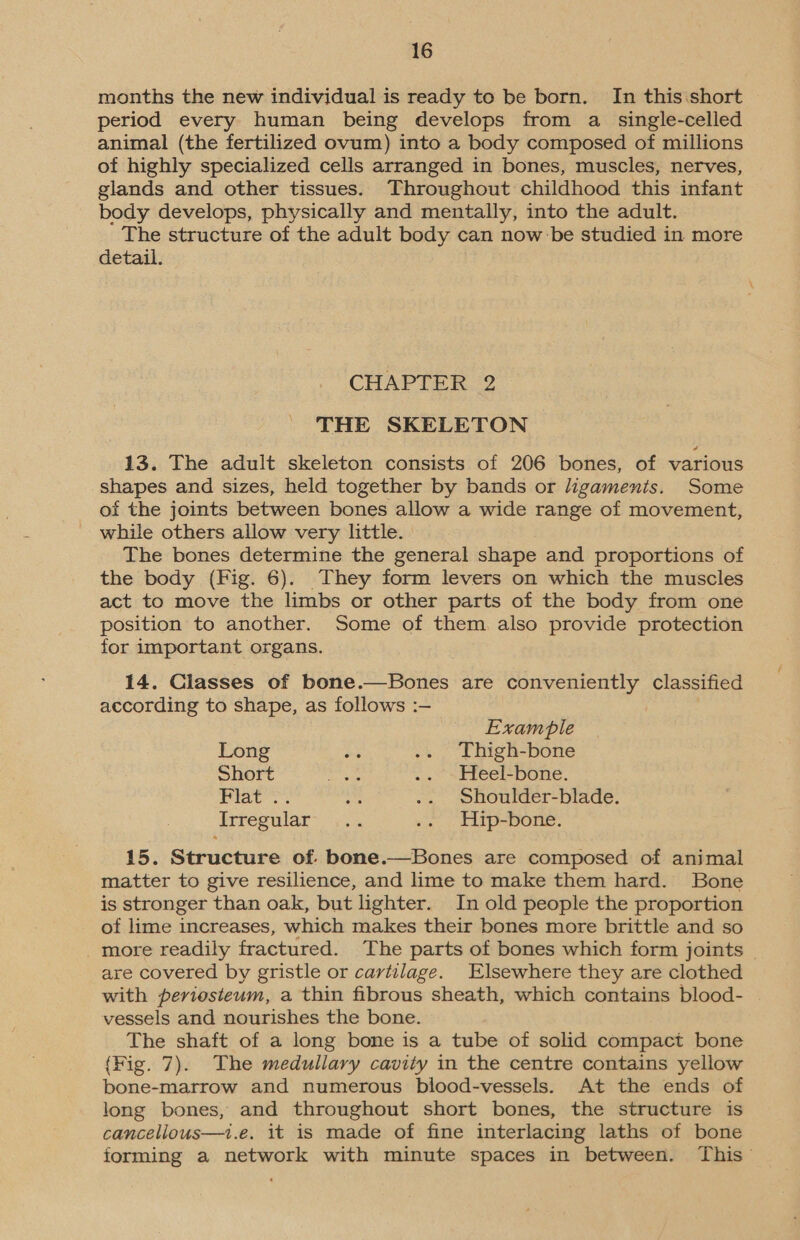 months the new individual is ready to be born. In this .short period every human being develops from a single-celled animal (the fertilized ovum) into a body composed of millions of highly specialized cells arranged in bones, muscles, nerves, glands and other tissues. Throughout childhood this infant body develops, physically and mentally, into the adult. The structure of the adult body can now be studied in more detail. CHAPTER 2 THE SKELETON 13. The adult skeleton consists of 206 bones, of various shapes and sizes, held together by bands or ligaments. Some of the joints between bones allow a wide range of movement, while others allow very little. | The bones determine the general shape and proportions of the body (Fig. 6). They form levers on which the muscles act to move the limbs or other parts of the body from one position to another. Some of them also provide protection for important organs. 14. Classes of bone.—Bones are conveniently classified according to shape, as follows :— Example Long ae .. Thigh-bone Short re .. sfHeel-bone. Plat... ss .. Shoulder-blade. trregular-. ... .. Hip-bone. 15. Structure of. bone.—Bones are composed of animal matter to give resilience, and lime to make them hard. Bone is stronger than oak, but lighter. In old people the proportion of lime increases, which makes their bones more brittle and so _ more readily fractured. The parts of bones which form joints are covered by gristle or cartilage. Elsewhere they are clothed with periosteum, a thin fibrous sheath, which contains blood- vessels and nourishes the bone. The shaft of a long bone is a tube of solid compact bone (Fig. 7). The medullary cavity in the centre contains yellow bone-marrow and numerous blood-vessels. At the ends of long bones, and throughout short bones, the structure is cancelious—t.e. it is made of fine interlacing laths of bone forming a network with minute spaces in between. This -