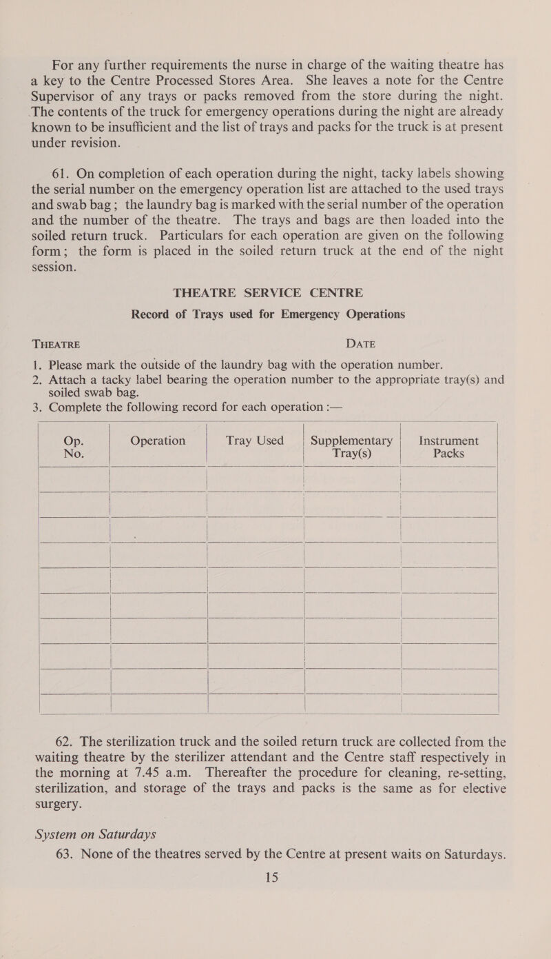 For any further requirements the nurse in charge of the waiting theatre has a key to the Centre Processed Stores Area. She leaves a note for the Centre Supervisor of any trays or packs removed from the store during the night. The contents of the truck for emergency operations during the night are already known to be insufficient and the list of trays and packs for the truck is at present under revision. 61. On completion of each operation during the night, tacky labels showing the serial number on the emergency operation list are attached to the used trays and swab bag; the laundry bag is marked with the serial number of the operation and the number of the theatre. The trays and bags are then loaded into the soiled return truck. Particulars for each operation are given on the following form; the form is placed in the soiled return truck at the end of the night session. THEATRE SERVICE CENTRE Record of Trays used for Emergency Operations THEATRE DATE 1. Please mark the outside of the laundry bag with the operation number. 2. Attach a tacky label bearing the operation number to the appropriate tray(s) and soiled swab bag. 3. Complete the following record for each operation :— | Op. Operation Tray Used Supplementary Instrument No. | Tray(s) | Packs 62. The sterilization truck and the soiled return truck are collected from the waiting theatre by the sterilizer attendant and the Centre staff respectively in the morning at 7.45 a.m. Thereafter the procedure for cleaning, re-setting, sterilization, and storage of the trays and packs is the same as for elective surgery. System on Saturdays 63. None of the theatres served by the Centre at present waits on Saturdays.