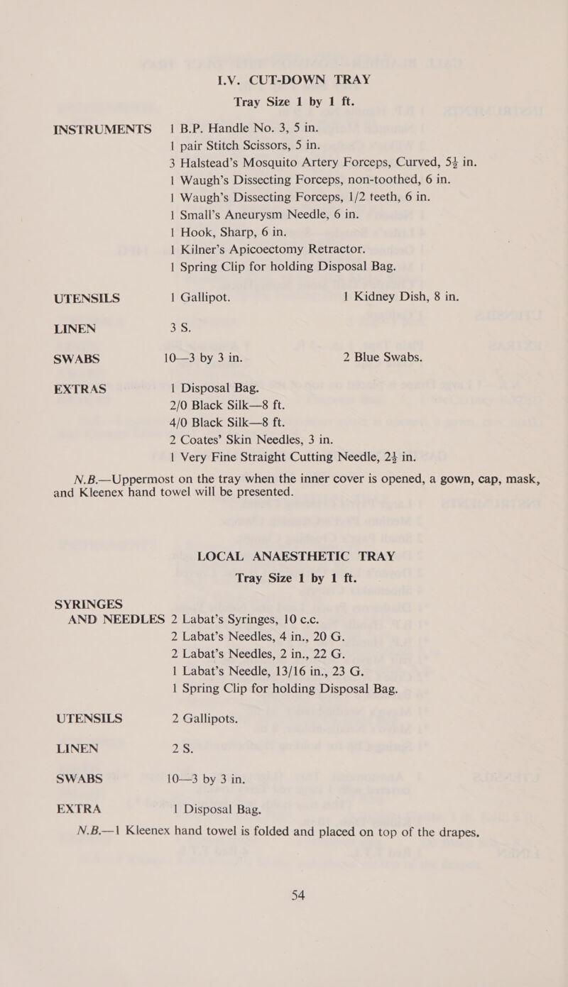 I.V. CUT-DOWN TRAY Tray Size 1 by 1 ft. INSTRUMENTS 1 B.P. Handle No. 3, 5 in. | pair Stitch Scissors, 5 in. 3 Halstead’s Mosquito Artery Forceps, Curved, 53 in. | Waugh’s Dissecting Forceps, non-toothed, 6 in. | Waugh’s Dissecting Forceps, 1/2 teeth, 6 in. 1 Small’s Aneurysm Needle, 6 in. | Hook, Sharp, 6 in. | Kilner’s Apicoectomy Retractor. | Spring Clip for holding Disposal Bag. UTENSILS 1 Gallipot. 1 Kidney Dish, 8 in. LINEN 3S. SWABS 10—3 by 3 in. 2 Blue Swabs. EXTRAS | Disposal Bag. 2/0 Black Silk—8 ft. 4/0 Black Silk—8 ft. 2 Coates’ Skin Needles, 3 in. | Very Fine Straight Cutting Needle, 24 in. N.B.—Uppermost on the tray when the inner cover is opened, a gown, cap, mask, and Kleenex hand towel will be presented. LOCAL ANAESTHETIC TRAY Tray Size 1 by 1 ft. SYRINGES AND NEEDLES 2 Labat’s Syringes, 10 c.c. 2 Labat’s Needles, 4 in., 20 G. 2 Labat’s Needles, 2 in., 22 G. | Labat’s Needle, 13/16 in., 23 G. 1 Spring Clip for holding Disposal Bag. UTENSILS 2 Gallipots. LINEN 2S: SWABS 10—3 by 3 in. EXTRA | Disposal Bag. N.B.—1 Kleenex hand towel is folded and placed on top of the drapes.