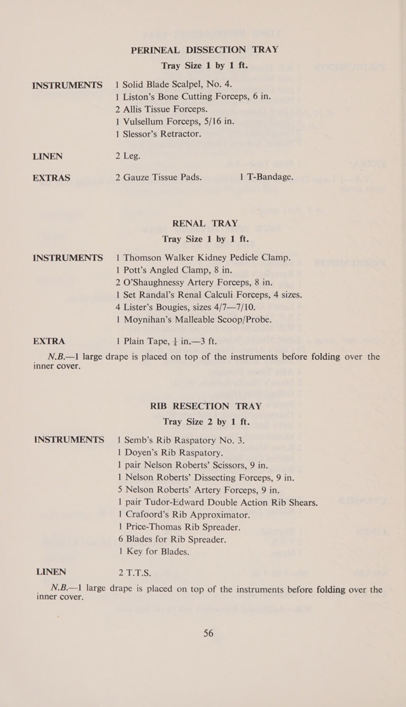 LINEN EXTRAS INSTRUMENTS EXTRA PERINEAL DISSECTION TRAY Tray Size 1 by 1 ft. 1 Liston’s Bone Cutting Forceps, 6 in. 2 Allis Tissue Forceps. 1 Vulsellum Forceps, 5/16 in. 1 Slessor’s Retractor. Wauegs 2 Gauze Tissue Pads. 1 T-Bandage. RENAL TRAY Tray Size 1 by 1 ft. 1 Thomson Walker Kidney Pedicle Clamp. 1 Pott’s Angled Clamp, 8 in. 2 O’Shaughnessy Artery Forceps, 8 in. 1 Set Randal’s Renal Calculi Forceps, 4 sizes. 4 Lister’s Bougies, sizes 4/7—7/10. 1 Moynihan’s Malleable Scoop/Probe. | Plain Tape, + in.—3 ft. inner cover. INSTRUMENTS LINEN RIB RESECTION TRAY Tray Size 2 by 1 ft. 1 Semb’s Rib Raspatory No. 3. 1 Doyen’s Rib Raspatory. 1 pair Nelson Roberts’ Scissors, 9 in. 1 Nelson Roberts’ Dissecting Forceps, 9 in. 5 Nelson Roberts’ Artery Forceps, 9 in. 1 pair Tudor-Edward Double Action Rib Shears. 1 Crafoord’s Rib Approximator. | Price-Thomas Rib Spreader. 6 Blades for Rib Spreader. | Key for Blades. PAN A RES inner cover.