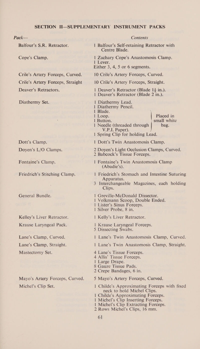 Balfour’s S.R. Retractor. Cope’s Clamp. Crile’s Artery Forceps, Curved. Crile’s Artery Forceps, Straight Deaver’s Retractors. Diathermy Set.. Dott’s Clamp. Doyen’s L/O Clamps. Fontaine’s Clamp. Friedrich’s Stitching Clamp. General Bundle. Kelley’s Liver Retractor. Krause Laryngeal Pack. Lane’s Clamp, Curved. Lane’s Clamp, Straight. Mastectomy Set. Michel’s Clip Set. 1 Balfour’s Self-retaining Retractor with Centre Blade. | Zachary Cope’s Anastomosis Clamp. 1 Lever. Either 3, 4, 5 or 6 segments. 10 Crile’s Artery Forceps, Curved. 10 Crile’s Artery Forceps, Straight. 1 Deaver’s Retractor (Blade 14 in.). 1 Deaver’s Retractor (Blade 2 in.). 1 Diathermy Lead. 1 Diathermy Pencil. 1 Blade. ) 1 Loop. Placed in 1 Button. small white 1 Needle (threaded through bag. V.P.I. Paper). 1 Spring Clip for holding Lead. 1 Dott’s Twin Anastomosis Clamp. 2 Doyen’s Light Occlusion Clamps, Curved. 2 Babcock’s Tissue Forceps. 1 Fontaine’s Twin Anastomosis Clamp (Abadie’s). 1 Friedrich’s Stomach and Intestine Suturing Apparatus. 3 Interchangeable Magazines, each holding Clips. 1 Greville-McDonald Dissector. 1 Volkmann Scoop, Double Ended. 1 Lister’s Sinus Forceps. 1 Silver Probe, 8 in. 1 Kelly’s Liver Retractor. 1 Krause Laryngeal Forceps. 5 Dissecting Swabs. 1 Lane’s Twin Anastomosis Clamp, Curved. 1 Lane’s Twin Anastomosis Clamp, Straight. 4 Lane’s Tissue Forceps. 4 Allis’ Tissue Forceps. | Large Drape. 8 Gauze Tissue Pads. 2 Crepe Bandages, 6 in. 5 Mayo’s Artery Forceps, Curved. 1 Childe’s Approximating Forceps with fixed neck to hold Michel Clips. 1 Childe’s Approximating Forceps. 1 Michel’s Clip Inserting Forceps. 1 Michel’s Clip Extracting Forceps. 2 Rows Michel’s Clips, 16 mm.