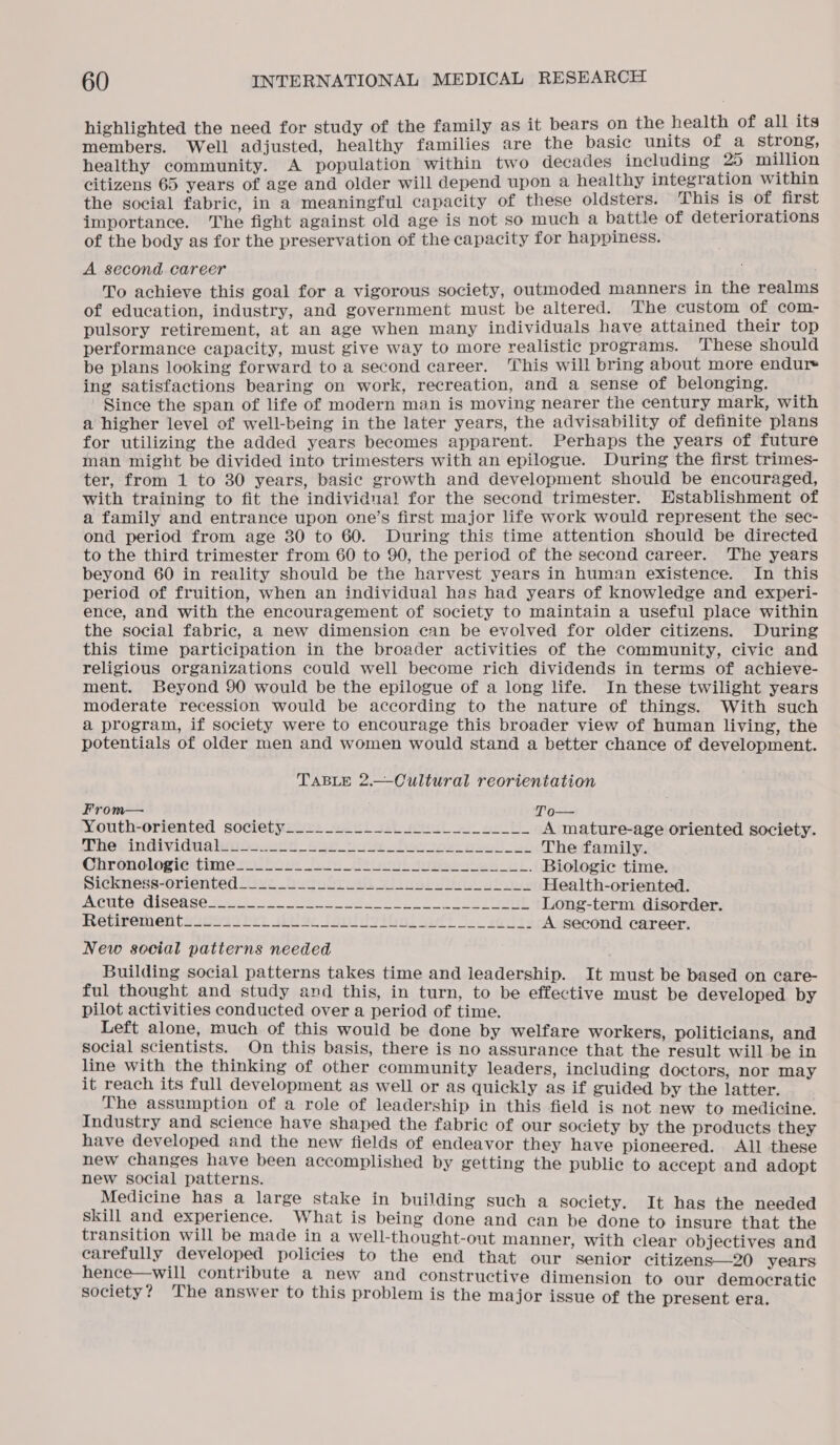 highlighted the need for study of the family as it bears on the health of all its members. Well adjusted, healthy families are the basic units of a strong, healthy community. A population within two decades including 205 million citizens 65 years of age and older will depend upon a healthy integration within the social fabric, in a meaningful capacity of these oldsters. This is of first importance. The fight against old age is not so much a battle of deteriorations of the body as for the preservation of the capacity for happiness. A second career To achieve this goal for a vigorous society, outmoded manners in the realms of education, industry, and government must be altered. The custom of com- pulsory retirement, at an age when many individuals have attained their top performance capacity, must give way to more realistic programs. These should be plans looking forward to a second career. This will bring about more endur ing satisfactions bearing on work, recreation, and a sense of belonging. Since the span of life of modern man is moving nearer the century mark, with a higher level of well-being in the later years, the advisability of definite plans for utilizing the added years becomes apparent. Perhaps the years of future man might be divided into trimesters with an epilogue. During the first trimes- ter, from 1 to 30 years, basic growth and development should be encouraged, with training to fit the individual for the second trimester. Establishment of a family and entrance upon one’s first major life work would represent the sec- ond period from age 30 to 60. During this time attention should be directed to the third trimester from 60 to 90, the period of the second career. The years beyond 60 in reality should be the harvest years in human existence. In this period of fruition, when an individual has had years of knowledge and experi- ence, and with the encouragement of society to maintain a useful place within the social fabric, a new dimension can be evolved for older citizens. During this time participation in the broader activities of the community, civic and religious organizations could well become rich dividends in terms of achieve- ment. Beyond 90 would be the epilogue of a long life. In these twilight years moderate recession would be according to the nature of things. With such a program, if society were to encourage this broader view of human living, the potentials of older men and women would stand a better chance of development. TABLE 2.—Cultural reorientation From— To— Youth-oriented societyVio2s 2 se A mature-age oriented society. hes inaividwe biads.20d_ sae oat hes pe: ieadcas The family. Clironologieitimesec boo fs debe) aie ee il. Biologie time. Sickvess-oniented Unc uduln we gy ligebs bie ine Health-oriented. INCRLASCIBORSG Reticle es es Se eae Long-term disorder. Roevivenmerntsugeis bet lw Jauhiiv thal seit 3 se iite A second career. New social patterns needed Building social patterns takes time and leadership. It must be based on care- ful thought and study and this, in turn, to be effective must be developed by pilot activities conducted over a period of time. Left alone, much of this would be done by welfare workers, politicians, and social scientists. On this basis, there is no assurance that the result will be in line with the thinking of other community leaders, including doctors, nor may it reach its full development as well or as quickly as if guided by the latter. The assumption of a role of leadership in this field is not new to medicine. Industry and science have shaped the fabric of our society by the products they have developed and the new fields of endeavor they have pioneered. All these new changes have been accomplished by getting the public to accept and adopt new social patterns. Medicine has a large stake in building such a society. It has the needed skill and experience. What is being done and can be done to insure that the transition will be made in a well-thought-out manner, with clear objectives and carefully developed policies to the end that our senior citizens—20 years hence—will contribute a new and constructive dimension to our democratic society? The answer to this problem is the major issue of the present era.