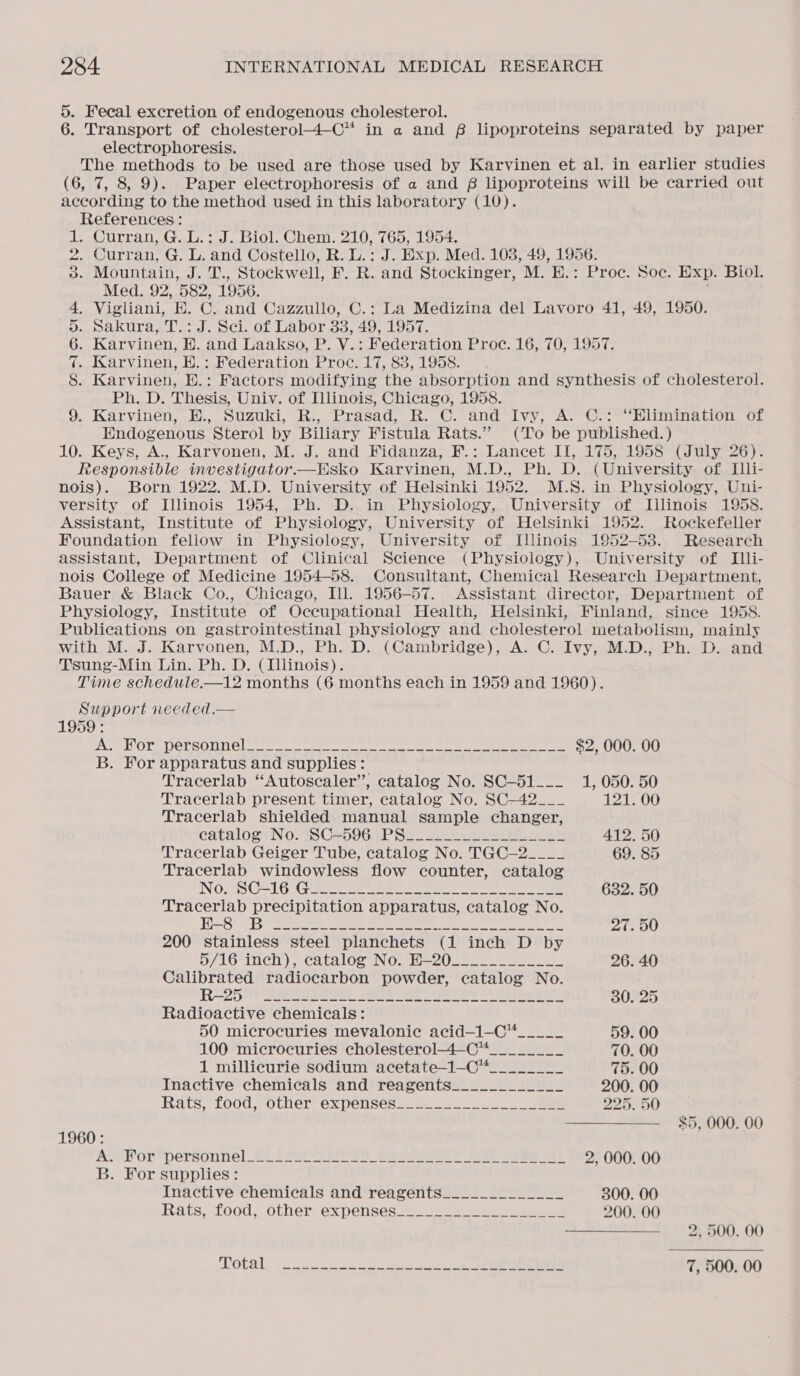 5. Fecal excretion of endogenous cholesterol. 6. Transport of cholesterol4—C™ in a and BP lipoproteins separated by paper electrophoresis. The methods to be used are those used by Karvinen et al. in earlier studies (6, 7, 8, 9). Paper electrophoresis of a and £8 lipoproteins will be carried out according to the method used in this laboratory (10). References: 1 OCurran Gals 2 J.o101. Chem. 210, (60, 1904. 2. Curran, G. L. and Costello, R. L.: J. Exp. Med. 103, 49, 1956. 3. Mountain, J. T., Stockwell, F. R. and Stockinger, M. E.: Proc. Soc. Exp. Biol. Med. 92, 582, 1956. 4, Vigliani, H. C. and Cazzullo, C.: La Medizina del Lavoro 41, 49, 1950. 5. Sakura, T.: J. Sci. of Labor 33, 49, 1957. 6. Karvinen, H. and Laakso, P. V.: Federation Proc. 16, 70, 1957. 7. Karvinen, E.: Federation Proc. 17, 83, 1958. 8. Karvinen, E.: Factors modifying the absorption and synthesis of cholesterol. Ph. D. Thesis, Univ. of Illinois, Chicago, 1958. 9. Karvinen, E., Suzuki, R., Prasad, R. C. and Ivy, A. C.: “Elimination of Endogenous Sterol by Biliary Fistula Rats.” (To be published. ) 10. Keys, A., Karvonen, M. J. and Fidanza, F.: Lancet II, 175, 1958 (July 26). Responsible investigator.—Esko Karvinen, M.D., Ph. D. (University of Illi- nois). Born 1922. M.D. University of Helsinki 1952. M.S. in Physiology, Uni- versity of Illinois 1954, Ph. D. in Physiology, University of Lllinois 1958. Assistant, Institute of Physiology, University of Helsinki 1952. Rockefeller Foundation fellow in Physiology, University of Illinois 1952-53. Research assistant, Department of Clinical Science (Physiology), University of Illi- nois College of Medicine 1954-58. Consultant, Chemical Research Department, Bauer &amp; Black Co., Chicago, Ill. 1956-57. Assistant director, Department of Physiology, Institute of Occupational Health, Helsinki, Finland, since 1958. Publications on gastrointestinal physiology and cholesterol metabolism, mainly with M. J. Karvonen, M.D., Ph. D. (Cambridge), A. C. Ivy, M.D., Ph. D. and Tsung-Min Lin. Ph. D. (Illinois). Time schedule.—12 months (6 months each in 1959 and 1960). Support needed.— 59: Eee OTs BOLGOILINC Lee cree ee ee ee ee See eS $2, 000. 00 B. For apparatus and supplies: Tracerlab “Autoscaler’’, catalog No. SC-51___ 1, 050. 50 Tracerlab present timer, catalog No. SC-42___ 121. 00 Tracerlab shielded manual sample changer, catalogs) No-ISCHH9UGSPSa. a ae eS ee 412. 50 Tracerlab Geiger Tube, catalog No. TGC-2____ 69. 85 Tracerlab windowless flow counter, catalog NOS SC=16 Gaerne ee oe 632. 50 Tracerlab precipitation apparatus, catalog No. iO} LD rete re cere Oe eee ee eee eee 21. 50 200 stainless steel planchets (1 inch D by 371 OTN CN )e CatalOo IN One tc ene ee 26. 40 Calibrated radiocarbon powder, catalog No. R25? ED Pee SEO? OE SE see AEN ney: 30. 25 Radioactive chemicals: 50 microcuries mevalonic acid—1—C%*_____ 59. 00 100 microcuries cholesterol-4—C*________ 70. 00 1 millicurie sodium acetate-1-—C________ 75. 00 Inactive chemicals and reagents____________ 200. 00 Rats, food, Yother: expensésil 2 eee 225. 50 ————— $5, 000. 00 1960: A For personnel Os seer yO aay ee Bee 2, 000. 00 B. For supplies: Inactive chemicals and reagents_____________ 3800. 00 Rats, food, other expenses_* so 200. 00 ————— 2,500.00 OUR, od en teen ee ee 7, 500. 00