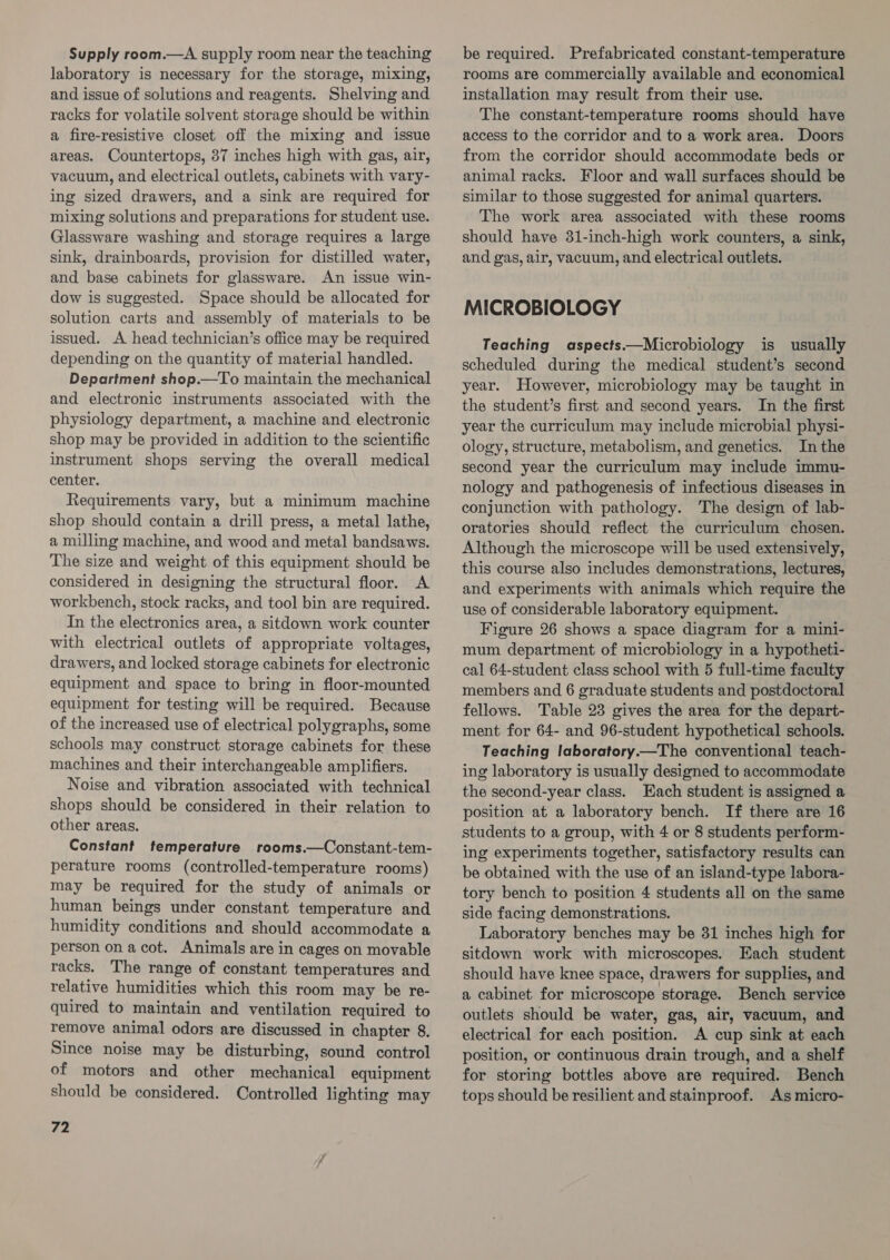 Supply room.—A supply room near the teaching laboratory is necessary for the storage, mixing, and issue of solutions and reagents. Shelving and racks for volatile solvent storage should be within a fire-resistive closet off the mixing and issue areas. Countertops, 87 inches high with gas, air, vacuum, and electrical outlets, cabinets with vary- ing sized drawers, and a sink are required for mixing solutions and preparations for student use. Glassware washing and storage requires a large sink, drainboards, provision for distilled water, and base cabinets for glassware. An issue win- dow is suggested. Space should be allocated for solution carts and assembly of materials to be issued. A head technician’s office may be required depending on the quantity of material handled. Department shop.—To maintain the mechanical and electronic instruments associated with the physiology department, a machine and electronic shop may be provided in addition to the scientific instrument shops serving the overall medical center. Requirements vary, but a minimum machine shop should contain a drill press, a metal lathe, a milling machine, and wood and metal bandsaws. The size and weight of this equipment should be considered in designing the structural floor. A workbench, stock racks, and tool bin are required. In the electronics area, a sitdown work counter with electrical outlets of appropriate voltages, drawers, and locked storage cabinets for electronic equipment and space to bring in floor-mounted equipment for testing will be required. Because of the increased use of electrical polygraphs, some schools may construct storage cabinets for these machines and their interchangeable amplifiers. Noise and vibration associated with technical shops should be considered in their relation to other areas. Constant femperature rooms.—Constant-tem- perature rooms (controlled-temperature rooms) may be required for the study of animals or human beings under constant temperature and humidity conditions and should accommodate a person on a cot. Animals are in cages on movable racks. The range of constant temperatures and relative humidities which this room may be re- quired to maintain and ventilation required to remove animal odors are discussed in chapter 8. Since noise may be disturbing, sound control of motors and other mechanical equipment should be considered. Controlled lighting may 72 be required. Prefabricated constant-temperature rooms are commercially available and economical installation may result from their use. - The constant-temperature rooms should have access to the corridor and to a work area. Doors from the corridor should accommodate beds or animal racks. Floor and wall surfaces should be similar to those suggested for animal quarters. The work area associated with these rooms should have 31-inch-high work counters, a sink, and gas, air, vacuum, and electrical outlets. MICROBIOLOGY Teaching aspects——Microbiology is usually scheduled during the medical student’s second year. However, microbiology may be taught in the student’s first and second years. In the first year the curriculum may include microbial physi- ology, structure, metabolism, and genetics. In the second year the curriculum may include immu- nology and pathogenesis of infectious diseases in conjunction with pathology. The design of lab- oratories should reflect the curriculum chosen. Although the microscope will be used extensively, this course also includes demonstrations, lectures, and experiments with animals which require the use of considerable laboratory equipment. Figure 26 shows a space diagram for a mini- mum department of microbiology in a hypotheti- cal 64-student class school with 5 full-time faculty members and 6 graduate students and postdoctoral fellows. Table 23 gives the area for the depart- ment for 64- and 96-student hypothetical schools. Teaching laboratory.—The conventional teach- ing laboratory is usually designed to accommodate the second-year class. Each student is assigned a position at a laboratory bench. If there are 16 students to a group, with 4 or 8 students perform- ing experiments together, satisfactory results can be obtained with the use of an island-type labora- tory bench to position 4 students all on the same side facing demonstrations. Laboratory benches may be 31 inches high for sitdown work with microscopes. Each student should have knee space, drawers for supplies, and a cabinet for microscope storage. Bench service outlets should be water, gas, air, vacuum, and electrical for each position. A cup sink at each position, or continuous drain trough, and a shelf for storing bottles above are required. Bench tops should be resilient and stainproof. As micro-