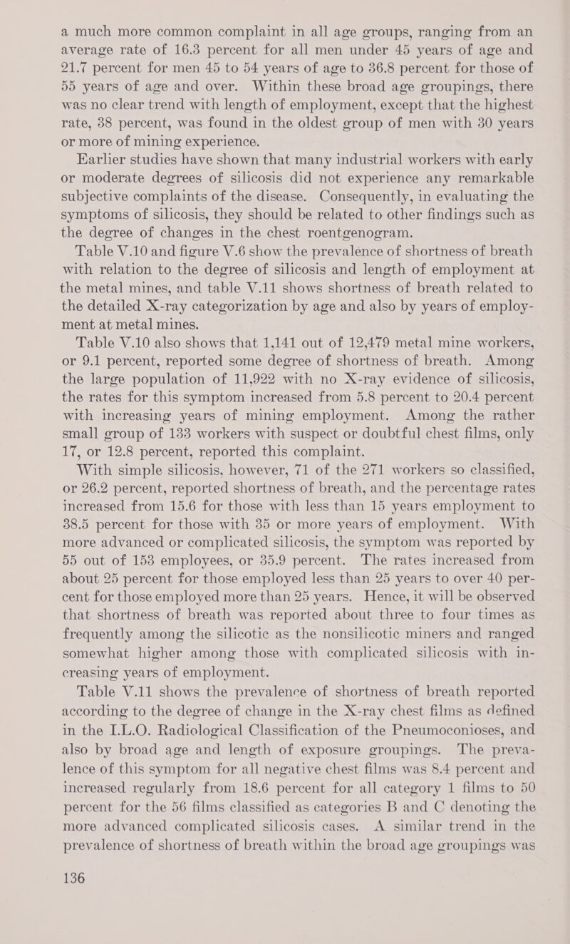 a much more common complaint in all age groups, ranging from an average rate of 16.3 percent for all men under 45 years of age and 21.7 percent for men 45 to 54 years of age to 36.8 percent for those of 55 years of age and over. Within these broad age groupings, there was no clear trend with length of employment, except that the highest rate, 388 percent, was found in the oldest group of men with 30 years or more of mining experience. Earlier studies have shown that many industrial workers with early or moderate degrees of silicosis did not experience any remarkable subjective complaints of the disease. Consequently, in evaluating the symptoms of silicosis, they should be related to other findings such as the degree of changes in the chest roentgenogram. Table V.10 and figure V.6 show the prevalence of shortness of breath with relation to the degree of silicosis and length of employment at the metal mines, and table V.11 shows shortness of breath related to the detailed X-ray categorization by age and also by years of employ- ment at metal mines. Table V.10 also shows that 1,141 out of 12,479 metal mine workers, or 9.1 percent, reported some degree of shortness of breath. Among the large population of 11,922 with no X-ray evidence of silicosis, the rates for this symptom increased from 5.8 percent to 20.4 percent with increasing years of mining employment. Among the rather small group of 133 workers with suspect or doubtful chest films, only 17, or 12.8 percent, reported this complaint. With simple silicosis, however, 71 of the 271 workers so classified, or 26.2 percent, reported shortness of breath, and the percentage rates increased from 15.6 for those with less than 15 years employment to 38.5 percent for those with 35 or more years of employment. With more advanced or complicated silicosis, the symptom was reported by 55 out of 153 employees, or 35.9 percent. The rates increased from about 25 percent for those employed less than 25 years to over 40 per- cent for those employed more than 25 years. Hence, it will be observed that shortness of breath was reported about three to four times as frequently among the silicotic as the nonsilicotic miners and ranged somewhat higher among those with complicated silicosis with in- creasing years of employment. Table V.11 shows the prevalence of shortness of breath reported according to the degree of change in the X-ray chest films as defined in the I.L.0. Radiological Classification of the Pneumoconioses, and also by broad age and length of exposure groupings. The preva- lence of this symptom for all negative chest films was 8.4 percent and increased regularly from 18.6 percent for all category 1 films to 50 percent for the 56 films classified as categories B and C denoting the more advanced complicated silicosis cases. A similar trend in the prevalence of shortness of breath within the broad age groupings was