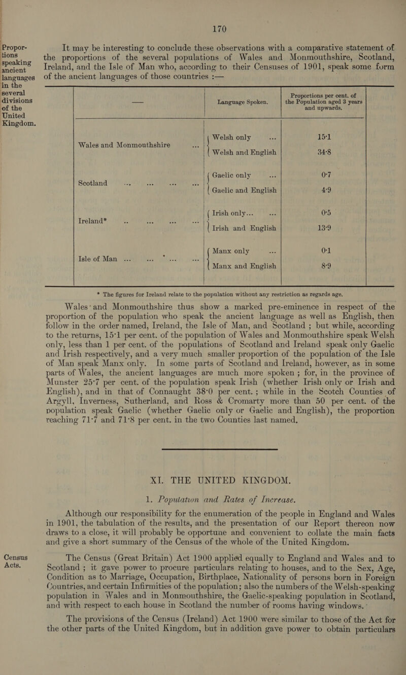 ‘Propor- tions speaking ancient languages in the several divisions of the United  Census Acts. 170 It may be interesting to conclude these observations with a comparative statement of the proportions of the several populations of Wales and Monmouthshire, Scotland, Ireland, and the Isle of Man who, according to their Censuses of 1901, speak some form of the ancient languages of those countries :— Proportions per cent. of Language Spoken. the Population aged 3 years and upwards. 151 34:8 Welsh only Wales and Monmouthshire Welsh and English 0:7 4°9 Scotland Gaelic and English 05 13°9 | ( Irish only... Treland* + ee ais etre | Irish and English | | O-1 89 Manx only Isle of Man Manx and English   * The figures for Ireland relate to the population without any restriction as regards age. Wales:and Monmouthshire thus show a marked pre-eminence in respect of the proportion of the population who speak the ancient language as well as English, then follow in the order named, Ireland, the Isle of Man, and Scotland ; but while, according to the returns, 15-1 per cent. of the population of Wales and Monmouthshire speak Welsh only, less than 1 per cent. of the populations of Scotland and Ireland speak only Gaelic and Irish respectively, and a very much smaller proportion of the population of the Isle of Man speak Manx only. In some parts of Scotland and Ireland, however, as in some parts of Wales, the ancient languages are much more spoken ; for, in the province of Munster 25°7 per cent. of the population speak Irish (whether Irish only or Irish and English), and in that of Connaught 38:0 per cent.; while in the Scotch Counties of Argyll, Inverness, Sutherland, and Ross &amp; Cromarty more than 50 per cent. of the population speak Gaelic (whether Gaelic only or Gaelic and English), the proportion reaching 71:7 and 71°8 per cent. in the two Counties last named, XI. THE UNITED KINGDOM. 1. Population and Rates of Increase. Although our responsibility for the enumeration of the people in England and Wales in 1901, the tabulation of the results, and the presentation of our Report thereon now draws to a close, it will probably be opportune and convenient to collate the main facts and give a short summary of the Census of the whole of the United Kingdom. The Census (Great Britain) Act 1900 applied equally to England and Wales and to Scotland ; it gave power to procure particulars relating to houses, and to the Sex, Age, Condition as to Marriage, Occupation, Birthplace, Nationality of persons born in Foreign Countries, and certain Infirmities of the population; also the numbers of the Welsh-speaking population in Wales and in Monmouthshire, the Gaelic-speaking population in Scotland, and with respect to each house in Scotland the number of rooms having windows. ° The provisions of the Census (Ireland) Act 1900 were similar to those of the Act for the other parts of the United Kingdom, but in addition gave power to obtain particulars