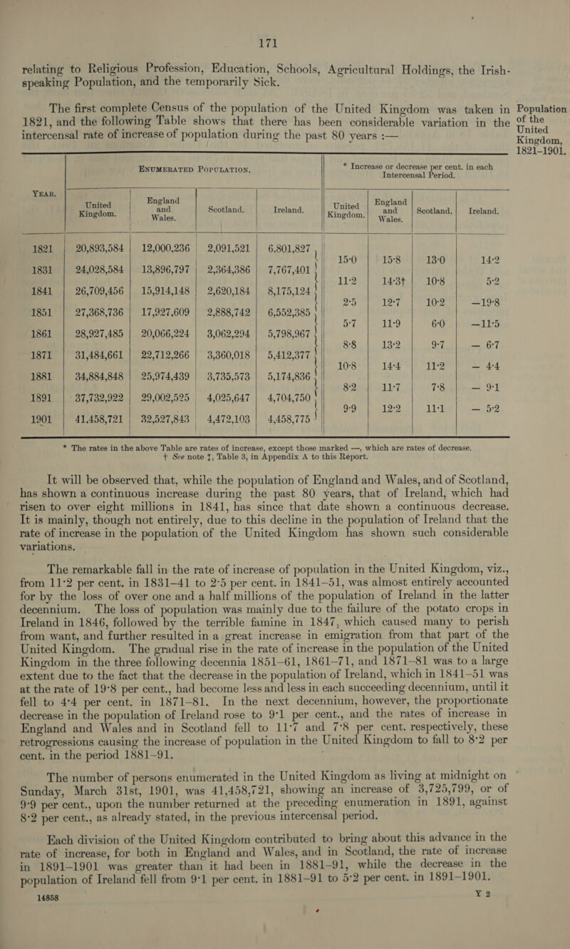 : a | relating to Religious Profession, Education, Schools, Agricultural Holdings, the Irish- speaking Population, and the temporarily Sick. The first complete Census of the population of the United Kingdom was taken in Population 1821, and the following Table shows that there has been considerable variation in the _ the intercensal rate of increase of population during the past 80 years :— Kingiden 1821-1901.  * Increase or decrease per cent. in each ENUMERATED POPULATION. sf Intercensal Period.      YEAR, ; ; England : England Pivaon! Fc Scotland. Treland. Kingdon, and Scotland. Ireland. “ ales. 1821 | 20,893,584 | 12,000,236 2,091,521 | 6,801,827 L450 | $158 | 13:0 14-2 1831 | 24,028,584 | 13,896,797 | 2,364,386 | 7,767,401 } 112 | 143+ | 108 5-2 1841 | 26,709,456 | 15,914,148 | 2,620,184 | 8,175,124 De i (a oy ae CS 1851 | 27,368,736 | 17,927,609 | 2,888,742 | 6,552,385 57 | 119 Geiss hemtit Te 1861 | 28,927,485 | 20,066,224 | 3,062,294 | 5,798,967 88 | 132 Ot mec r7 1871 | 31,484,661 | 22,712,266 | 3,360,018 | 5,412,377 | 10-8°*} ‘tear cl Vyas 4 1881 | 34,884,848 | 25,974,439 | 3,735,573 | 5,174,836 | Li ga | 417 78 |. — 91 1891 | 37,732,922 | 29,002,525 4,025,647 | 4,704,750 99 | 122 | WWI | — 52 1901 | 41,458,721 | 32,527,843 4,472,103 | 4,458,775        * The rates in the above Table are rates of increase, except those marked —, which are rates of decrease. + See note t, Table 3, in Appendix A to this Report. It will be observed that, while the population of England and Wales, and of Scotland, has shown a continuous increase during the past 80 years, that of Ireland, which had risen to over eight millions in 1841, has since that date shown a continuous decrease. It is mainly, though not entirely, due to this decline in the population of Ireland that the rate of increase in the population of the United Kingdom has shown such considerable variations. The remarkable fall in the rate of increase of population in the United Kingdom, viz., from 11°2 per cent. in 1831-41 to 2-5 per cent. in 1841-51, was almost entirely accounted for by the loss of over one and a half millions of the population of Ireland in the latter decennium. The loss of population was mainly due to the failure of the potato crops in Ireland in 1846, followed by the terrible famine in 1847, which caused many to perish from want, and further resulted in a great increase in emigration from that part of the United Kingdom. The gradual rise in the rate of increase in the population of the United Kingdom in the three following decennia 1851-61, 1861-71, and 1871-81 was to a large extent due to the fact that the decrease in the population of Ireland, which in 1841—51 was at the rate of 19°8 per cent., had become less and less in each succeeding decennium, until it fell to 4°4 per cent. in 1871-81. In the next decennium, however, the proportionate decrease in the population of Ireland rose to 9°1 per cent., and the rates of increase in England and Wales and in Scotland fell to 11:7 and_7°8 per cent. respectively, these retrogressions causing the increase of population in the United Kingdom to fall to 8:2 per cent. in the period 1881-91. The number of persons enumerated in the United Kingdom as living at midnight on Sunday, March 31st, 1901, was 41,458,721, showing an increase of 3,725,799, or of 9-9 per cent., upon the number returned at the preceding enumeration in 1891, against 8-2 per cent., as already stated, in the previous intercensal period. Each division of the United Kingdom contributed to bring about this advance in the rate of increase, for both in England and Wales, and in Scotland, the rate of increase in 1891-1901 was greater than it had been in 1881-91, while the decrease in the population of Ireland fell from 9-1 per cent. in 1881-91 to 5:2 per cent. in 1891-1901. 14858 Y2