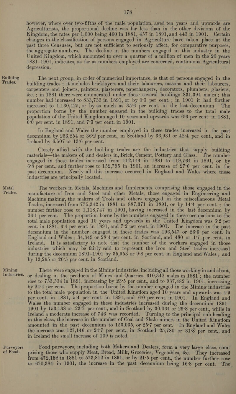 Building Trades. Metal Trades. Mining Industries. Purveyors of Food. 178 however, where over two-fifths of the male population, aged ten years and upwards are Agriculturists, the proportional decline was far less than in the other divisions of the Kingdom, the rates per 1,000 being 460 in 1881, 457 in 1891, and 443 in 1901. Certain changes in the classification of persons engaged in Agriculture have taken place at the past three Censuses, but are not sufficient to seriously affect, for comparative purposes, the aggregate numbers. The decline in the numbers engaged in this industry in the United Kingdom, which amounted to over a quarter of a million of men in the 20 years 1881-1901, indicates, as far as numbers employed are concerned, continuous Agricultural depression. The next group, in order of numerical importance, is that of persons engaged in the building trades ; it includes bricklayers and their labourers, masons and their labourers, carpenters and joiners, painters, plasterers, paperhangers, decorators, plumbers, glaziers, &amp;c. ; in 1881 there were enumerated under these several headings 831,394 males ; this number had increased to 833,733 in 1891, or by 0°3 per cent.; in 1901 it had further increased to 1,130,425, or by as much as 35°6 per cent. in the last decennium. The proportion borne by the number engaged in the building trades to the total male population of the United Kingdom aged 10 years and upwards was 6°6 per cent. in 1881, 6:0 per cent. in 1891, and 7°3 per cent. in 1901. In England and Wales the number employed in these trades increased in the past decennium by 253,254 or 36°2 per cent., in Scotland by 36,931 or 42°4 per cent., and in Ireland by 6,507 or 13°6 per cent. Closely allied with the building trades are the industries that supply building materials—the makers of, and dealers in, Brick, Cement, Pottery and Glass. The number engaged in these trades increased from 112,144 in 1881 to 119,764 in 1891, or by 6°8 per cent., and further rose to 152,795 in 1901, an inerease of 27:6 per cent. in the past decennium. Nearly all this increase occurred in England and Wales where these industries are principally located, The workers in Metals, Machines and Implements, comprising those engaged in the manufacture of Iron and Steel and other Metals, those engaged in Engineering and Machine making, the makers of Tools and others engaged in the miscellaneous Metal Trades, increased from 775,342 in 1881 to 887,371 in 1891, or by 14°4 per cent. ; the number further rose to 1,118,747 in 1901, having increased in the last decennium by 26°1 per cent. The proportion borne by the numbers engaged in these occupations to the total male population aged 10 years and upwards in the United Kingdom was 6°2 per cent. in 1881, 6°4 per cent. in 1891, and 7°2 per cent. in 1901. The increase in the past decennium in the number engaged in these trades was 196,547 or 26°6 per cent. in England and Wales ; 34,349 or 28-4 per cent. in Scotland, and 480 or 1:7 per cent. in Ireland. It is satisfactory to note that the number of the workers engaged in those industries which may be fairly said to represent the Iron and Steel trades increased during the decennium 1891-1901 by 35,9538 or 9°8 per cent. in England and Wales ; and by 13,265 or 20°5 per cent. in Scotland. There were engaged in the Mining Industries, including all those working in and about, or dealing in the products of Mines and Quarries, 610,342 males in 1881 ; the number rose to 753,534 in 1891, increasing by 23°5 per cent., and to 937,482 in 1901, increasing by 24°4 per cent. The proportion borne by the number engaged in the Mining industries to the total male population in the United Kingdom aged 10 years and upwards was 4°9 per cent. in 1881, 5:4 per cent. in 1891, and 6°0 per cent. in 1901. In England and Wales the number engaged in these industries increased during the decennium 1891-— 1901 by 153,138 or 23°7 per cent., and in Scotland by 30,064 or 29°8 per cent., while in Ireland a moderate increase of 746 was recorded. Turning to the principal sub-heading in this class, the increase in the number of Coal and Shale miners in the United Kinedom amounted in the past decennium to 153,035, or 25:7 per cent. In England and Wales the increase was 127,146 or 24°7 per cent., in Scotland 25,780 or 31°8 per cent., and in Ireland the small increase of 109 is noted. Food purveyors, including both Makers and Dealers, form a very large class, com- prising those who supply Meat, Bread, Milk, Groceries, Vegetables, &amp;c. They increased from 472,182 in 1881 to 573,812 in 1891, or by 21°5 per cent., the number further rose to 670,384 in 1901, the increase in the past decennium being 16°8 per cent. The