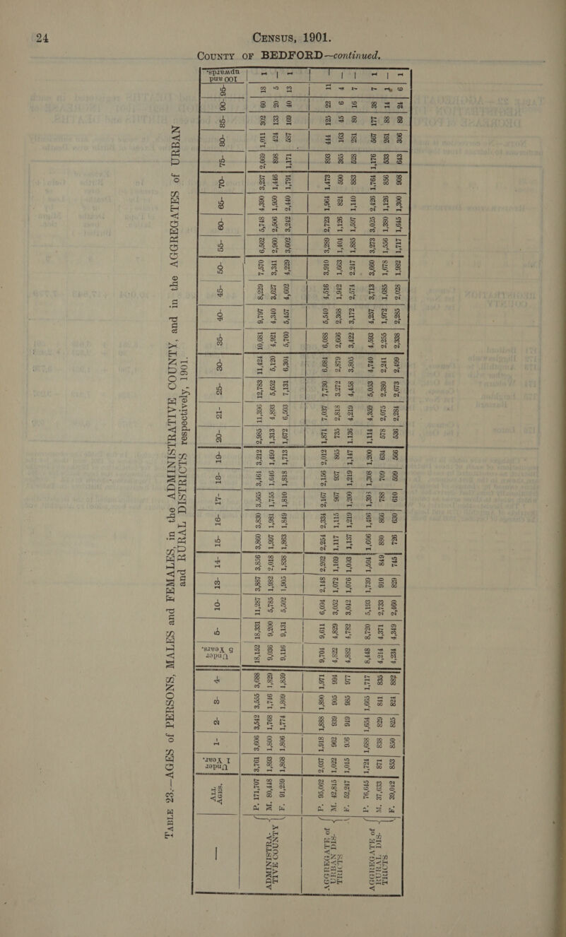 LL 08 ob ra I 691 eé1 COE  193 199 184 £91   County oF BEDFORD —continued,       “ST | I  { $28 j0¢8 jecs | aloes “a /) SLOT 628 | 8&amp;8 | 1148 | SOLE “W SId TVHNU Jo WLVORUDDV FS9'T | S8O°T | FLT] SF9'9L “A : SLORLL ees (zoe | ezott} creer ww | -sta Nvaiet BS ac J 30 Suv baLBDY 888'T | 816'T | 2803] 290°C6 “A   | ALNN.OO HALL GFS'E | 909°E | T9L°E | LOL‘TLT *d  19puy   ‘SIVOK G    a 1 ts | IvoK T 