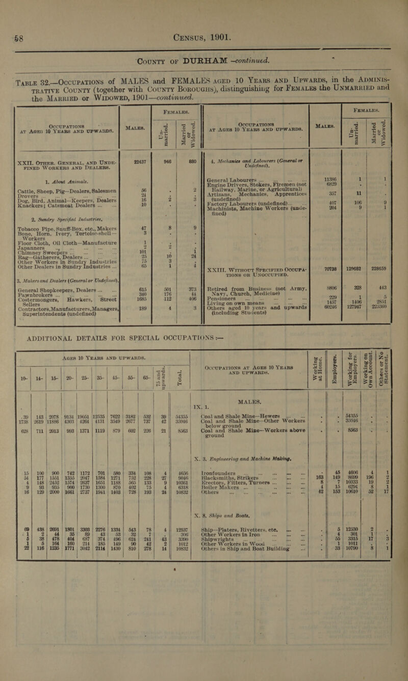       FEMALES. 2133 ae Bee Ps Bom a | ae | 1 1 ll . 106 9 9 1 129682 228659 328 443 1 5 1406. 2851 127947 225360 FEMALES. OccUPATIONS By oo OccuPATIONS : ' ar A@Es 10 YEARS AND UPwanps. | MALES. 22 | 3, || av Aces 10 Years anD UPWARDS. peaaing pe @ Ors a | AE lee 2) Be eh Se ene XXII. OTHER. GENERAL, AND UNDE- 22437 946 880 4, Mechanics and Labourers (General or FINED WORKERS AND DEALERS. Undefined). 1, About Animals. General Labourers ... A 4) af 11386 Engine Drivers, Stokers, Firemen (not 6829 Cattle, Sheep, Pig—Dealers, Salesmen 56 : 2 Railway, Marine, or Agricultural) A Drovers ... Su ne et ad ait 24 : 3 Artizans, Mechanics, Apprentices 357 Dog, Bird, Animal—Keepers, Dealers 16 2 3 _(undefined) Knackers; Catsmeat Dealers ... 10 ‘ ; Factory Labourers (undefined)... Aan 407 Arteries Machine Workers (unde- 204 ne 2, Sundry Specified Industries, Tobacco Pipe, Snuff-Box, etc., Makers 47 8 9 Bone, Horn, Ivory, Tortoise-shell— 3 A ;  Workers Floor Cloth, Oil Cloth—Manufacture 1 \ : Japanners a Me ast ae a 2 2 “ Chimney Sweepers ... = 101 : 1 Rag—Gatherers, Dealers ... 2x : 25 10 24 Other Workers in aca Industries 75 3 : Other Dealers in Sundry Industries ... 65 1 4 XXIII. Wrrnovut SPECIFIED OCcOUPA- 70738 ' TIONS OR UNOCCUPIED. 3. Makers and Dealers (General or Undefined), General Shopkeepers, Dealers ... 615 501 aia Retired from Business (not Army, 8806 Pawnbrokers ... &amp; a sks Ry 340 176 44 Navy, Church, Medicine) Costermongers, Hawkers, Street 1685 112 406 Pensioners = a. det 229 Sellers Living on own mean a Sra or 1457 Contractors,Manufacturers, Managers, 189 4 Others aged 10 years and upwards 60246 Superintendents (undefined) (including Students)  AGES 10 YEARS AND UPWARDS.             wD ses 10-| 14-| 15] 20-| 25-| 35-| 45-| 55-| 65-| = Ee .39 | 143 | 2078 , 9134 |19051 |12535 | 7622 | 3182 | 532] 39 1738 | 2619 11886 4303 | 4264 | 4131 | 3549 | 2677 | 737] 42 628 | 711 | 2013 | 993 | 1371 | 1119| 879 | 602| 226] 21 } 1 15| 100| 900| 742| 1172] 701} 580] 334] 108 4 54.| 177 | 1551 | 1355 | 2047 | 1584} 1271 | 752] 228] 27 4| 148 | 2452 | 1574 | 2637 | 1651 | 1188 | 565! 133 9 9| 93] 935 | 9001 1730 | 1300} 870| 402) 75 4 16 | 129 | 2000 | 1661 | 2737 | 1941 | 1403 | 728| 193] 24 69 | 438 | 2691 | 1801 | 3303 | 2276 | 1334 | 543] 78 4 Zi 2) 44) 35 | 89; 43] 53) 32 7 ? 5| 38] 478) 404| 687| 3741 496| 624] 241] 43 1 5| 164) 160| 214| 185! 149| 90) 42 2 22} 116 | 1235 | 2771 | 3042 | 2114 | 1480 | 810] 278] 14 | ‘   54353 35946 8363 4656 9046 10361 6318 10832    “4 5 e eg 5 4 . — Bei 6 | S85 | as | os OcCUPATIONS AT AGES 10 YEARS aS) b I 5 | §S8| os AND UPWARDS. oo | a |] Salad] 3 Pal | 58 S2| 28 \ | ! MALES. } TRG. Coal and Shale Mine—Hewers ..... toe ‘ « | 54355 ‘ Coal and Shale Mine—Other Worker x s ) 35946 p below ground Coal and Shale Mine—Workers above : - | 8563 iS . ground X. 3. Engineering and Machine Making, Ironfounders _ ... ae = : 45 4606 4 1 Blacksmiths, Strikers ee § 163 || 149 | 8699 196 2 Erectors, Fitters, Turners ... .. 8 7 | 10333 19 2 Boiler Makers a “ &amp; 4 15 | 6294 8 1 Others bts Re B aye &amp; 42 | 153 | 10610 52 17 X. 8. Ships and Boats, Ship—Platers, Rivetters, ete. .. = 5 | 12530 2 - Other Workers in Iron he = : 4 301 1 &lt; Shipwrights we “it a : 55 | 3315 17 MI Other Workers in Wood _... &amp; ‘ 1} 1011 4 : Others in Ship and Boat Building : 33 | 10790 1    —