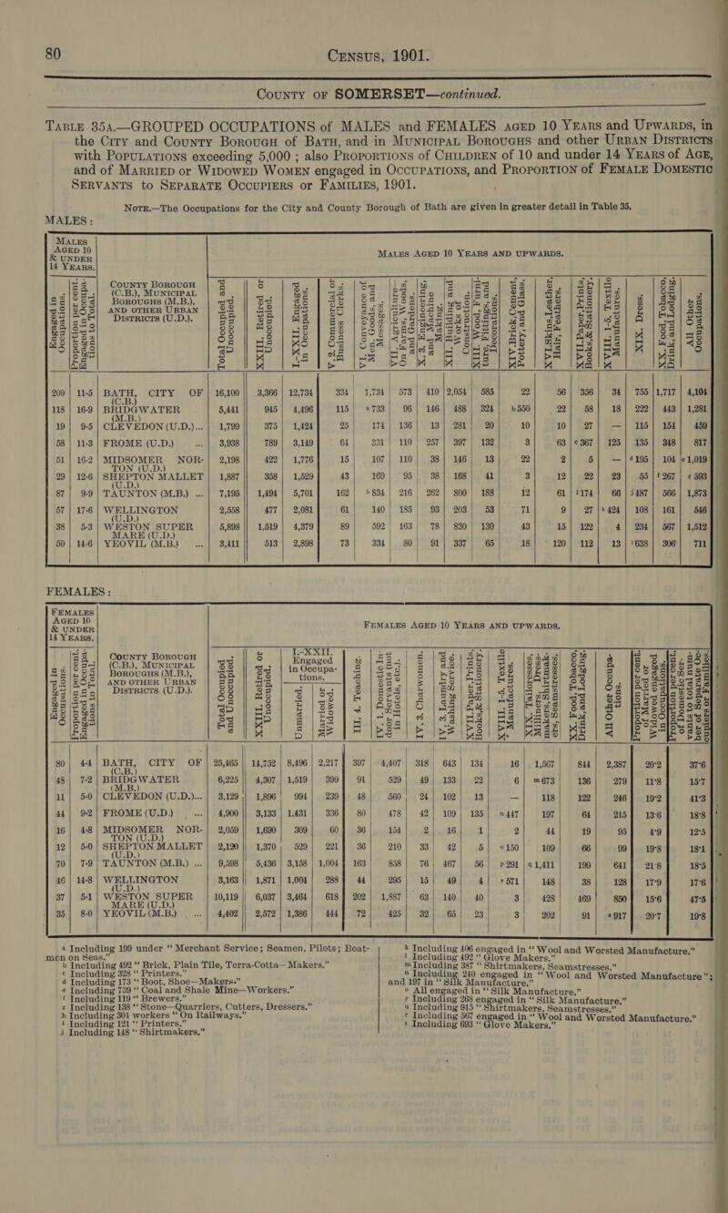        80 Census, 1901. cee rn yn he I LN A A AA Ct AR A Nr County or SOMERSET—continuad. Hp inten on aie ge era ne ene er TABLE 354—GROUPED OCCUPATIONS of MALES and FEMALES acep 10 YEArs and UpwarpDs, in the Crry and County BoroueH of Batu, and in MunicrpaL Boroucus and other UrBANn Districts with PopuLations exceeding 5,000 ; also Proportions of CHILDREN of 10 and under 14 YzEars of AGE, — and of Marriep or WiDowED WomMEN engaged in Occupations, and ProporTION of FEMALE DomEsTI¢c SERVANTS to SEPARATE OccupriEerRS or FAMILIES, 1901. Notr.—The Occupations for the City and County Borough of Bath are given in greater detail in Table 35. MALES: Mates AGED 10 YEARS AND UPWARDS.                                   a n | 3 5 Joga | Suvlduslle je. oattooleteal 8. peels g i geio73 88 8} a8 | 68 | 252 Seclenesssioss| SS | Sm | ee lag): |e8| ls E SM Lae eR BR BS Moet BEE lg 1s le S| | si 11-5| BATH, CITY OF | 16,100 || 3,366 | 12,734 334 1,734 | 573 | 410 |2,054 | 585 22 56 | 356| 34] 755 1,717 | 4,104 118 | 16-9 BIDGWATER 5,441 945 | 4,496 115 a 733 96} 146] 488 | 324 b550 , 22 58 18 | 222] 443 | 1,281 19} 95 CLEVEDON (U_D,).. 1,799 375 | 1,424 25 174 | 136 13 | 281 20 10 10 27 —j| 115] 154 459 58 | 11:3 | FROME (U.D.) bes 3,938 789 | 3,149 64 23.) 110°) 257 | goes eee 3 63 |¢ 367 | 125 | 135) 348 817 51} 16-2} MIDSOMER NOR-| 2,198 422 | 1,776 15 107 | 110 38 | 146 13 * 22 2 5 —|4195 | 104 Je 1,019 29 | 12-6 SHEPTON MALLET 1,887 358 | 1,529 43 169 95: | 38 | 168 41 3 12 22 23 55 | £267 | &amp; 593 87 9-9 TAUNTON (M.B.) ... 7,195 1,494 | 5,701 162 b $34 216 262} 800; 188 12 61 | i174 66 | 5487 | 566 | 1,873 57 | 17-6 ie pir ke | 2,558 477 | 2,081 61 140 | 185 | 93; 203} 53 71 9 27 |« 424 | 108] 161 546 38 | 53 | WESTON SUPER 5,898 1,519 | 4,379 89 592 | 163 | 78) 830) 130 43 15 | 122 4| 234; 567 | 1,512 YEOVIL (MB) se 3,411 513 | 2,898 73 334 80 OL oak 65 18 120 | 112 13 | '638 | 306 711                                            FEMALES : FEMALES female FEMALES AGED 10 YEARS AND UPWARDS. 14 YEARS. #3 County BorovucH ; 8 con. . 128 [| ¢ leg i sel 8 shay g| O80 Soo fs ¢ (8 =a (C.B.), MUNICIPAL AES a : Engaged 2 mes [rote 58 z 3 ha $ é s $ 2.5 8 8p, 8 3 3 BAa/°OS| BF MB 2 Sc in Occupa Shoo = ah ar eai= RO |Bege 250 =) o8 Melo 95 TAR OS OROUGHS (M.B.), i= 2 tions. A} eBS iS) Pela s ag |easo| 23 9 Ho ope 32|/305| AND OTHER URBAN oo 35, 9 | 88°] = | oo | U8 2B ipehs| £e S. jop esses Selaso| Disrricrs (U.D.). 88 os d | bg S$ igs2/ 5 182/58] so |§ aa) BA | Og A2o8 acs se lous og | ms 2 S|&amp; |ofS| § | 28) an] 1S (seN8 sy | gS [Fes ssoe 5 SB z 35 He Bs) Se ise AZe| Oo |agl/aa| .2 Hers sa | ESS 3155s Bs ig28 sy | 65] € es | 2 sem | of | og |g rg Mess a | oO [gee SA2 o De Ba Crea = °OR . aa ° eriery P| = oon § OHS ES eR |S jee] FIRS BIER IES| RO pees] Me |&lt; fe BOESS 80| 4-4 Baty CITY OF | 25,465 || 14,752 | 8,496 | 2,217} 397 : 4,407 | 318 643 | 134 16 | 1,567 844 | 2,387 20°2 37°6 -B.) 48 | 7-2 pre ae 6,225 || 4,307} 1,519; 399] 91 529] 49} 133.) 22 6| ™673 136 279] 11°8 157 (M.B. il| 5-0 | CLEVEDON (U.D.)... | 3,129 )| 1,896) 99£| 239% 48 | 560, 24| 102) 13 _ 118 122 246] 19°2 41°3 44| 92) FROME (U.D.) «- | 4,900 3,133 | 1,431 336 80 478 42] 109} 1385] 447 197 64 215 13°6 18°8 16| 48 mC OALiB TS! NOR-| 2,059 |} 1,690} 309 60] 36 154 2 vehi 1 2 44 19 95 4°9 12°5 12| 50 SHEPTON MALLET | 2,120 || 1,370, 529] 221} 36 210)|) 331} 42 5} °150 109 66 99} 198 181 DV.) 70 | 7-9) TAUNTON (M.B.) ... | 9,598 |} 5,436 | 3,158 | 1,004 § 163 858 | 76| 467) 56) p291 |1,411 199 641] 218 18°5 46 | 14-8 Ly jae 3,163 || 1,871 | 1,004] 288} 44 295; 15) 49 4] 571 148 38 128} 17°9 176 37 | 51 WESTON SUPEH 10,119 || 6,037 | 3,464] 618} 202] 1,887] 63| 140) 40 3 428 469 850} 15°6 47°5 | 35| 80|/ YEOVIL(M.B) _...| 4,402 || 2,672] 1,386] 444] 72| 425] 32] 65) 23 3] 202 91} sgi7} 207 19'8 | a Including 199 under ‘‘ Merchant Service; Seamen, Pilots; Boat- * Including 406 engaged in “‘ Wool and Worsted Manufacture.” men on Seas.” ? we 1 Including 492 ‘“‘ Glove Makers.” b ees prey ite Plain Tile, Terra-Cotta— Makers.” pppoinging - “Shirtmakers, Seamstresses.” ¢ Including ‘* Printers.” n Includin 0 engaged in “Wool we 4 Including 173 ‘“‘ Boot, Shoe—Makers.” and 197 in “Silk. Manu be ai ool and Worsted Manufacture , ¢ Including 729 ‘‘ Coal and Shale Mine—Workers.” ° All engaged in “‘ Silk Manufacture.” f Including 119 ** Brewers.” Including 268 engaged in “ Silk Manufacture.” g pee tee ae ce ee a ae Cutters, Dressers.” q Ate re rs “Shirtmakers, Seamstresses.” h Including workers “‘ On Railways.” t Including 567 engaged in *‘ Wool a ; 4 i Including 121 “cc Printers.” 5 Including 693 ts ra eb Makers.” nd Worsted Manufacture. 3 Including 148 * Shirtmakers,”