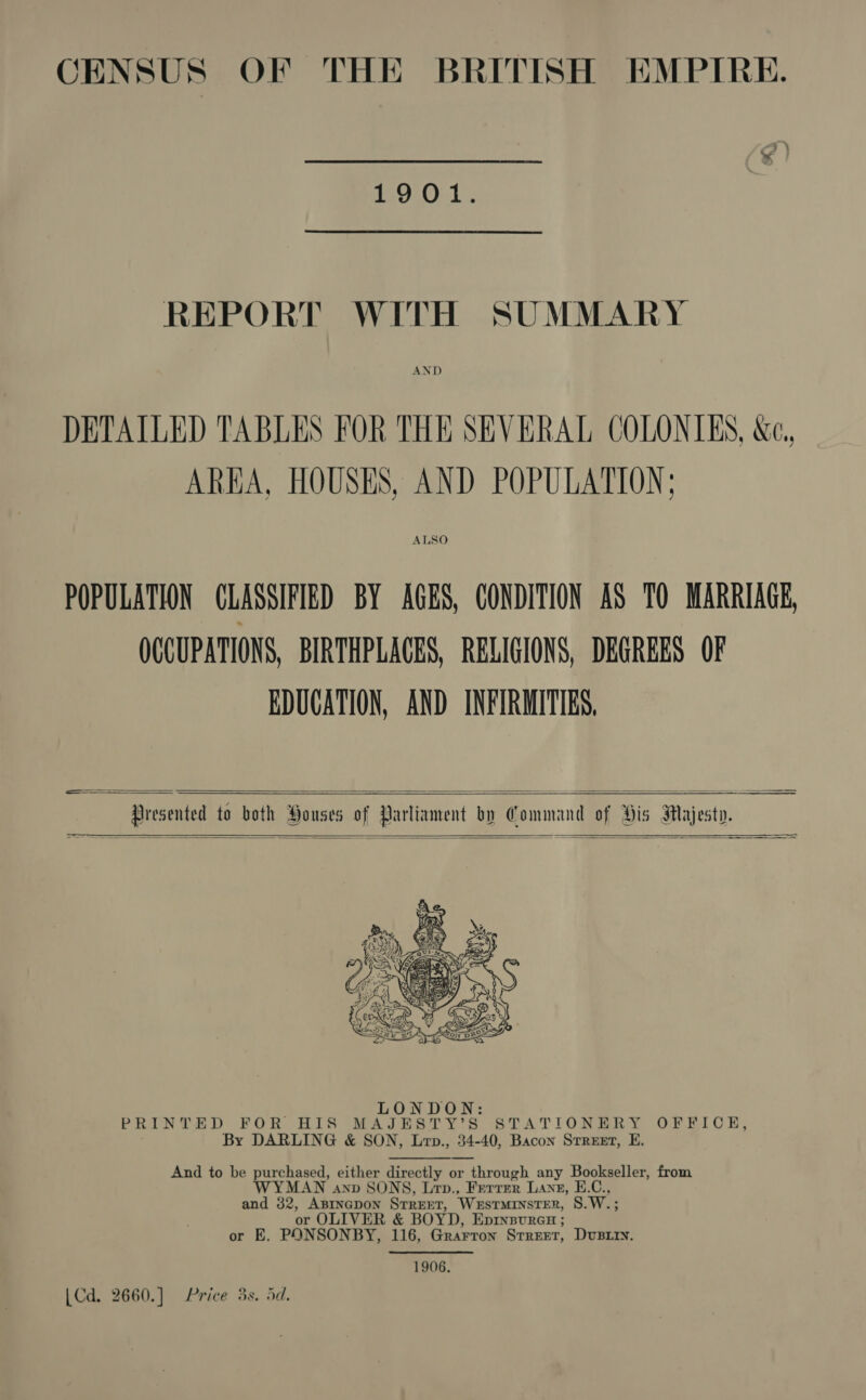 CENSUS OF THE BRITISH EMPIRE. 195 0'1 REPORT WITH SUMMARY AND DETATLED TABLES FOR THE SEVERAL COLONIES, &amp;c,, ARKA, HOUSES, AND POPULATION; ALSO POPULATION CLASSIFIED BY AGES, CONDITION AS TO MARRIAGE, OCCUPATIONS, BIRTHPLACES, REGIGIONS, DEGREES OF EDUCATION, AND INFIRMITIES, ——————   Presented to both Houses of Parliament by Command of His Majesty. ————      And to be purchased, either directly or or through any Bookseller, from WYMAN anv SONS, Lrp., Ferrer Lane, E.C., and one ABINGDON STREET, ‘WESTMINSTER, S.W.; r OLIVER &amp; BOYD, EDINBURGH ; or E. PONSONBY, 116, GRaAFToNn Srreer, DUBLIN. 1906.  [| Cd. 2660.] Price 3s. 5d.