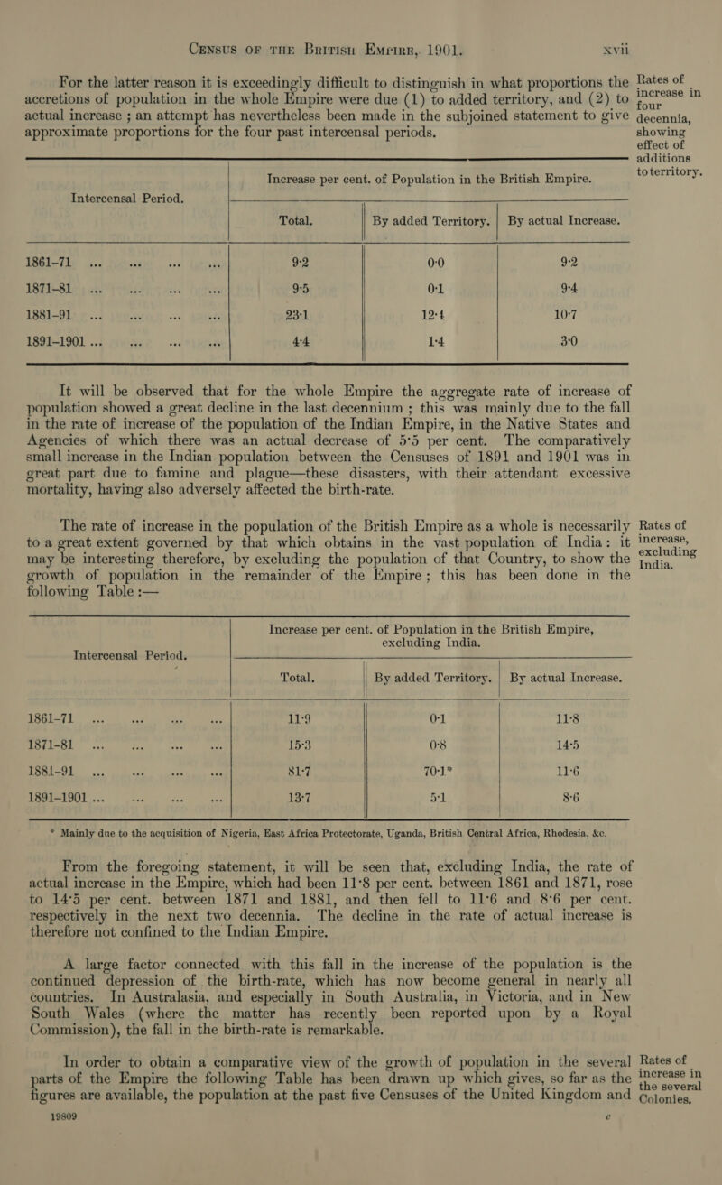 For the latter reason it is exceedingly difficult to distinguish in what proportions the accretions of population in the whole Empire were due (1) to added territory, and (2) to actual increase ; an attempt has nevertheless been made in the subjoined statement to give approximate proportions for the four past intercensal periods.  Increase per cent. of Population in the British Empire. Intercensal Period. Total. | By added Territory. | By actual Increase. 1861-71... obi vat rr 9:2 0-0 9°2 1871-81... ate it Lz 9°5 O-1 9-4 1881-91... a is bt 23°1 12:4 10°7 1891-1901 ... se “i +t 4-4 1-4 3°0  It will be observed that for the whole Empire the aggregate rate of increase of population showed a great decline in the last decennium ; this was mainly due to the fall in the rate of increase of the population of the Indian Empire, in the Native States and Agencies of which there was an actual decrease of 5°5 per cent. The comparatively small increase in the Indian population between the Censuses of 1891 and 1901 was in ereat part due to famine and plague—these disasters, with their attendant excessive mortality, having also adversely affected the birth-rate. The rate of increase in the population of the British Empire as a whole is necessarily to a great extent governed by that which obtains in the vast population of India: it may be interesting therefore, by excluding the population of that Country, to show the growth of population in the remainder of the Empire; this has been done in the following Table :—  Increase per cent. of Population in the British Empire, excluding India. Intercensal Period.    Total. | By added Territory. | By actual Increase. {eA ee 1861-71... a ae =P bby! 0-1 11°8 SOR ues dni #4: aes 15°3 0:8 14°5 188-91... val ao aa 81:7 FN abe 116 1891-1901 ... ea ree oF 13°7 51 8-6  * Mainly due to the acquisition of Nigeria, East Africa Protectorate, Uganda, British Central Africa, Rhodesia, &amp;c. From the foregoing statement, it will be seen that, excluding India, the rate of actual increase in the Empire, which had been 11°8 per cent. between 1861 and 1871, rose to 14°5 per cent. between 1871 and 1881, and then fell to 11°6 and 8°6 per cent. respectively in the next two decennia. The decline in the rate of actual increase is therefore not confined to the Indian Empire. A large factor connected with this fall in the increase of the population is the continued depression of the birth-rate, which has now become general in nearly all countries. In Australasia, and especially in South Australia, in Victoria, and in New South Wales (where the matter has recently been reported upon by a_ Royal Commission), the fall in the birth-rate is remarkable. In order to obtain a comparative view of the growth of population in the several parts of the Empire the following Table has been drawn up which gives, so far as the figures are available, the population at the past five Censuses of the United Kingdom and 19809  Rates of increase in four decennia, showing effect of additions toterritory. Rates of increase, excluding India. Rates of increase in the several Colonies.