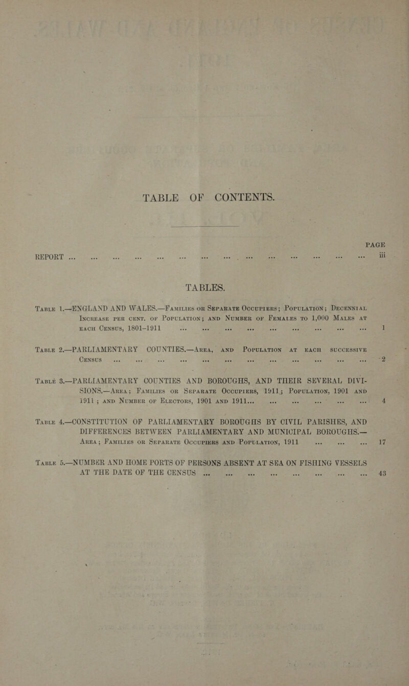 TABLE OF CONTENTS.  REPORT ... ‘TABLES. TaBLe 1.—ENGLAND AND WALES.—Famiies on Separate Occuriers; PopuLtaTion; DECENNIAL INCREASE PER CENT. OF PoPULATION; AND NuMBER OF FrmatEs TO 1,000 Mates aT EACH CrENsus, 1801-1911 TasBLE 2.—PARLIAMENTARY COUNTIES.—Arzga, AND POPULATION AT EACH SUCCESSIVE CENSUS TaBLe 8.—PARLIAMENTARY COUNTIES AND BOROUGHS, AND THEIR SEVERAL DIVI- SIONS.—Arpa; Famities oR SeparaTe Occupiers, 1911; PopuLation, 1901 anp i91i ; anp Numper or Evrctors, 1901 anp 1911... Taste 4.—CONSTITUTION OF PARLIAMENTARY BOROUGHS BY CIVIL PARISHES, AND DIFFERENCES BETWEEN PARLIAMENTARY AND MUNICIPAL BOROUGHS.— AREA; Famitiges oR SEPARATE OCCUPIERS AND POPULATION, 1911 Taste 5.—NUMBER AND HOME PORTS OF PERSONS ABSENT AT SEA ON FISHING VESSELS AT THE DATE OF THE CENSUS lll 17 43