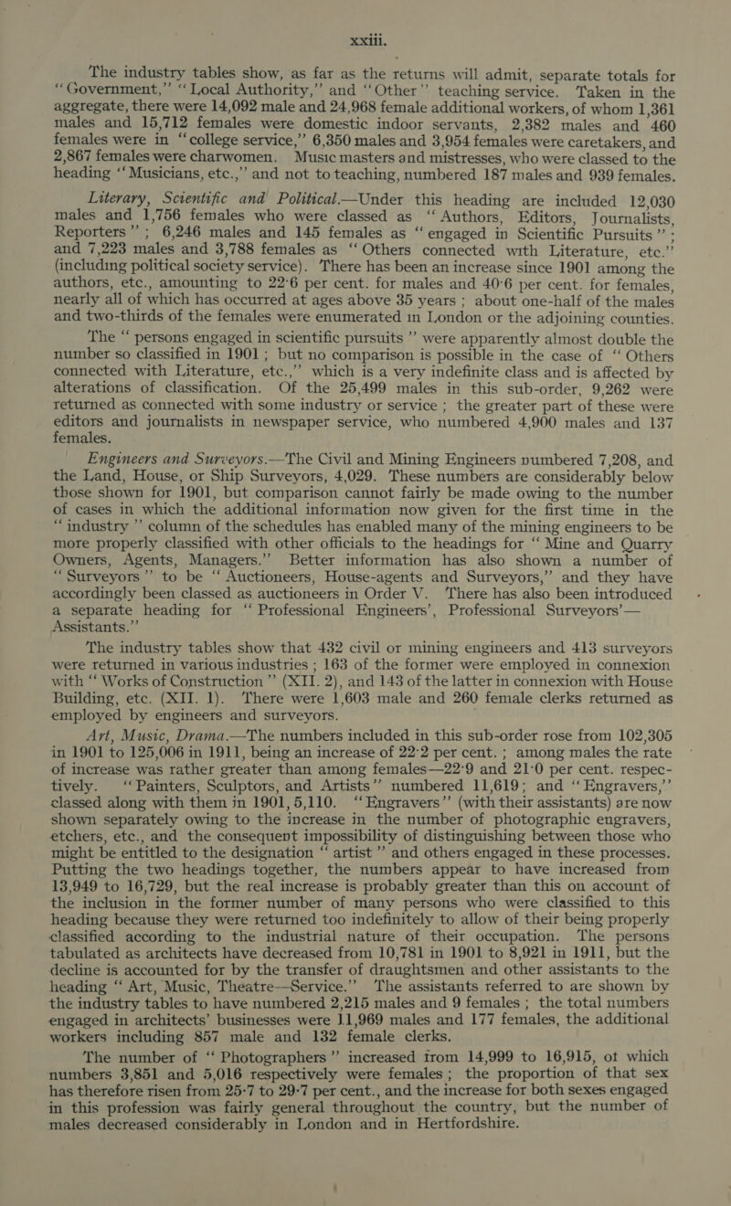 The industry tables show, as far as the returns will admit, separate totals for ‘“Government,’”’ ‘‘ Local Authority,’ and ‘‘Other”’ teaching service. Taken in the aggregate, there were 14,092 male and 24,968 female additional workers, of whom 1,361 males and 15,712 females were domestic indoor servants, 2,382 males and 460 females were in “college service,’ 6,350 males and 3,954 females were caretakers, and 2,867 females were charwomen. Music masters and mistresses, who were classed to the heading ‘‘ Musicians, etc.,”’ and not to teaching, numbered 187 males and 939 females. Literary, Screntific and Political—Under this heading are included 12,030 males and 1,756 females who were classed as ‘“‘ Authors, Editors, Journalists Reporters’ ; 6,246 males and 145 females as ‘‘ engaged in Scientific Pursuits me and 7,223 males and 3,788 females as ‘“‘ Others connected with Literature, etc.” (including political society service). There has been an increase since 1901 among the authors, etc., amounting to 22°6 per cent. for males and 40°6 per cent. for females, nearly all of which has occurred at ages above 35 years; about one-half of the males and two-thirds of the females were enumerated in London or the adjoining counties. The “ persons engaged in scientific pursuits ’’ were apparently almost double the number so classified in 1901; but no comparison is possible in the case of “‘ Others connected with Literature, etc.,”’ which is a very indefinite class and is affected by alterations of classification. Of the 25,499 males in this sub-order, 9,262 were returned as connected with some industry or service ; the greater part of these were editors and journalists in newspaper service, who numbered 4,900 males and 137 females. Engineers and Survevors.—The Civil and Mining Engineers numbered 7,208, and the Land, House, or Ship Surveyors, 4,029. These numbers are considerably below those shown for 1901, but comparison cannot fairly be made owing to the number of cases in which the additional information now given for the first time in the “industry ”’ column of the schedules has enabled many of the mining engineers to be mote properly classified with other officials to the headings for “‘ Mine and Quarry Owners, Agents, Managers.’”’ Better information has also shown a number of “Surveyors ”’ to be “ Auctioneers, House-agents and Surveyors,”’ and they have accordingly been classed as auctioneers in Order V. ‘There has also been introduced a separate heading for “ Professional Engineers’, Professional Surveyors’— Assistants.”’ The industry tables show that 432 civil or mining engineers and 413 surveyors were returned in various industries ; 163 of the former were employed in connexion with “ Works of Construction ”’ (XII. 2), and 143 of the latter in connexion with House Building, etc. (XII. 1). ‘There were 1,603 male and 260 female clerks returned as employed by engineers and surveyors. ; Art, Music, Drama.—The numbers included in this sub-order rose from 102,305 in 1901 to 125,006 in 1911, being an increase of 22°2 per cent. ; among males the rate of increase was rather greater than among females—22°9 and 21:0 per cent. respec- tively. ‘‘ Painters, Sculptors, and Artists’? numbered 11,619; and ‘‘ Engravers,”’ classed along with them in 1901,5,110. ‘“‘Engravers”’ (with their assistants) are now shown sepatately owing to the increase in the number of photographic engravers, etchers, etc., and the consequent impossibility of distinguishing between those who might be entitled to the designation “ artist ’’ and others engaged in these processes. Putting the two headings together, the numbers appear to have increased from 13,949 to 16,729, but the real increase is probably greater than this on account of the inclusion in the former number of many persons who were classified to this heading because they were returned too indefinitely to allow of their being properly classified according to the industrial nature of their occupation. The persons tabulated as architects have decreased from 10,781 in 1901 to 8,921 in 1911, but the decline is accounted for by the transfer of draughtsmen and other assistants to the heading “ Art, Music, Theatre—Service.’”’ The assistants referred to are shown by the industry tables to have numbered 2,215 males and 9 females ; the total numbers engaged in architects’ businesses were J.1,969 males and 177 females, the additional workers including 857 male and 132 female clerks. The number of ‘‘ Photographers’ increased trom 14,999 to 16,915, ot which numbers 3,851 and 5,016 respectively were females; the proportion of that sex has therefore risen from 25-7 to 29-7 per cent., and the increase for both sexes engaged in this profession was fairly general throughout the country, but the number of males decreased considerably in London and in Hertfordshire.