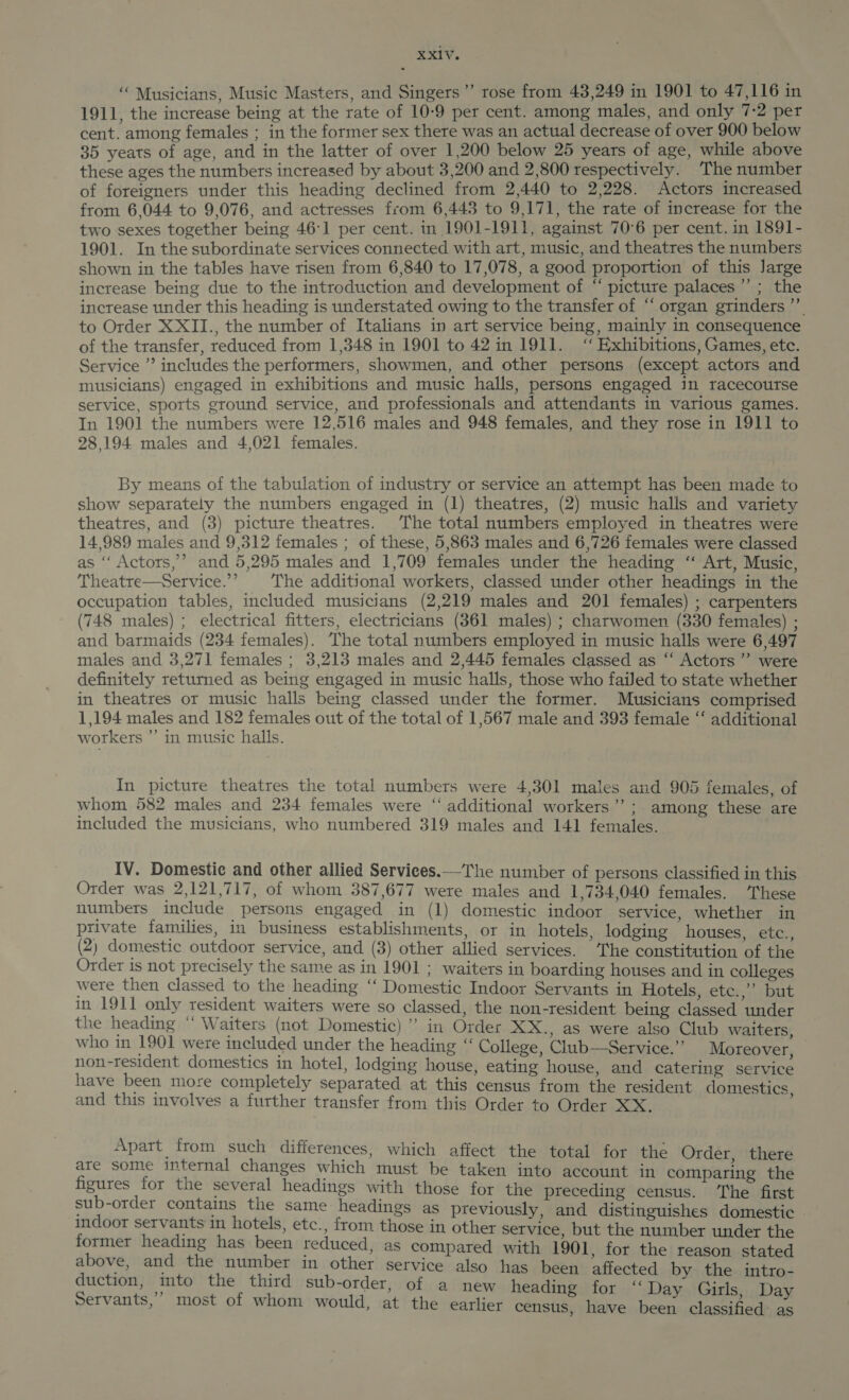 ‘“ Musicians, Music Masters, and Singers’’ rose from 43,249 in 1901 to 47,116 in 1911, the increase being at the rate of 10-9 per cent. among males, and only 7-2 per cent. among females ; in the former sex there was an actual decrease of over 900 below 35 yeats of age, and in the latter of over 1,200 below 25 years of age, while above these ages the numbers increased by about 3,200 and 2,800 respectively. The number of foreigners under this heading declined from 2,440 to 2,228. Actors increased from 6,044 to 9,076, and actresses from 6,443 to 9,171, the rate of increase for the two sexes together being 46°1 per cent. in 1901-1911, against 70°6 per cent. in 1891- 1901. In the subordinate services connected with art, music, and theatres the numbers shown in the tables have risen from 6,840 to 17,078, a good proportion of this Jarge increase being due to the introduction and development of “ picture palaces’; the increase under this heading is understated owing to the transfer of “organ grinders ’’. to Order XXII., the number of Italians in art service being, mainly in consequence of the transfer, reduced from 1,348 in 1901 to 42 in 1911. ‘‘ Exhibitions, Games, etc. Service ’’ includes the performers, showmen, and other persons (except actors and musicians) engaged in exhibitions and music halls, persons engaged in racecourse service, sports ground service, and professionals and attendants in various games. In 1901 the numbers were 12,516 males and 948 females, and they rose in 1911 to 28,194 males and 4,021 females. By means of the tabulation of industry or service an attempt has been made to show separately the numbers engaged in (1) theatres, (2) music halls and variety theatres, and (3) picture theatres. The total numbers employed in theatres were 14,989 males and 9,312 females ; of these, 5,863 males and 6,726 females were classed as “ Actors,’ and 5,295 males and 1,709 females under the heading ‘“ Art, Music, Theatre—Service.”’ The additional workets, classed under other headings in the occupation tables, included musicians (2,219 males and 201 females) ; carpenters (748 males) ; electrical fitters, electricians (361 males) ; charwomen (330 females) ; and barmaids (234 females). The total numbers employed in music halls were 6,497 males and 3,271 females ; 3,213 males and 2,445 females classed as “‘ Actors ”’ were definitely returned as being engaged in music halls, those who failed to state whether in theatres or music halls being classed under the former. Musicians comprised 1,194 males and 182 females out of the total of 1,567 male and 393 female “‘ additional workers ”’ in music halls. In picture theatres the total numbers were 4,301 males and 905 females, of whom 582 males and 234 females were “‘ additional workers”’ ; among these are included the musicians, who numbered 319 males and 141 females. IV. Domestic and other allied Services.—The number of persons classified in this Order was 2,121,717, of whom 387,677 were males and 1,734,040 females. T’hese numbers include persons engaged in (1) domestic indoor service, whether in private families, in business establishments, or in hotels, lodging houses, etc., (2) domestic outdoor service, and (8) other allied services. The constitution of the Order is not precisely the same as in 1901 ; waiters in boarding houses and in colleges were then classed to the heading ‘‘ Domestic Indoor Servants in Hotels, etc:,” but in 1911 only resident waiters were so classed, the non-resident being classed under the heading “ Waiters (not Domestic)’ in Order XX., as were also Club waiters, who in 1901 were included under the heading “ College, Club—Service.’’ Moreover, non-resident domestics in hotel, lodging house, eating house, and catering service have been more completely separated at this census from the resident domestics and this involves a further transfer from this Order to Order XX. ‘ Apart from such differences, which affect the total for the Order. there are some internal changes which must be taken into account in comparing the figures for the several headings with those for the preceding census. ‘The first sub-order contains the same headings as previously, and distinguishes domestic | indoor servants in hotels, etc., from those in other service, but the number under the former heading has been reduced, as compared with 1901, for the reason stated above, and the number in other service also has been affected by the intro- duction, into the third sub-order, of a new heading for ‘‘Day Girls, Day Servants,” most of whom would, at the earlier census, have been classified’ as