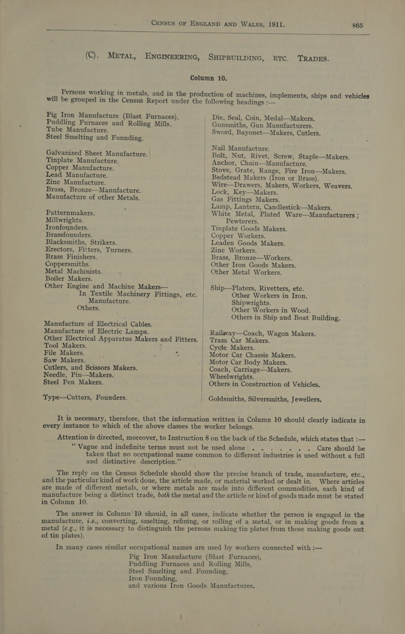  (C). Pig Iron Manufacture (Blast Furnaces), Puddling Furnaces and Rolling Mills. Tube Manufacture. Steel Smelting and Founding. Galvanized Sheet Manufacture. Tinplate Manufacture. Copper Manufacture. © Lead Manufacture. Zinc Manufacture. Brass, Bronze—Manufacture. Manufacture of other Metals.  Patternmakers. Millwrights. Ironfounders. Brassfounders. Blacksmiths, Strikers. Erectors, Fitters, Turners. Brass Finishers. — Coppersmiths. Metal Machinists. : | Boiler Makers. Other Engine and Machine Makers— / In Textile Machinery Fittings, etc. ‘Manufacture. Others. Manufacture of Electrical Cables. | Manufacture of Electric Lamps. / Other Electrical Apparatus Makers and Fitters. Tool Makers. : File Makers. : Loaiter ., Saw Makers. Cutlers, and Scissors Makers. Needle, Pin—Makers. Steel Pen Makers.  Type—Cutters, Founders. | Die, Seal, Coin, Medal—Makers. Gunsmiths, Gun Manufacturers. Sword, Bayonet—Makers, Cutlers. Nail Manufacture. Bolt, Nut, Rivet, Screw, Staple—Makers. Anchor, Chain—Manufacture. Stove, Grate, Range, Fire Iron—Makers, Bedstead Makers (Iron or Brass). Wire—Drawers, Makers, Workers, Weavers. Lock, Key—Makers. Gas Fittings Makers. Lamp, Lantern, Candlestick—Makers. White Metal, Plated Ware—Manufacturers ; — Pewterers. Tinplate Goods Makers. Copper Workers. Leaden Goods Makers. Zine Workers. Brass, Bronze—Workers. Other Iron Goods Makers. Other Metal Workers. Ship—Platers, Rivetters, etc. Other Workers in Iron. Shivwrights. Other Workers in Wood. Others in Ship and Boat Building. Railway—Coach, Wagon Makers. Tram Car Makers. Cycle Makers. Motor Car Chassis Makers. Motor Car Body Makers. Coach, Carriage—Makers. Wheelwrights. Others in Construction of Vehicles, Goldsmiths, Silversmiths, Jewellers, Care should be and distinctive description.” Where articles in Column 10. of tin plates). Iron Founding,