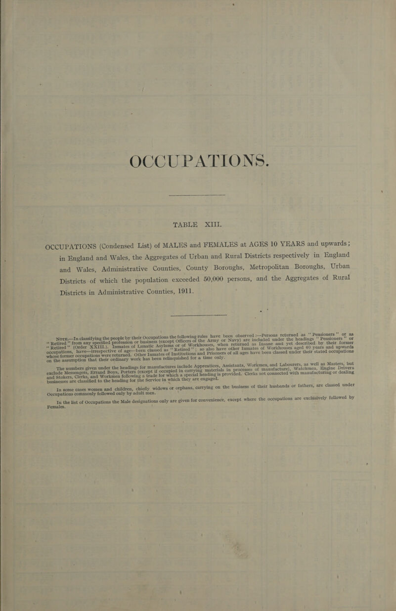 OCCUPATIONS. TABLE XIII. OCCUPATIONS (Condensed List) of MALES and FEMALES at AGES 10 YEARS and upwards ; in England and Wales, the Aggregates of Urban and Rural Districts respectively in England and Wales, Administrative Counties, County Boroughs, Metropolitan Boroughs, Urban Districts of which the population exceeded 50,000 persons, and the Aggregates of Rural Districts in Administrative Counties, 1911. Note.—In classifying the people by their Occupations the following rules have been observed :—Persons returned as ‘‘ Pensioners’’ or as “ Retired ” from any specified profession or business (except Officers of the Army or Navy) ate included under the headings “ Pensioners ’’ or “ Retired”? (Order XXIII.). Inmates of Lunatic Asylums or of Workhouses, when returned as Insane and yet described by their former occupations, have—irrespective of age—been classed as “ Retired’’; so also have other Inmates of Workhouses aged 60 years and upwards whose former occupations were returned. Other Inmates of Institutions and Prisoners of all ages have been classed under their stated occupations on the assumption that their ordinary work has been relinquished for a time only. The numbers given under the headings for manufactures include Apprentices, Assistants, Workmen, and Labourers, as well as Masters, but exclude Messengers, Errand Boys, Porters (except if occupied in carrying materials in processes of manufacture), Watchmen, Engine Drivers and Stokers, Clerks, and Workmen following a trade for which a special heading is provided. Clerks not connected with manufacturing or dealing businesses are classified to the heading for the Service in which they are engaged. In some cases women and children, chiefly widows or orphans, carrying on the business of their husbands or fathers, are classed under Occupations commonly followed only by adult men. a the list of Occupations the Male designations only are given for convenience, except where the occupations are exclusively followed by Females,