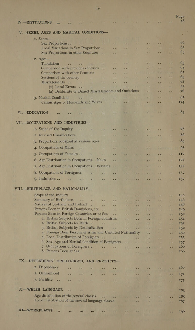 Page IV.—INSTITUTIONS .. Ses e Sed + te ae ‘ie mo &gt; a 58 V.—SEXES, AGES AND MARITAL CONDITIONS— I. Sexes— Sex Propoitions. 35 ms 4 » Am me a 4 60 Local pernuenee in Sex Paro tiore sh i 7 of me “ 62 Sex Proportions in other Countries .. es ue oe ie a yi 63 2. Ages— Tabulation - _ i Ay Ss iS, if an ie 63 Comparison with previous censuses .. oH of a aC iF aA 64 Comparison with other Countries... - Py a +. My “4 67 Sections of the country ap m cs ae x re “b os 69 Misstatements .. oa he ck fe Ye a ES BS Se 72 (x) Local Errors .. xy + a 72 (2) Deliberate or Biased Riera icents ent Cusine ra t is 76 3. Marital Conditions eH : We n. is “ Baa iy. 81 Census Ages of Husbands aad ives. oe sie # AP s eda SL VLL—EDUCATION (6.27) ch ee RR ee VII.—OCCUPATIONS AND INDUSTRIES— 1. Scope of the Inquiry .. at “a fs cit e4 As i x 85 2. Revised Classifications .. + e 3 nf oe We ays Re 86 3. Proportions occupied at various Ages .. ne che oe i 55 -: 89 4. Occupations of Males... xy &lt;4 i &lt; Ea es * ss 93 5. Occupations of Females .. &lt; m a 4 oe ev. se Res © Fy 6. Age Distribution in Occupations. Males o% bie b Ht Ps we eres 7. Age Distribution in Occupations. Females .. Ne a o ee cd, age 8. Occupations of Foreigners s e i 4 oe WA 35 Beat 5 9. Industries ... 5 +: 5 a} se . a7 de it te VIII—BIRTHPLACE AND NATIONALITY— Scope of the Inquiry a A: ae tr pai ‘A iy Ris see CLAG Summary of Birthplaces .. id te at SP ae ah os Oy ee. Natives of Scotland and Ireland .. s Mi ' fe Fa uy .4 Ors Persons Born in British Dominions, etc. .. ae ae 4g a3 By, P : 149 Persons Born in Foreign Countries, or at Sea... 5 &lt; 413 a - oe 1. British Subjects Born in Foreign Countries af “4 a we 9) WORE E 2. British Subjects by Birth .. a is 4s bd fu e. Pe ey A 3. British Subjects by Naturalization bie x's Ae “see 152 4. Foreign Born Persons of Alien and Unstated Nationale 4) F Be a 5. Local Distribution of Foreigners .. : a a a 7 eae, SS 6. Sex, Age and Marital Condition of Greaeat 3 Bs WA rt 5 A ees 7 7. Occupations of Foreigners .. at a ce sy fe i. EDO 8. Persons Born at Sea —f = ts nas ae my: * tee LOD IX.—DEPENDENCY, ORPHANHOOD, AND FERTILITY— 1. Dependency se $s * 4: oe bys wie re a Per TOO 2. Orphanhood ay a -% re oh ais Me as $53 cae BL t a. eberiility! .2. ‘s 54 re i 4. ea one is au ae 2275 X+-WELSH LANGUAGE .f (i J)... Ge Age distribution of the several classes... ; ai 4 Al 3, LOS Local distribution of the several language claps dy att ty ree eee 7 XI—WORKPLACES |, ef TEE) 4, Se RS Dad”,