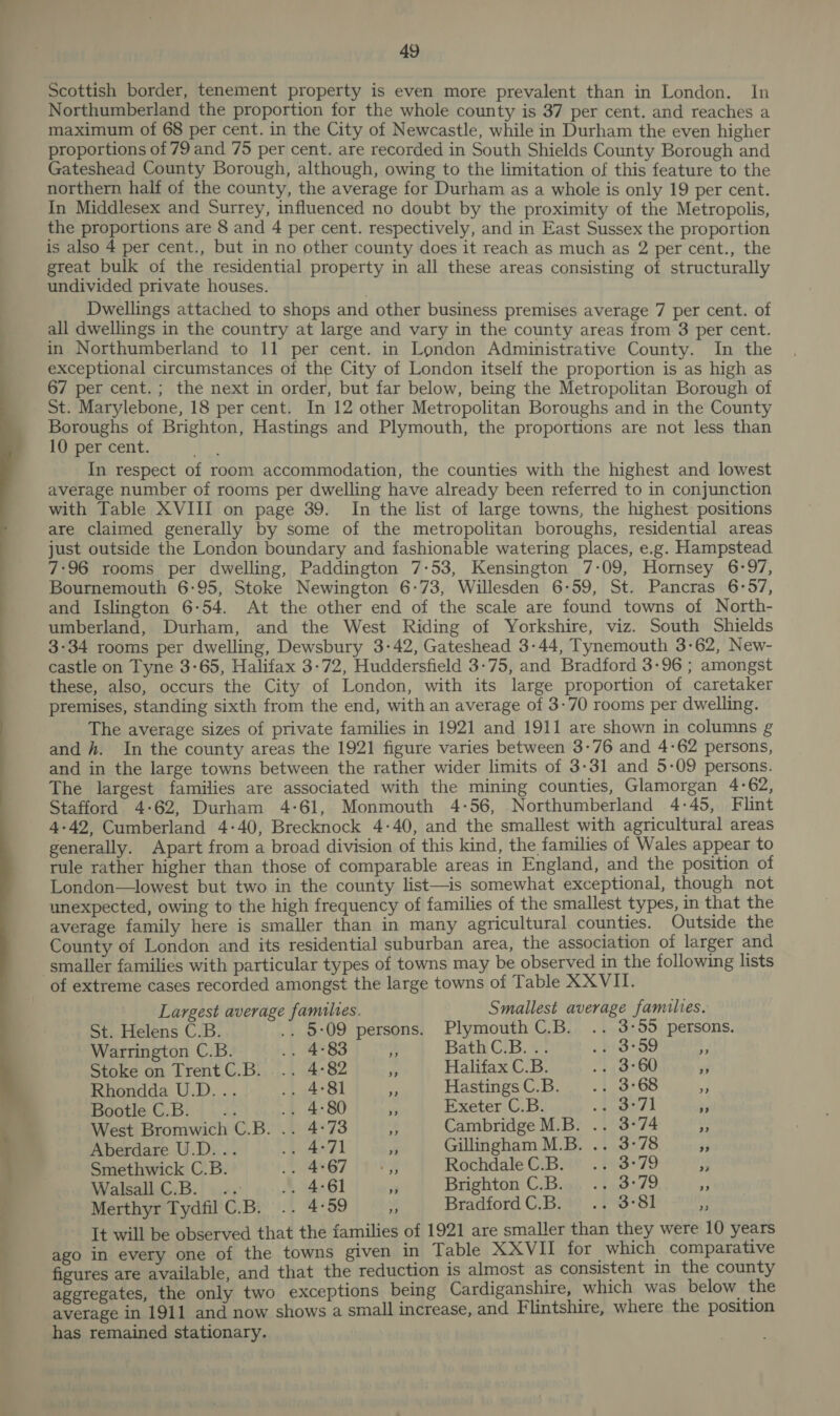 Og NE ae: — ae at Scottish border, tenement property is even more prevalent than in London. In Northumberland the proportion for the whole county is 37 per cent. and reaches a maximum of 68 per cent. in the City of Newcastle, while in Durham the even higher proportions of 79 and 75 per cent. are recorded in South Shields County Borough and Gateshead County Borough, although, owing to the limitation of this feature to the northern half of the county, the average for Durham as a whole is only 19 per cent. In Middlesex and Surrey, influenced no doubt by the proximity of the Metropolis, the proportions are 8 and 4 per cent. respectively, and in East Sussex the proportion is also 4 per cent., but in no other county does it reach as much as 2 per cent., the great bulk oi the residential property in all these areas consisting of structurally undivided private houses. Dwellings attached to shops and other business premises average 7 per cent. of all dwellings in the country at large and vary in the county areas from 3 per cent. in Northumberland to 11 per cent. in London Administrative County. In the exceptional circumstances of the City of London itself the proportion is as high as 67 per cent. ; the next in order, but far below, being the Metropolitan Borough of St. Marylebone, 18 per cent. In 12 other Metropolitan Boroughs and in the County Boroughs of Brighton, Hastings and Plymouth, the proportions are not less than 10 per cent. Lee In respect of room accommodation, the counties with the highest and lowest average number of rooms per dwelling have already been referred to in conjunction with Table XVIII on page 39. In the list of large towns, the highest positions are claimed generally by some of the metropolitan boroughs, residential areas just outside the London boundary and fashionable watering places, e.g. Hampstead 7:96 rooms per dwelling, Paddington 7-53, Kensington 7:09, Hornsey 6-97, Bournemouth 6-95, Stoke Newington 6-73, Willesden 6:59, St. Pancras 6°57, and Islington 6-54. At the other end of the scale are found towns of North- umberland, Durham, and the West Riding of Yorkshire, viz. South Shields 3-34 rooms per dwelling, Dewsbury 3-42, Gateshead 3-44, Tynemouth 3-62, New- castle on Tyne 3-65, Halifax 3-72, Huddersfield 3-75, and Bradford 3-96 ; amongst these, also, occurs the City of London, with its large proportion of caretaker premises, standing sixth from the end, with an average of 3-70 rooms per dwelling. The average sizes of private families in 1921 and 1911 are shown in columns g and h. In the county areas the 1921 figure varies between 3-76 and 4-62 persons, and in the large towns between the rather wider limits of 3-31 and 5-09 persons. The largest families are associated with the mining counties, Glamorgan 4:62, Stafford 4-62, Durham 4:61, Monmouth 4-56, Northumberland 4-45, Flint 4-42, Cumberland 4:40, Brecknock 4-40, and the smallest with agricultural areas generally. Apart from a broad division of this kind, the families of Wales appear to rule rather higher than those of comparable areas in England, and the position of London—lowest but two in the county list—is somewhat exceptional, though not unexpected, owing to the high frequency of families of the smallest types, in that the average family here is smaller than in many agricultural counties. Outside the County of London and its residential suburban area, the association of larger and smaller families with particular types of towns may be observed in the following lists of extreme cases recorded amongst the large towns of Table XXVII. Largest average families. Smallest average families. St. Helens C.B. .. 5:09 persons. Plymouth C.B. .. 3:55 persons. Warrington C.B. .. 4°83 2 Bath CIB. « b3*59 ¥ Stoke on TrentC.B. .. 4°82 i Halifax C.B. .. 3:60 a Rhondda U.D... .. 4°81 x HastingsC.B. .. 3:68 he Bootle C.B. .. .. 4°80 fi Exeter C.B. me es Oy | P West Bromwich C.B. .. 4:73 Fy Cambridge M.B. .. 3-74 ui Aberdare U.D... .. 4°71 jr Gillingham M.B. .. 3-78 43 Smethwick C.B. TON G7 17/9 F RochdaleC.B. .. 3°79 3 Walsall C.B. .. .. 4:61 vx Brighton C.B. .. 3:79 4 Merthyr Tydfil C.B. .. 4:59 % Bradford C.B. .. 3°81 fe It will be observed that the families of 1921 are smaller than they were 10 years ago in every one of the towns given in Table XXVII for which comparative figures are available, and that the reduction is almost as consistent in the county aggregates, the only two exceptions being Cardiganshire, which was below the average in 1911 and now shows a small increase, and Flintshire, where the position has remained stationary.