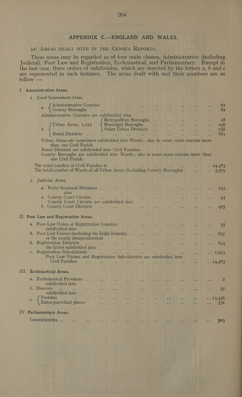 APPENDIX C.—ENGLAND AND WALES. (a) AREAS DEALT WITH IN THE GENSUS REPORTS. These areas may be regarded as of four main classes, Administrative (including Judicial), Poor Law and Registration, Ecclesiastical, and Parliamentary. Except in the last case, three orders of subdivision, which are denoted by the letters a, b and c are represented in each instance. The areas dealt with and their numbers are as follow :— I. Administrative Areas. 1. Local Government Areas. Administrative Counties 5 Cs .e + - Zz 2 ss 62 4 \ County Boroughs 3 hs us He Se te e 82 Administrative Counties are cabdivided nie Metropolitan Boroughs .. /4 £ + s 28 Urban Areas, 1,072 Municipal Boroughs i, be . ‘p ean 4b b. 1 Msn Urban Districts .. Se 3 BF = =708 Rural Districts .. at - * 3 ra 403 Hi ve 2 OG Urban Areas are sometimes subdivided into Wards; also in some cases contain more than one Civil Parish. Rural Districts are subdivided into Civil Parishes. County Boroughs are subdivided into Wards ; also in some cases contain more than ~ one Civil Parish. The total number ot Civil Parishesis_ .. Sry. A .. 14,483 The total number of Wards of all Urban Areas (including County Boroughs) ‘i 70 2. Judictal Areas. a. Petty Sessional Divisions .. at 5a 4? ss By: : 43 eae also a. County Court Circuits ‘a 43 i vad 2 .F :% 54 County Court Circuits are subdivided into b. County Court Districts .. a oe + ae 3) - o ‘eS II. Poor Law and Registration Areas. a. Poor Law Union or Registration Counties © .. i‘ as = x as os 55 subdivided into b. Poor Law Unions (including the Scilly Islands). . “is a sig $s ery, or the nearly always identical b. Registration Districts .. i sf “s me *' ste af A? Pt xe the latter subdivided into c. Registration Sub-districts . ; AA “oak gOES Poor Law Unions and Registration Sub-districts are subdivided into Civil Parishes és. ae dg ci; 5. = Ve e: ate .. 14,483 III. Ecclesiastical Areas. a. Ecclesiastical Provinces .. Pe #3 e 4: if 4 we 5) =e 2 subdivided into ! b. Dioceses .. ae ite 7 . an we ae .4 &amp; ond 37 subdivided into Parishes ; P ne “4 be <3 S ¥ oh a. <2 £3430 Extra-parochial places as “ie Be re ia cs % ora ee IV. Parliamentary Areas. Constituencies .. al is — a  2 et ms Me BA .. 509