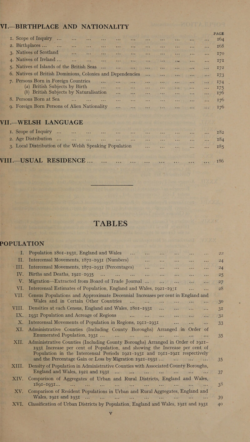 oO TABLES POPULATION I. Population 1801-1931, England and Wales II. Intercensal Movements, 1871-1931 (Numbers) III. Intercensal Movements, 1871-1931 (Percentages) IV. Births and Deaths, 1921-1935 ar V. Migration—Extracted from Board of Trade Parente VI. Intercensal Estimates of Population, England and Wales, 1921-1931 : VII. Census Populations and Approximate Decennial Increases per cent in England ind : Wales and in Certain Other Countries re ‘VIII. Densities at each Census, England and Wales, 1801-1931 IX. 1931 Population and Acreage of Regions X. Intercensal Movements of Population in Regions, Ig1I—1931 XI. Administrative Counties (Including County peers) eee in Orteh of Enumerated Population, 1931 ... ev XII. Administrative Counties (Including County cease (Ber inte in Order of 1g2I- 1931 Increase per cent of Population, and showing the Increase per cent of Population in the Intercensal Periods 1921-1931 and IgII—Ig2I PAN and the Percentage Gain or Loss by Migration 1921-1931 . be s XIII. Density of Population in Administrative Counties with esboiatte a Boroughs England and Wales, 1g2I and 1931 ‘XIV. Comparison of ie Ss of Urban and Rural Districts, England a Wales, | I8gI-I93I.. XV. Comparison of Resident. Popetations in Urban bes Rural Aegregate, Brand ie Wales, 1921 and 1931 XVI. Classification of Urban Districts by BoRbLAARE erent an Wales, 1921 uid 1931 Vv 164 168 173 174 175 176 176 176 182 184 185 186 22 24 24 25 27 28 30 sue 33 35 oe a7 39 40
