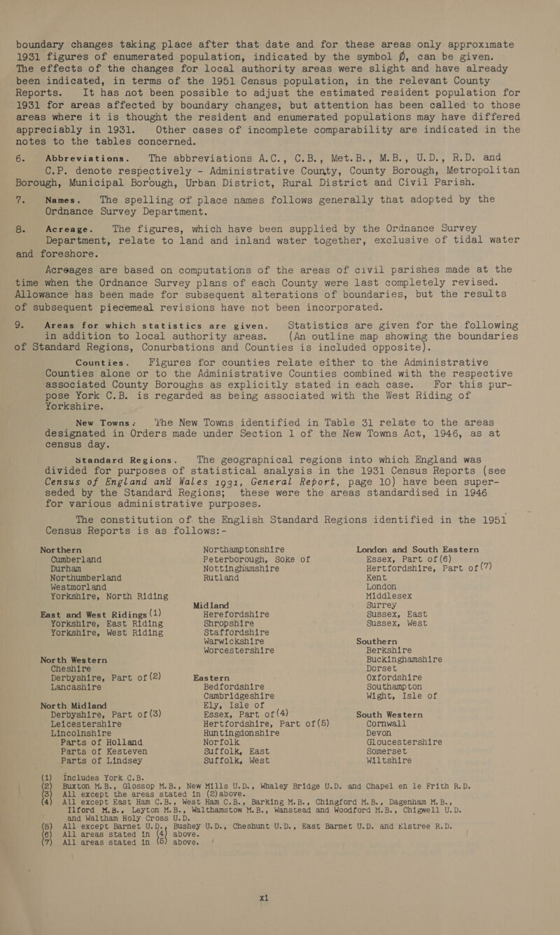 boundary changes taking place after that date and for these areas only approximate 1931 figures of enumerated population, indicated by the symbol (, can be given. The effects of the changes for local authority areas were slight and have already been indicated, in terms of the 1951 Census population, in the relevant County Reports. It has not been possible to adjust the estimated resident population for 1931 for areas affected by boundary changes, but attention has been called to those areas where it is thought the resident and enumerated populations may have differed appreciably in 1931. Other cases of incomplete comparability are indicated in the notes to the tables concerned. 6. Abbreviations. The abbreviations, A.C.,°C.B.,-Met.B., M.B., U.D., R.D. and C.P. denote respectively - Administrative County, County Borough, Metropolitan Borough, Municipal Borough, Urban District, Rural District and Civil Parish. ie Names. The spelling of place names follows generally that adopted by the Ordnance Survey Department. 8. Acreage. The figures, which have been supplied by the Ordnance Survey Department, relate to land and inland water together, exclusive of tidal water and foreshore. Acreages are based on computations of the areas of civil parishes made at the time when the Ordnance Survey plans of each County were last completely revised. Allowance has been made for subsequent alterations of boundaries, but the results of subsequent piecemeal revisions have not been incorporated. 9. Areas for which statistics are given. Statistics are given for the following in addition to local authority areas. (An outline map showing the boundaries of Standard Regions, Conurbations and Counties is included opposite). Counties. Figures for counties relate either to the Administrative Counties alone or to the Administrative Counties combined with the respective associated County Boroughs as explicitly stated in each case. For this pur- pose York C.B. is regarded as being associated with the West Riding of Yorkshire. New Towns: ‘Fhe New Towns identified in Table 31 relate to the areas designated in Orders made under Section 1 of the New Towns Act, 1946, as at census day. Standard Regions. The geographical regions into which England was divided for purposes of statistical analysis in the 1931 Census Reports (see Census of England and Wales 1931, General keport, page 10) have been super- seded by the Standard Regions; these were the areas standardised in 1946 for various administrative purposes. The constitution of. the English Standard Regions identified in the 1951 Census Reports is as follows:- Northern Northamptonshire London and South Eastern Cumberland Peterborough, Soke of Essex, Part of (6) Durham Nottinghamshire Hertfordshire, Part of (7) Northumberland Rutland Kent Westmorland London Yorkshire, North Riding Middlesex Mid land . surrey East and West Ridings (1) Herefordshire Sussex, East Yorkshire, East Riding Shropshire Sussex, West ‘Yorkshire, West Riding Staffordshire Warwickshire Southern Worcestershire Berkshire North Western Buckinghamshire Cheshire Dorset Derbyshire, Part of (2) Eastern Oxfordshire Lancashire Bedfordshire Southampton Cambridgeshire Wight, Isle of North Midland Ely eESLero f Derbyshire, Part of (3) Essex, Part of (4) South Western Leicestershire Hertfordshire, Part of(5) Cornwall Lincolnshire Huntingdonshire Devon Parts of Holland Norfolk Gloucestershire Parts of Kesteven Suffolk, East Somerset Parts of Lindsey Suffolk, West Wiltshire Includes York C.B. Buxton M.B., Glossop M.B., New Mills U.D., Whaley Bridge U.D. and Chapel en le Frith R.D. All except the areas stated in (2)above. All except East Ham C.B., West Ham C.B., Barking M.B., Chingford M.B., Dagenham M.B., Ilford M.B., Leyton M.B., Walthamstow M.B., Wanstead and Woodford M.B., Chigwell U.D. and Waltham Holy Cross U.D. All except Barnet U.D., Bushey U.D., Cheshunt U.D., East Barnet U.D. and Hlstree R.D. All areas stated in (4) above. All areas stated in (5) above. | ~~ ~— aon Pow —_— NQO —“~—~— 2g!