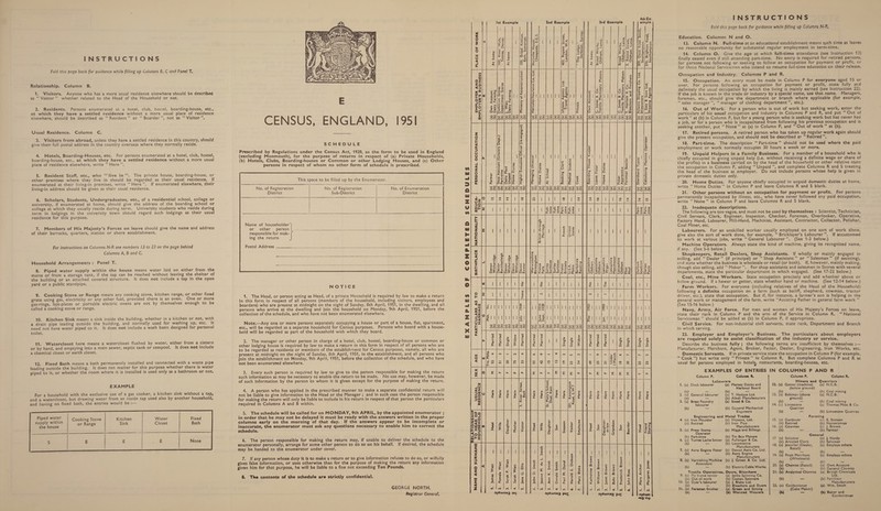INSTRUCTIONS Fold this page back for guidance while filling up Columns B, C and Panel T. Relationship. Column B. 1. Visitors. Anyone who has a more usual residence elsewhere should be described as “ Visitor’? whether related to the Head of the Household or not. 2. Residents. Persons enumerated at a hotel, club, hostel, boarding-house, etc., at which they have a settled residence without a more usual place of residence elsewhere, should be described as “‘ Resident’’ or ‘“‘ Boarder’’, not as “ Visitor”. Usual Residence. Column C. 3. Visitors from abroad, unless they have a settled residence in this country, should give their full postal address in the country overseas where they normally reside. 4. Hotels, Boarding-Houses, etc. For persons enumerated at a hotel, club, hostel, boarding-house, etc., at which they have a settled residence without a more usual place of residence elsewhere, write “Here”. 5. Resident Staff, etc., who ‘‘live in’’. The private house, boarding-house, or other premises where they live in should be regarded as their usual residence. If enumerated at their living-in premises, write “Here”. If enumerated elsewhere, their living-in address should be given as their usual residence. 6. Scholars, Students, Undergraduates, etc., of a residential school, college or university, if enumerated at home, should give the address of the boarding school or college at which they usually reside during term. University students who reside during term in lodgings in the university town should regard such lodgings as their usual residence for this purpose. 7. Members of His Majesty’s Forces on leave should give the name and address of their barracks, quarters, station or shore establishment. For instructions on Columns N-R see numbers 13 to 23 on the page behind Columns A, B and C. Household Arrangements: Panel T. 8. Piped water supply within the house means water laid on either from the mains or from a storage tank, if the tap can be reached without leaving the shelter of the building or an attached covered structure. It does not include a tap In the open yard or a public standpipe. 9. Cooking Stove or Range means any cooking stove, kitchen range, or other fixed grate using gas, electricity or any other fuel, provided there is an oven. One or more gas-rings, hot-plates or portable electric ovens are not by themselves enough to be called a cooking stove or range. 40. Kitchen Sink means a sink inside the building, whether in a kitchen or not, with a drain pipe leading outside the building, and normally used for washing up, etc. It need not have water piped to it. It does not include a wash basin designe for personal toilet. 11. Watercloset here means a watercloset flushed by water, either from a cistern or by hand, and emptying into a main sewer, septic tank or cesspool. It does not Include a chemical closet or earth closet. 12. Fixed Bath means a bath permanently installed and connected with a waste pipe leading outside the building. It does not matter for this purpose whether there is water piped to it, or whether the room where it is installed is used only as a bathroom or not. EXAMPLE For a household with the exclusive use of a gas cooker, a kitchen sink without a tap, and a watercloset, but drawing water from an inside tap used also by another household, and having no fixed bath, the entries would be :—       Piped water Cooking Stove Kitchen Water Fixed pee wien or Range Sink Cleset Bath  —————— Ss    CENSUS, ENGLAND, 1951 SCHEDULE Prescribed by Regulations under the Census Act, 1920, as the form to be used in England (excluding Monmouth), for the purpose of returns in respect of (a) Private Households, (b) Hotels, Clubs, Boarding-houses or Common or other Lodging Houses, and (c) Other persons in respect of whom no other form of schedule is prescribed. This space to be filled up by the Enumerator.  No. of Registration No. of Registration No. of Enumeration District Sub-District District   Postal}: Add ress aie ectectcces space ates Seca cecae spss ceo eco ean aaa earner Sea Tas eee cane e neg oes  NOTICE 1. The Head, or person acting as Head, of a private Household is required by law to make a return In this form in respect of all persons (members of the household, including visitors, employees and boarders) who are present at midnight on the night of Sunday, 8th April, 1951, in the wating and all persons who arrive at the dwelling and join the household on Monday, 9th April, 1951, before the collection of the schedule, and who have not been enumerated elsewhere. Note.—Any one or more persons separately occupying a house or part of a house, flat, apartment, etc., will be regarded as a separate household for Census purposes. Persons who board with a house- hold will be regarded as part of the household with which they board. 2. The manager or other person in charge of a hotel, club, hostel, boarding-house or common or other lodging house Is required by law to make a return in this form In respect of all persons who are to be regarded as residents or members of the establishment for Census purposes, namely, all who are present at midnight on the night of Sunday, 8th April, 1951, in the establishment, and all persons who join the establishment on Monday, 9th April, 1951, before the collection of the schedule, and who have not been enumerated elsewhere. 3. Every such person is required by law to give to the person responsible for making the return such information as may be necessary to enable the return to be made. No use may, however, be made of such information by the person to whom it is given except for the purpose of making the return. 4. A person who has applied in the prescribed manner to make a separate confidential return will not be liable to give information to the Head or the Manager ; and In such case the person responsible for making the return will only be liable to include in his return in respect of that person the particulars required in Columns A and B within. 5. The schedule will be called for on MONDAY, 9th APRIL, by the appointed enumerator ; in order that he may not be delayed it must be ready with the answers written in the proper columns early on the morning of that day. If the answers appear to be incomplete or inaccurate, the enumerator must ask any questions necessary to enable him to correct the schedule. 6. The person responsible for making the return may, if unable to deliver the schedule to the enumerator personally, arrange for some other person to do so on his behalf. If desired, the schedule may be handed to the enumerator under cover. 7. If any person whose duty It is to make a return or to give information refuses to do so, or wilfully gives false information, or uses otherwise than for the purpose of making the return any information given him for that purpose, he will be liable to a fine not exceeding Ten Pounds. 8, The contents of the schedule are strictly confidential. GEORGE NORTH. Registrar General. Ss , Lancs. “The Lodge,” 105, Broad Avenue, Bath, Somerset. Cheapside, £.C.2. London, W.4. Surbiton, Surrey. Broad Works, Oldham, Lancs. 3, Round Street, 09, Dock Koad South Southampten. 276, Brighton Road, Southampton, 104, River Walk, Tetnes, Devon. At home. Oldham, Lancs. Oldham PLACE OF WORK Hercules House. 403, Regent Street, At home At home      pping Co. Led.  Travel Agents  EMPLOYER AND EMPLOYER’S BUSINESS a) Ministry of Reconstruction (a) C. Jones &amp; Co. b) (a) Hercules Insurance Co. Ltd. (b) ‘ 2) tb) t) b) (a) (b) Textile Machinery Makers (a) (b) ‘Textile Machinery Makers ( T. Horlock &amp; Co. b) Bleachers and Finishers (a) J. Easy &amp; Sons Led. b) Department Stores a) Own Account b) (a) C. Jones &amp; Co. (b) Shipping Agents b) Shipowners b) Dairy Farming ff Dominion Stores a J. Wate b) Dairy Farming a) Private G Own Account (b) b) 8 &amp; (b)    g Machine Operator      a) Foreman Beetler (a) Managing Director b) (b) (a) At School a) Calculatin {i Apprentice b) b) Part-time a) Fitter  {} Shop Assistant (Grocery Dept.) (a) Home Duties         British through Marriage    Warwickshire Birmingham Manchester Witheridge Surbiton Lancashire Oldham Lancashire     BIRTHPLACE EDUCA. TION  MARRIAGE   EXAMPLES OF COMPLETED SCHEDULES PARTICULARS AS TO         on | Road, S.W.7       Kensingt Bath Here   Deal, Kenc 3, River Street, St. Mary's School, 301,   Daughter Visitor in-law Son Head Friend Sharing  ELATIONSHIP TO HEAD OF HOUSEHOLD Employee Daughter- Boarder   eee see aoe me see ase tee te A Sarah P. Wace Donald Smith Katherine Brown ... Frederick Brown ... NAME AND SURNAME Pamela Wace 4. Sarah Watt John D. Smith 2. Jeanne M. de L. Smith 3, Ann K. Smith Paul M. Duval 6. Harold €. Dickson 7. Mary Blake 2. William Brown Janet Brown 4. Baby Brown Mary Archer 2 Margaret jones 5: 6. John Rees  ia 3. A. 4. 5 5 Ey 1, 3 E f WwW &amp; i INSTRUCTIONS Fold this page back for guidance while filling up Cofurans N-R. Education. Columns N and O. 13. Column N. Full-time at an educational establishment means such time as leaves no reasonable opportunity for substantial regular employment in term-time. 14. Column O. Give the age at which full-time attendance (see Instruction 12) finally ceased even if still attending part-time. No entry is required for retired persons, for persons not following or seeking to follow an occupation for payment or profit, cr for those National Servicemen who intend to resume full-time education on their release. Occupation and Industry. Columns P and R. 15. Occupation. An entry must be made in Column P for everyone aged 15 or over. For persons following an occupation for payment or profit, state fully and definitely the usual occupation by which the living is mainly earned (see Instruction 22). If the job is known in the trade or industry by a special name, use that name. Managers, foremen, etc., should give the department or branch where applicable (for example, “sales manager”, ‘‘ manager of clothing department ”, etc.). 16. Out of Work. For a person who is out of work but seeking work, enter the particulars of his usual occupation and industry in Columns P and R, and put “ Out of work” at (b) in Column P, but for a young person who is seeking work but has never had a job, or for a person who is incapacitated from following his previous occupation and is seeking another, put ‘‘ None” at (a) in Column P, and “ Out of work” at (b). 17. Retired persons. A retired person who has taken up regular work again should give the present occupation, and should not be described as “Retired”. 18. Part-time. The description “ Part-time ’’ should not be used where the paid employment or work normally occupies 30 hours a week or more. 19. Unpaid Helpers in a Family Business. For a member of a household who is chiefly occupied in giving unpaid help (i.e. without receiving a definite wage or share of the profits) in a business carried on by the head of the household or other relative state the occupation in Column P, adding “‘ Unpaid ”, and complete Columns R and S treating the head of the business as employer. Do not include persons whose help is given in private domestic duties only. 20. Home Duties. For anyone chiefly occupied in unpaid domestic duties at home, write ‘ Home Duties”? in Column P and leave Columns R and S blank. 21. Other persons without an occupation for payment or profit. For persons permanently incapacitated by illness, etc., who have never followed any paid occupation, write ‘“ None” in Column P and leave Columns R and S blank. 22. Inadequate descriptions. The following are too vague, and must not be used by themselves : Scientist, Technician, Civil Servant, Clerk, Engineer, Inspector, Checker, Foreman, Overlooker, Operative, Factory Hand, Labourer, Mill-Hand, Machinist, Assistant, Contractor, Collector, Polisher, Coal Miner, etc. Labourers. for an unskilled worker usually employed on one sort of work alone, give also the sort of work done, for example, “ Bricklayer’s Labourer”. If accustomed to work at various jobs, write “General Labourer’. (See 1-3 below.) Machine Operators. Always state the kind of machine, giving its recognized name, if any. (See 5-6 below.) Shopkeepers, Retail Dealers, Shop Assistants. lf wholly or mainly engaged in selling, add “Dealer” (if principal) or ‘‘Shop Assistant” or “‘ Salesman” (if assisting), and state whether the business is wholesale or retail (or both). If, however, mainly making, though also selling, add “‘ Maker”. For shop assistants and salesmen in Stores with several departments, state the particular department in which engaged. (See 17-22 below.) Coal, etc., Mine Workers. State occupation precisely and add whether above or below ground. If a hewer or getter, state whether hand or machine. (See 12-14 below.) Farm Workers. For everyone (including relatives of the Head of the Househcld) following a definite occupation on a farm (such as bailiff, shepherd, cowman, tractor driver, etc.), state that occupation. But if, for instance, a farmer’s scn is helping in the general work or management of the farm, write ‘“‘Assisting Father in general farm work” (See 15-16 below.) Navy, Army, Air Force. For men and women of His Majesty’s Forces on leave, state their rank in Column P and the arm of the Service in Column R. “ National Serviceman ”’ should be added at (b) in Column P, if appropriate. Civil Service. For non-industrial civil servants, state rank, Department and Branch in which serving. 23. Employer and Employer’s Business. The particulars about employers are required solely to assist classification of the industry or service. Describe the business fully ; the following terms are insufficient by themselves :— Manufacturer, Merchant, Agent, Broker, Factor, Dealer, Engineering, lron Works, etc. Domestic Servants. If in private service state the occupation in Column P (for example, “Cook ”) but write only ‘‘ Private” in Column R. But complete Columns P and R as usual for persons employed in hotels, restaurants, boarding-houses, etc. EXAMPLES OF ENTRIES IN COLUMNS P AND R Column P. Columa R. Column P. Column R, Labourers Miners and Quarriers 1, (a) Dock labourer (a) Mersey Docks and {2 (a) Getter (machine) (a) N.C.B. (e) ») Harbour Board (below ground) — _ ) — b) Ceal mini 2. (2) General labourer a) T. Hodges Ltd. 13. ff) Beltman (above ay Nc. (b) —_ b) Alkali Manufacturers ground) 3. (a) Brass Foundry a) Stead &amp; Co. (b) — (b} Coal mining labourer 14, (a) Limestone (a) Thomas Moss &amp; Co. (b) _ (b) Generel Mechanical (b) Quarrier ) ngineers —_ b) Limestone Quarries Engineering and Meta! Trades Farming 4. (a) Iron Moulder (a) Hipsons, Ltd. 1S. {a) Gardener (2) E. Stetson (5) Retired (b) Iron Pipe (b) Retired (b) Nurseryman Manufacturers 16. (a) Cowman (a) J. Brown 5. (a) — Stamp (a) Higgs and Billings (b) — (b) Farmer perator b) Part-time (b) Tin Box Makers 17 (a) Solicit General Hard 6. (a) Turret Lathe Setter (e) Pullenger &amp; Co. b) a ied Glace @) . mee ly (b) pe b) Locomotive rticle er’ (b) Solicitor henunecurere 18. (a) Jeweller (Dealer, (a) Employs others 7. (a) Aero Engine Fitter (a) Devon Aero Co. Ltd. (b Retail) b (b) — b) Aero Engine 19. ¢ ) Pa rears (b) eee Maniachiners - (a) pie lat ant (2) Employs others 8. (a) ber cel Machine (a) J. Green &amp; Co. Ltd. ( ( olesaie) (t) = ttendant - — (b) Electric Cable Works 20. (a) Chemist aes a ee ae Textile Operatives, Dyers, Bleachers 21. (a) Analytical Chemist (a) British Chemicals 9. (a) Fly frame tenter (a) Jenks Spinning Co. Ltd. 8) Out of work b) Cotton Spinners (b) _ (b) Fertilizer 10. (a) Dyer's labourer a) J. Blake Ltd. Manufacturers a b) Bleachers and Dyers | 22. (a) Confectioner (a) Wm, Smith 11. (a) Foreman finisher % Green and Strong . (Cake Maker) {b) _ b) Worsted Weavers —- (b) Baker and Confectioner