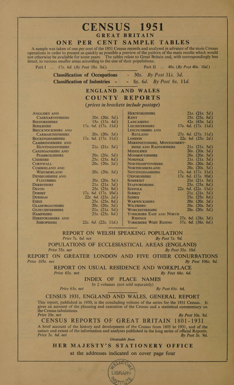  CENSUS 1951 GREAT BRITAIN ONE PER CENT SAMPLE TABLES A sample was taken of one per cent of the 1951 Census records and analysed in advance of the main Census operations in order to present as quickly as possible a preview of the pattern of the main results which would not otherwise be available for some years. The tables relate to Great Britain and, with correspondingly less detail, to various smaller areas according to the size of their populations. Part] .. 17s. 6d. (By Post 18s. Od.) Part Il .. 40s. (By Post 40s. 10d.) Classification of Occupations - 30s:..By Post3ls..3d. Classification of Industries - - 8s. 6d. By Post 8s. 11d. ENGLAND AND WALES COUNTY REPORTS (prices in brackets include postage) ANGLESEY AND HERTFORDSHIRE 21sx (Zia 3d.) CAERNARVONSHIRE 20s. (20s. 5d.) KENT 25s. (25s. 8d.) BEDFORDSHIRE 15s. (15s. 4d.) LANCASHIRE 42s. (43s. 1d.) BERKSHIRE 17s.°6d; (7s: 1¥d:) LEICESTERSHIRE 17s. 6d. (Ugo BRECKNOCKSHIRE AND LINCOLNSHIRE AND CARMARTHENSHIRE 20s. (20s. 5d.) RUTLAND 21s. 6d. (24s. 11d.) BUCKINGHAMSHIRE 17s. 6d. (17s. 11d.) LONDON 223, 6d. (23s 2a CAMBRIDGESHIRE AND MERIONETHSHIRE, MONTGOMERY- HUNTINGDONSHIRE Zis..(21s. 5d.) SHIRE AND RADNORSHIRE 21s. (21s. 5d.) CARDIGANSHIRE AND MIDDLESEX 20s. (20s. 5d.) PEMBROKESHIRE 20s. (20s. 5d.) MONMOUTHSHIRE 20s. (20s. 5d.) CHESHIRE 205. (258. 8d.) NORFOLK 21s. (2is- 5a) CORNWALL 20s. (20s. 5d.) NORTHAMPTONSHIRE 20s. (20s. Sd.) CUMBERLAND AND NORTHUMBERLAND 20s. (20s. 5d.) WESTMORLAND 20s. (20s. 5d.) NOTTINGHAMSHIRE 17s. 6d. (17s. 11d.) DENBIGHSHIRE AND OXFORDSHIRE 17s. 6d. (17s. 10d.) FLINTSHIRE 20s. (20s. 5d.) SOMERSET 21s.- Gls: 3d DERBYSHIRE 21s. (21s. 5d.) STAFFORDSHIRE 25s. (25s. 8d.) DEVON 25s. (25s. 8d.) SUFFOLK 225, Od. (22s, Tid.) DORSET 17s. 6d. (17s. 10d.) SURREY 21s. (21s. 5d.) DURHAM 22s. 6d. (23s. Zd.) SUSSEX 25s. (25s. 8d.) Essex 25s. (25s. 8d.) WARWICKSHIRE 20s. (20s. 5d.) GLAMORGANSHIRE 20s. (20s. 5d.) WILTSHIRE 20s. (20s. 5d.) GLOUCESTERSHIRE ais. is.) WORCESTERSHIRE 20s. (20s. 5d.) HAMPSHIRE 25s. (25s. 8d.) YORKSHIRE EAST AND NORTH HEREFORDSHIRE AND RIDINGS 27s. 6d. (28s. 3d.) SHROPSHIRE 228: 0d: (asad tds} YORKSHIRE WEST RIDING 37s. 6d. (38s. 6d.) REPORT ON WELSH SPEAKING POPULATION Price 7s. 6d. net By Post 7s. 9d. POPULATIONS OF ECCLESIASTICAL AREAS (ENGLAND) Price 35s. net By Post 35s. 10d. REPORT ON GREATER LONDON AND FIVE OTHER CONURBATIONS Price 105s. net By Post 106s. 9d. REPORT ON USUAL RESIDENCE AND WORKPLACE Price 65s. net By Post 66s. 6d. INDEX OF PLACE NAMES In 2 volumes (not sold separately) Price 63s. net By Post 65s. 6d. CENSUS 1931, ENGLAND AND WALES, GENERAL REPORT This report, published in 1950, is the concluding volume of the series for the 1931 Census. It- gives an account of the planning and execution of the Census and a statistical commentary on the Census tabulations. Price 10s. net By Post 10s. 8d. CENSUS REPORTS OF GREAT BRITAIN 1801-1931 A brief account of the history and development of the Census from 1801 to 1931, and of the nature and extent of the information and analyses published in the long series of official Reports. Price 3s. 6d. net By Post 3s. 9d. Obtainable from HER MAJESTY’S STATIONERY OFFICE at the addresses indicated on cover page four i: ek LIBRARY | Lorn SY }    