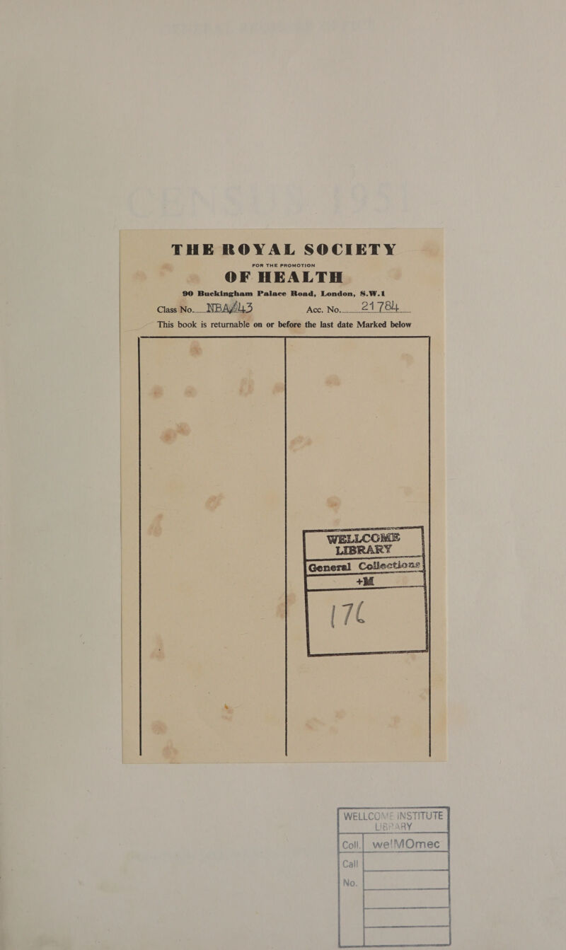   THE ROYAL SOCIETY FOR THE PROMOTION OF HEALTH 90 Buchingham Palace Road, London, 8.W.1 Class No..... NBAZL3 Acc. No..........: 21 784    WELLCONM= INSTITUTE LIBRARY