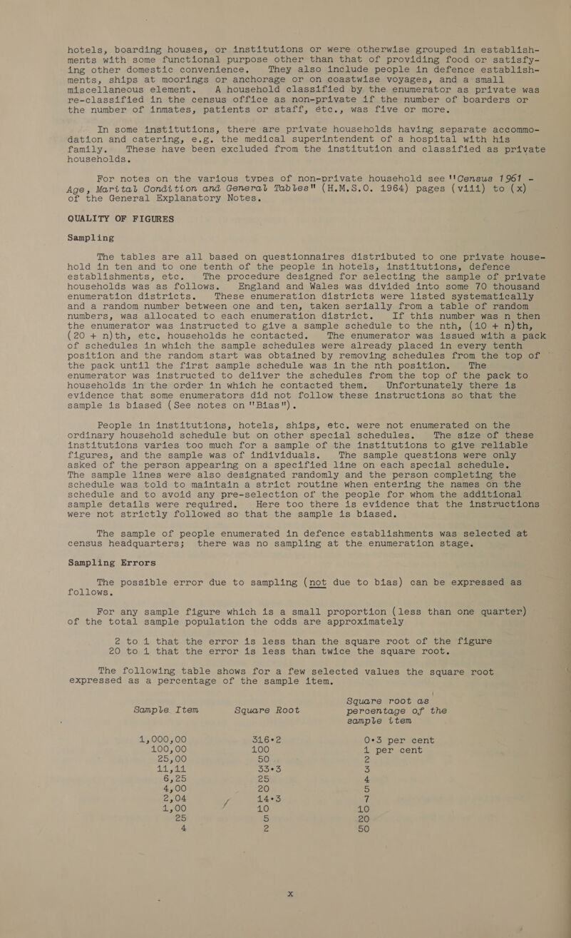 hotels, boarding houses, or institutions or were otherwise grouped in establish- ments with some functional purpose other than that of providing food or satisfy- ing other domestic convenience. They also include people in defence establish- ments, ships at moorings or anchorage or on coastwise voyages, and a small miscellaneous element. A household classified by the enumerator as private was re-classified in the census office as non-private if the number of boarders or the number of inmates, patients or staff, étc., was five or more. In some institutions, there are private households having separate accommo- dation and catering, e.g. the medical superintendent of a hospital withemie family. These have been excluded from the institution and classified as private households. For notes on the various types of non-private household see ''Census 19671 - Age, Marital Condition and General Tables (H.M.S.0O. 1964) pages (viii) to (x) of the General Explanatory Notes. QUALITY OF FIGURES Sampling The tables are all based on questionnaires distributed to one private house- hold in ten and to one tenth of the people in hotels, institutions, defence establishments, etc. The procedure designed for selecting the sample of privacve households was as follows. England and Wales was divided into some 70 thousand enumeration districts. These enumeration districts were listed systematically and a random number between one and ten, taken serially from a table of random numbers, was allocated to each enumeration district. If this number was n then the enumerator was instructed to give a sample schedule to the nth, (10 + n)th, (20 + n)th, etc. households he contacted. The enumerator was issued with a pack of schedules in which the sample schedules were already placed in every tenth position and the random start was obtained by removing schedules from the top of the pack until the first sample schedule was in the nth position. The enumerator was instructed to deliver the schedules from the top of the pack to households in the order in which he contacted them. Unfortunately there is evidence that some enumerators did not follow these instructions so that the sample is biased (See notes on Bias). People in institutions, hotels, ships, ete. were not enumeratedson tae ordinary household schedule but on other special schedules. The size of these institutions varies too much for a sample of the institutions to give=reliapie figures, and the sample was of individuals. The sample questions were only asked of the person appearing on a specified line on each special schedule. The sample lines were also designated randomly and the person completing the schedule was told to maintain a strict routine when entering the names on the schedule and to avoid any pre-selection of the people for whom the additional sample details were required. Here too there is evidence that the instructions were not strictly followed so that the sample is biased. The sample of people enumerated in defence establishments was selected at census headquarters; there was no sampling at the enumeration stage. Sampling Errors The possible error due to sampling (not due to bias) can be expressed as follows. For any sample figure which is a small proportion (less than one quarter) of the total sample population the odds are approximately 2 to 1 that the error is less than the square root of the figure 2O to 1 that the error is less than twice the square root. The following table shows for a few selected values the square root expressed as a percentage of the sample item. Square root as Sample. Item Square Root percentage of the sample item 45000 00 5162 O*°3 per cent 100, 00 100 1 per cent 25,00 oOye rs 17 bse Fn o Bs25 aS 4 4,00 20 5 2,04 / 14°35 7 A: KOO) ; 10 10 BS 5 20 4 ve 50