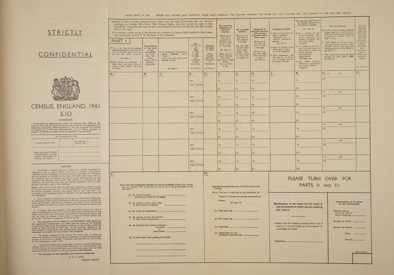 Syl dh Od EY ¢ GGNEIDEN TIAL CENSUS, ENGLAND, 1961 =e, SCHEDULE Prescribed by Regulations under the Census Act, 1920, as the form to be used for approximately one tenth of the population in England (excluding Monmouthshire), for the purpose of returns in respect of (a) Private Households, and (b) Other persons in respect of whom no other form of schedule is prescribed. For Enumerator’s Use | Enumeration | Census District No. | District No. _ S88) 8 Ee ee ee See Name and postal address of householder or other person responsible for making the return NOTICE 1 The Head, or person acting as Head, of a private Household is required by law to make a return in this form in respect of all persons (members of the household, including visitors, employees and boarders) who are present at midnight on the night of Sunday, 23rd April, 1961, in the dwelling, and all persons who arrive at the dwellin and join the househoid on Monday, 24th April, 1961, before the collection of the schedule, and who have not been enumerated elsewhere, and all other persons normally living in this dwelling. Note. Any one or more persons separately occupying a house or part of a house, flat, apartment, etc., will be regarded as a separate household for Census purposes. Persons who usually have at least one meal a day provided by the household while in residence, will be regarded as part of the household. 2. Every person is required by law to give to the person responsible for making the return such information as may be necessary to enable the return to be made. No use may, however, be made of such information by the person to whom it is given except for the purpose of making the return. 3. A person who has applied in the prescribed manner to make a separate confidential return will not be liable to give information to the Head: and in such case the person responsible for making the return will only be liable to include in his return in respect of that person the particulars required in Columns A and B within. 4. The schedule will be called for on MONDAY, 24th April, by the appointed enumerator; in order that he may not be delayed it must be ready with the answers written in the proper columns early on the morning of that day. If the answers appear to be incomplete or inaccurate, the enumerator must ask any questions necessary to enable him to correct the schedule. 5. The person responsible for making the return may, if unable to deliver the schedule to the enumerator personally, arrange for some other person to do so on his behalf. If desired, the schedule may be handea to the enumerator under cover. 6. Hany person whose duty it is to make a return or to give information refuses to do so, or wilfully ied false information, or uses otherwise than for the purpose of making the return any information given him for that purpose, he will be liable to a fine not exceeding Ten Pounds. 7. The contents of the schedule are strictly confidential. E. M. T. FIRTH, Registrar General. PLEASE WRITE iN INK. him or her also. and particulars in Part Ill on the back of this schedule. : Relationshi Write in this column the names | to the hea and surnames of all the persons of the to be included before you go} household, Hf this dwelling is the person's on to the other columns. e.g. Head, usual address write Wife, Son, “Here”; See Note !. Visitor, if not write the more usual Visitor’s Wife, address in full. completed Babies should be included. IH Boarder, months they have not been given a Employee. since then. name, write “Baby” and the surname. See Note 3. State how this household occupies its accommodation ene flat, rooms, Hye mpians “Yes” at (a), (b), (c), (d) or (e) or by glving details at (f). 0 . @) AS OWMEF-OCCUPIETS .........sessernsecseerenesueee atten heer (including purchase by mortgage) (b) By renting it with a farm, shop or other business premises sts ccsececersncccosssoesveresserswasoues (C) By virtue of eMmployMent .......-..-.cc-ssasecomsereersserecsssenonrnesernes (d) By renting it from the Council or New Town Corporation.......... essaseavsereseesernsse onsassserssease=O00 (e) By renting it from another landlord— FEST TDIS HS | erase cetesasssesessosssesncoraam or unfurnished _ .......+ soscoesscsarestresneesseanes (f) In some other way—please give details: prorewereoersroresusceresasenrssesseesoreee: ape erenercansanesseeeseseeesceneeeeeeeeesnn essen eeree For persons NOT born in Great Britain or All married, Northern treland. : : widowed or For all persons For ail divorced All married Widowed or Country of birth. See Note 8. ‘ persons women. women. | divorced women; Was this person's usual address | agec {5 OR women If born in Great Britain | (a) if a citizen of the a year ago (i.e. on 23rd April, | and over Write at (i) Write at (i) married more write “England” Commonwealth state | 1960) the same as that indicated | not now the total the date of than once. “Scotland”, or at (i) citizenship, e.g. in column Ci Write “Yes” or | receiving number of her present “Wales”, whichever United Kingdom and “No” at (i). tull-time children born marriage Write at (W applies. Colonies, Indian. : f a education alive to her the date See Note 7. Canadian. if ‘Yes’ state at (ii) how many at school. Persons in marriage. Has she been first or only , years ago he (she) moved to that college, 16 years married more marriage. Ht born in Ireland write | (>) Hf a citizen of the U.K. address. (if he (she) has lived | university. or over. See Note 5. than once? “Northern Ireland’ | and Colonies state at | there since birth write “birth’’}. ete, Write “Yes” Write at (ii) or “Irish Republic . (ii) whether citizen by See Note 1i. write the Write Were any of | or “No” at (ii). | the date when birth, descent, age at “Single”, these children if “Yes” fill that marriage If born elsewhere five naturalisation, if “No” state at (iii) the full usual | which such “Married”, born after in column H. ended. the country of birth, registration, address on 23rd April, 1960. | education “Widowed, | 23rd April, 1960? : See Note 6. e.g. Trinidad, Polend, marriage, etc. See Note 2 ended. BONS 7 Write or write “At Sea”. (c) For other persons Divorced”, | “Yes'’ or “No” state at (i) nationality at (il). e.g. Italian, Polish, See Note 4. Yugoslav. See Note | 2. PLEASE TURN OVER FOR PARTS It AND Ill Has this household the use of the following in the building? Write “Sole use” if used only by this household, or “Shared” if shared with another household, or “None”. Information to be given te the enumerator. See Note 10. ae Declaration to be made by the head of the household or other person making the return. (Fy Sete Ne) epee eerie es eae Whether sharing stove and sink in shared dwellings. HOE WAGON C8 Disc svcscossccsresenscesosestesrossssenctestsoossase Number of sooms | declare that this schedule including Parts II and It! overleaf is correctly filled up to the best of my knowledge and belief. BO i DAE ooo crccccnecssosssccreonscsssesscsosarstesenecesonvossess Number of persons —. (d) Watercloset (in the building or attached tO It) ......--sa-ceeereosereeneee byes (Signature)............. Schedule No.