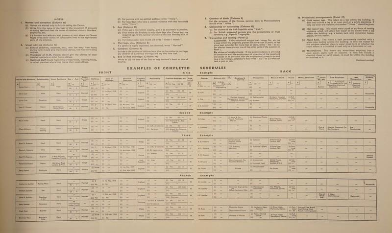 (a) (b) ©) rmanently installed with a (d) It does not include a Males, part-time ei Continued overleaf : Housewife, Retir- Last Employer Last Student, ed, etc. Occupation etc , Associated | { | g Engiiesuine Co. Ltd. = Research = Consuiting Electrical Electrical Retired Engineers Engineer _ Housewife Coal Mining. Back Ripper, below ground NOTES ({d) For persons with no settled address write “* None”. 37. Country of birth (Column J) I. Names and surnames (Column A) (e) For boarders who have a settled residence with this household For the purposes of the Census, persons born in Monmouthshire _{a) Names are wanted only to help in taking the Census. write “ Here”. should write ‘* Wales ”. _(b) Write first the name of the head of the household (if present) 3. Age (Column D) 8 Citizenship or nationality (Column K) or acting head and then the names of relatives, visitors, boarders, (a) if the age is not known exactly, give it as accurately as possible. {a) For citizens of the Irish Republic write “Irish ’*. employees, etc. (b) Even where the birthday is only a few days after Census day, the (b) For British protected persons give the protectorate or trust (c) Ifa eon and wife are both present or both absent on Census edule age is the number of years at the last birthday and II territory, e.g., Uganda, Tanganyika. Night write their names on consecutive lines in the appropriate months. : d . . renting (Panel L parts of the schedule. (c) For babies under one month old write “* Under | month ”’. 2 Sunaen Pi ons if the dae d sss Einic HOusactiae. ct con ; 4 Marriage, etc., (Column &) a lease which was originally granted for more than ar years, or has - Usual address (Column C) a ; if a person is legally separated, not divorced, write ‘* Married ”’. since been extended for more than 21 years, write ‘‘ Yes ’’ at (a). {a) School children, students, etc., who live away from home 5. Child Col FE For shorter leases answer one of the other parts of the question in during term should give their home address, not their term-time ; ; ae “ S fie sim dt ea 4 % Panel L. address. nclude in the number of children born alive to the mother in marriage, ° : ; F {b) Members of H.ii. Forces should give the address of their any children of a previous marriage and any that have died. Pte ee sails BAAR crocker aes _ married quarters or other home address. 6 End of first marriage (Column H) and ceases to be provided after the employment comes to an end ({c) Resident staff should regard the private house, boarding house, Write at (ii) the date of her first or only husband’s death or date of (e.g. a tied cottage, caretaker’s flat) write ** Yes ’’ at (c) whether or other premises where they live as their usual address. divorce. rent is paid or not. EXAMPLES OF COMPLETED SCHEDULES FRONT First Example BACK Seaeenaae 2 and Surname | Relationship | Usual Residence |Sex; Age Married: | Children Date of Previous Country Nationality Previous Address, etc. | Edu- Names Science, etc R Employer’s Occupation Place of Work Hours etc =| Marriage Marriage of Birth cation business | (i) B.Sc. \ 8 | | / Pim EL JFla— [Slo Klo- Kia — Nlayes ga jo! | Pe Seats ez law — ay ae le Head Here ’ Married England | | 2B ie. ae (ii) Electrical ; | eo 2 ji) — |i) — ci) — “y= (iii) _ Engineering — (ii) — = = : F ; (i) | (i) 2nd Apr. 1938 | (i) — (i) —_ (i) Yes (ii) 23 a @) = = (i) =e = Wife | Here Married i. England | = 16 O. Cox 51 3 {ii) No (ii) No Ot (ii) = (ii) = Ci) => (ii) = = = F ; (ec i) jij | (i) = (i) Yes (ii) birth Z oO) = Durham Hospital (i) Radiographer Dryburn Hospital | (i) Full Daughter | Here Single ‘ England ; — 18 [2 Cox... Management Committee orth Rd., Durham time \ 20 i {ii} — (ii) —_ (ii) _ (ii) — (iii) _ (ii) — Hospital Service (ii) Student Ci) — F j (i) 3 (i) 3rd Nov. 1951 | (i) 8th May, 1941 (i) — (i) Yes (ii) 2 2) = (i) = == Visitor ) 92 BridgeSt, j|——— Married England | | = 14 J. C. Cooper Penge, Kent ; 40 | 2 {ii) No (ii) Yes (ii) 9th June, 1942 {ii} —_ (iii) — {ii) 2a ore (ii) pate = ‘o.) Second Example F | i) — i) = GO = (i) = (i) No (i) — C. Jones & Co., (i) Shorthand Typist Head Hore Single | e England | —__—_____—_—_| 16 M. Fuller Textile Machinery Broad Works, 21 3 | Gi) — (ii) =_ {ii} _ | (ii) - (iii) 8 pari Eye, (ii) — akers (ii) —_— Oldham, Lancs. | Nee Ameets has, 9 uTTOIK. eae ee ee ee eo ee ee F (ij ij (jy = er | (i) U.K. & Colonies | (i) No Gj i (i) : tack amaica — C. Gibbons .... aii | ashe 20 2 Phe (i) — (ii) — (ii) | (ii) By birth | (iii) Queen St., Kingston Stat (ii) — [ Jamaica Third Example M c @ — {i) — (i) _ yates (i) — (i) Yes (ii) 15 tg ah On Salles iptoyed (i) Solicitor e per Road, j a - erts ote peat) | ee so | 6 eee Gi) (i) Gece | (iii) = ~ teen Soliice anne (ii) a suleeua> 9. | rc (i) 4 (i) 3rd Apr. 1956 (i) 9th May, 1940 Ane (i) U.K. & Colonies | (i) Yes (ii) 10 Saree (i) — i: D. Beberts, (i) Solicitor’s Clerk | 25 Bow Lane, Wife Here a 5 Married Gi) No (ii) Yes (ii) 6th June, 1950 Pip By revistradion’ |) = . L. Roberts (i) = olicitors. (i nr London, N.1. nee t ee aa aE a . . . =. Se | a ir Ti. ijn cance | (i) French (i) Yes (ii) 3 eee Oe ! ae @ om i ingie = a ard iE | eee | Varwilies, France, | 19 | 2 ~ | Gy — |) = (i) = |i) (ii) = ji) = | ~ (i) - _ | M ' i) — (i) —_ (i) _ Renablie (i) Irish (i) Yes Cis: is Ror (i) — | Glebe iesranes Co., (i) Accountant ac House, isi i | ener i aes er . ea save ns 3 id r Ea gD vase ee [5 elt = ne oy \iii) = ie ae = Eales as i) Aricied Pap London Ca: | F ’ (i) None (i) — (i) Ist Mar. 1939 Ee reat (i) — {i) Yes (ii) oT y ee {i) _ eer (i) Housekeeper Employee | Here PEGG ar Sin News| @) = (ii) 2nd Apr. 1942 | Gi) = (iii) ~ Igy ia (ii) = icine Fourth Exampte Dole | OlaMyi | o. = TS | (i) Yes (ii) 26 | iy oes -s @ = = f . England 14 K. Saddl oe | Acting Head | Here ea Marries | iy No | (il) No Ge Oe | ii) = ore Oe = os = = M or Oo = ) = (i) = | (i) Yes (ii) birth (i) _ Dominion Engineering | (i) Maintenance The Wharfe (i) Full ; England —_— | |6 W. Saddler .... Ltd. Electrici Jevon. i Son Here 3 | F Married iy) — ti) a Gi) ae (i) = | (iit rae addler (i) = fee sa schter AP oA ectrician Plymouth, Devon (ti) time F (i) 4 (i) BedJan, 196084) G) = i (peas | @_Ne ae = LM Lxe =<... | i England |________—__—__|_ 16 J.P. Saddler .... = emg obs Tae Married | ti) Yes_| (i) No (one i = | Gli) Germany Saale! | fy _ G _ 7 ———— mM ;@ — (yes (i) —_ {i) U.K. & Colonies | (i) No (ii) — Grandson Here ——_————- _ i m a Germany| : > ae | Under | mnth | ti) — (ii) _ (ii) _ {ii) Dy descent | (iii) None = [ees ee eet et ee ee ee _—$< $< $< —— % ere (i) es (i) = (i) —_ (i) Yes (ii) 2 {i) _ Dominion Stores (i) Hardware Dept. 14 River Walk, (i) Part , Wales |! 14 H.R i i Boarder Here 30 | 7 SEN ii) — (ii) = fii} _ (ii) ~ | (iii) _ a4 (ii) — Departmental Store (ii) lng pi oouts, Bev (ii) ot F (i) None | {i) 2nd Nov, 1955 | fi) — {i) — | (i) Yes (ii) 2 ij o— (i) Temp. Clerical ; (i) Full 5 [pol eee nernermee i Wales en ees| | 4 B. R Mini of Works fe 16 High Street f “Sor bpi s | Here = | - Married i) No (ii) No [a “= (ii) = j (iii) oe Ge! | (ii) Lath inistry or | (ii) so) ica Devonport, Devon. (i) vie District Transport Co. Bus Company Medical Student