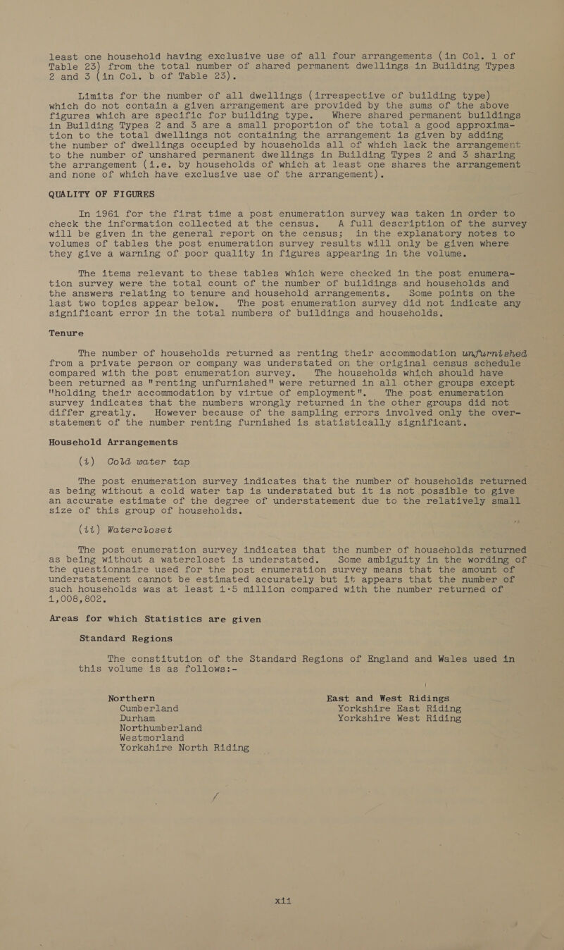 Table 23) from the total number of shared permanent dwellings in Building Types 2 and. 3. (iniColw bwOleTab be s25 ja, Limits for the number of all dwellings (irrespective of building type) which do not contain a given arrangement are provided by the sums of the above figures which are specific for building type. Where shared permanent buildings in Building Types 2 and 3 are a small proportion of the total a good approxima- tion to the total dwellings not containing the arrangement is given by adding the number of dwellings occupied by households all of which lack the arrangement to the number of unshared permanent dwellings in Building Types 2 and 3 sharing the arrangement (i.e. by households of which at least one shares the arrangement and none of which have exclusive use of the arrangement). QUALITY OF FIGURES In 1961 for the first time a post enumeration survey was taken in order to check the information collected at the census. A full description of the sumvey will be given in the general report on the census; in the explanatory notes ve volumes of tables the post enumeration survey results will only bei given wwhere they give a warning of poor quality in figures appearing in the volume. The items relevant to these tables which were checked in the post enumera- tion survey were the total count of the number of buildings and households and the answers relating to tenure and household arrangements. Some points on the last two topics appear below. The post enumeration survey did not indicate any significant error in the total numbers of buildings and households. Tenure The number of households returned as renting their accommodation unfurnished from a private person or company was understated on the original census schedule compared with the post enumeration survey. The households which should have been returned as renting unfurnished were returned in all other groupseerzcen “holding their accommodation by virtue of employment, The post enumeration survey indicates that the numbers wrongly returned in the other groups did ene: differ greatly. However because of the sampling errors involved only the over- statement of the number renting furnished is statistically significaniu, Household Arrangements (4) Cold water tap The post enumeration survey indicates that the number of households returned as being without a cold water tap is understated but it is not possible to give an accurate estimate of the degree of understatement due to the relatively small size of this croup of, households. f (41) Waterctoset The post enumeration survey indicates that the number of households returned as being without a watercloset is understated. some ambiguity in the wording of the questionnaire used for the post enumeration survey means that the amount of understatement cannot be estimated accurately but iff appears that the number of such households was at least 1:5 million compared with the number returned of 1,008,604. Areas for which Statistics are given Standard Regions The constitution of the Standard Regions of England and Wales used in this volume is as follows:- ' Northern East and West Ridings Cumberland Yorkshire East Riding Durham Yorkshire West Riding Northumberland Westmorland Yorkshire North Riding alba