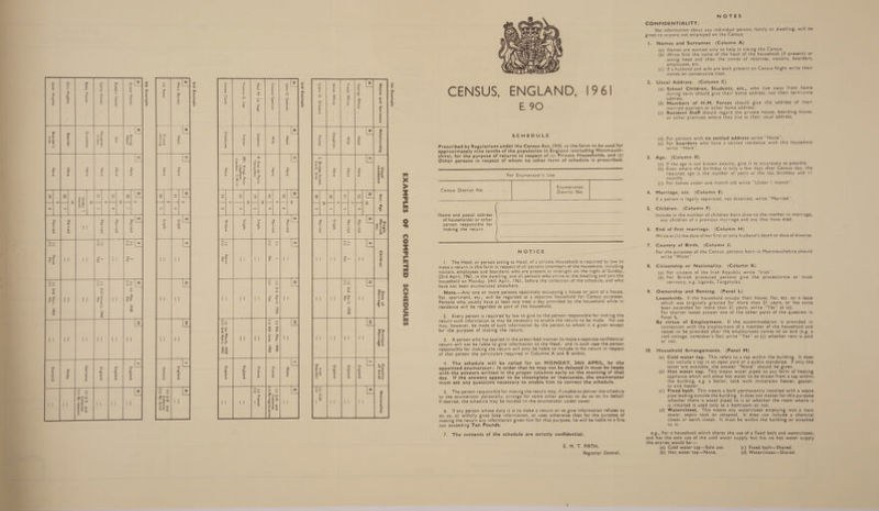   4a1so4 Aqeg     4231s04 32845 ajdwexy yap 4a1so4 BIAJAS Ja3soy sagoy  ME]-Ul -sa1ysneg  uospurs5       (1) 096) ‘Asenuer puz (1) (1!) ON OF61 “AEW 354 (!)     () “AON Pur (!) oN oN SS6l   *‘quazsep Ag (1!) S31UO}O&gt;) pue &gt;'N (1) prey it yAejD eww ajdwexg puz aIIYAA auUW PYM ePesy ajdwexy 3s] ajdwexyg pag 397 9 siduesy 4saruads ‘Gg “yor 4dazuads auowis “ BIUAA 2341025 aZes 97 “W INntd Ajk27.0 “D “od  vahojdwy 4a2y3neq diysuonray “10€ weydeys&gt; MOY SBUI&gt; SdjIBSITA stueqg ep any ‘g *a4tQ “40D ‘JeeI15 B3piig ‘TZ yensn TM's “vopuo7 a2uapisaa SATIMWV XS 2320 ‘palasepy Pewsey ‘ajBuis GaLIIdWOD 40 BEG! ‘Isdy pUz (1) 9561 SAINGIHSS TO) ‘Sad pez (1) Orel “ARW 436 (!) 66) ‘YEW Is} (!) 0S61 ‘une y39g (1!) aqnday 4st ypaiq jo yasig Ag (11) “Sa1uojoD pue rn (1) youasy (1) woresisiZas Ag (11) *s21udjo7) pue Wn (1) AvyjeuonenN   CENSUS, ENGLAND, 1961 Ea © SCHEDULE Prescribed by Regulations under the Census Act, 1920, as the form to be used for approximately nine tenths of the population in England (excluding Monmouth- shire), for the purpose of returns in respect of (a) Private Households, and (b) Other persons in respect of whom no other form of schedule is prescribed.        Enumeration Census District No. District No. Name and postal address of householder or other person responsible FOr \ csscerscccecsseccsccesesscucrsnsoesseressneesensecesessacenaneunuansasasesensnsacciserarscesasennaree making the return. NOTICE 1. The Head, or person acting as Head, of a private Household is required by law to make a return in this form in respect of all persons (members of the household, including visitors, employees and boarders) who are present at midnight on the night of Sunday, 23rd April, 1961, in the dwelling, and all persons who arrive at the dwelling and join the household on Monday, 24th April, 1961, before the collection of the schedule, and who have not been enumerated elsewhere. Note.—Any one or more persons separately occupying a house or part of a house, flat, apartment, etc., will be regarded as a separate household for Census purposes. Persons who usually have at least one meal a day provided by the household while in residence will be regarded as part of the household. 2. Every person is required by law to give to the person responsible for making the return such information as may be necessary to enable the return to be made. No use may, however, be made of such information by the person to whom it is given except for the purpose of making the return. 3. A person who has applied in the prescribed manner to make a separate confidential return will not be liable to give information to the Head; and in such case the person responsible for making the return will only be liable to include in his return in respect of that person the particulars required in Columns A and B within. 4. The schedule will be called for on MONDAY, 24th APRIL, by the appointed enumerator; in order that he may not be delayed it must be ready with the answers written in the proper columns early on the morning of that day. If the answers appear to be incomplete or inaccurate, the enumerator must ask any questions necessary to enable him to correct the schedule. 5. The person responsible for making the return may, if unable to deliver the schedule to the enumerator personally, arrange for some other person to do so on his behalf. If desired, the schedule may be handed to the enumerator under cover. 6. If any person whose duty it is to make a return or to give information refuses to do so, or wilfully gives false information, or uses otherwise than for the purpose of making the return any information given him for that purpose, he will be liable to a fine not exceeding Ten Pounds. ~ 7. The contents of the schedule are strictly confidential. ELM. 1. FIRTH: Registrar General. NOTES CONFIDENTIALITY. No information about any individual person, family or dwelling, will be given to anyone not employed on the Census. I. Names and Surnames (Column A) (a) Names are wanted only to help in taking the Census. (b) Write first the name of the head of the household (if present) or acting head and then the names of relatives, visitors, boarders, employees, etc. (c) If a husband and wife are both present on Census Night write their names on consecutive lines. 2. Usual Address. (Column C) (a) School Children, Students, etc., who live away from home during term should give their home address, not their term-time address. (b) Members of H.M. Forces should give the address of their married quarters or other home address. (c) Resident Staff should regard the private house, boarding house, or other premises where they live as their usual address. (d) For persons with no settled address write “None”. (e) For boarders who have a settled residence with this household write “Here”. 3. Age. (Column D) (a) If the age is not known exactly, give it as accurately as possible. (b) Even where the birthday is only a few days after Census day, the required age is the number of years at the last birthday and II months. (c) For babies under one month old write “Under | month”. 4. Marriage, etc. (Column E) If a person is legally separated, not divorced, write “Married”. 5. Children. (Column F) Include in the number of children born alive to the mother in marriage, any children of a previous marriage and any that have died. 6. End of first marriage. (Column H) Write at (ii) the date of her first or only husband's death or date of divorce. 7. Country of Birth. (Column J) For the purposes of the Census, persons born in Monmouthshire should write “Wales” 8. Citizenship or Nationality. (Column K) (a) For citizens of the Irish Republic write “‘Irish’’. (b) For British protected persons give the protectorate or trust territory, e.g. Uganda, Tanganyika. 9. Ownership and Renting. (Panel L) Leaseholds. If the household occupy their house, flat, etc. on a lease which was originally granted for more than 21 years, or has since been extended for more than 21 years, write ‘‘Yes’’ at (a). For shorter leases answer one of the other parts of the question in Panel L. By virtue of Employment. If the accommodation is provided in connection with the employment of a member of the household and ceases to be provided after the employment comes to an end (e.g. a tied cottage, caretaker’s flat) write ‘Yes’ at (c) whether rent is paid or not. 10. Household Arrangements. (Panel M) (a) Cold water tap. This refers to a tap within the building. It does not include a tap in an open yard or a public standpipe. If only the latter are available, the answer ‘‘None”’ should be given. (b) Hot water tap. This means water piped to any form of heating appliance which will allow hot water to be drawn from a tap within the building, e.g. a boiler, tank with immersion heater, geyser, or sink heater. (c) Fixed bath. This means a bath permanently installed with a waste pipe leading outside the building. It does not matter for this purpose whether there is water piped to it or whether the room where it is installed is used only as a bathroom or not. (d) Watercloset. This means any watercloset emptying into a main sewer, septic tank or cesspool. It does not include a chemical closet or earth closet. It must be within the building or attached to it. e.g., For a household which shares the use of a fixed bath and watercloset, and has the sole use of the cold water supply but has no hot water supply the entries would be:— (a) Cold water tap—Sole use. (c) Fixed bath—Shared. (b) Hot water tap—None. (d) Watercloset—Shared.