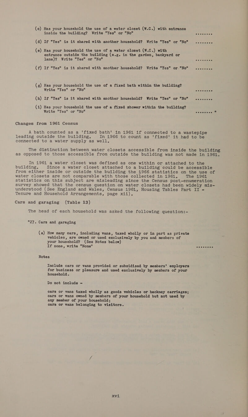 (c) Has your household the use of a water closet (W.C.) with entrance inside the building? Write Yes or No Gara g eres (a) If Yes is it shared with another household? Write Yes or No ......0. (e) Has your household the use of a water closet (W.C.) with entrance outside the building (e.g. in the garden, backyard or lane)? Write Yes or No PO oye (f) If Yes is it shared with another household? Write Yes or.No ........ (g) Has your household the use of a fixed bath within the building? ' Write Yes or No BSS A ee (h) If Yes is it shared with another household? Write Yes or No ......¢. (i) Has your household the use of a fixed shower within the building? Write Yes or No oe Changes from 1961 Census A bath counted as a 'fixed bath' in 1961 if connected to a: wastepipe leading outside the building. In 1966 to count as 'fixed' it had to be connected to a water supply as well. The distinction between water closets accessible from inside the building as opposed to those accessible from outside the building was not made in 1961. In 1961 a water closet was defined as one within or attached to the building. Since a water closet attached to a building could be accessible from either inside or outside the building the 1966 statistics on the use of water closets are not comparable with those collected in 1961, The 1964 statistics on this subject are misleading since the Census post-enumeration survey showed that the census question on water closets had been widely mis- understood (See England and Wales, Census 1961, Housing Tables Part II - Tenure and Household Arrangements, page xii). Cars and garaging (Table 13) The head of each household was asked the following question:- 27. Cars and garaging (a) How many cars, including vans, taxed wholly or in part as private vehicles, are owned or used exclusively by you and members of your household? (See Notes below) If none, write None cevcesos Notes Include cars or vans provided or subsidised by members' employers for business or pleasure and used exclusively by members of your household. Do not include - cars or vans taxed wholly as goods vehicles or hackney carriages; cars or vans owned by members of your household but not used by any member of your household; cars or vans belonging to visitors.