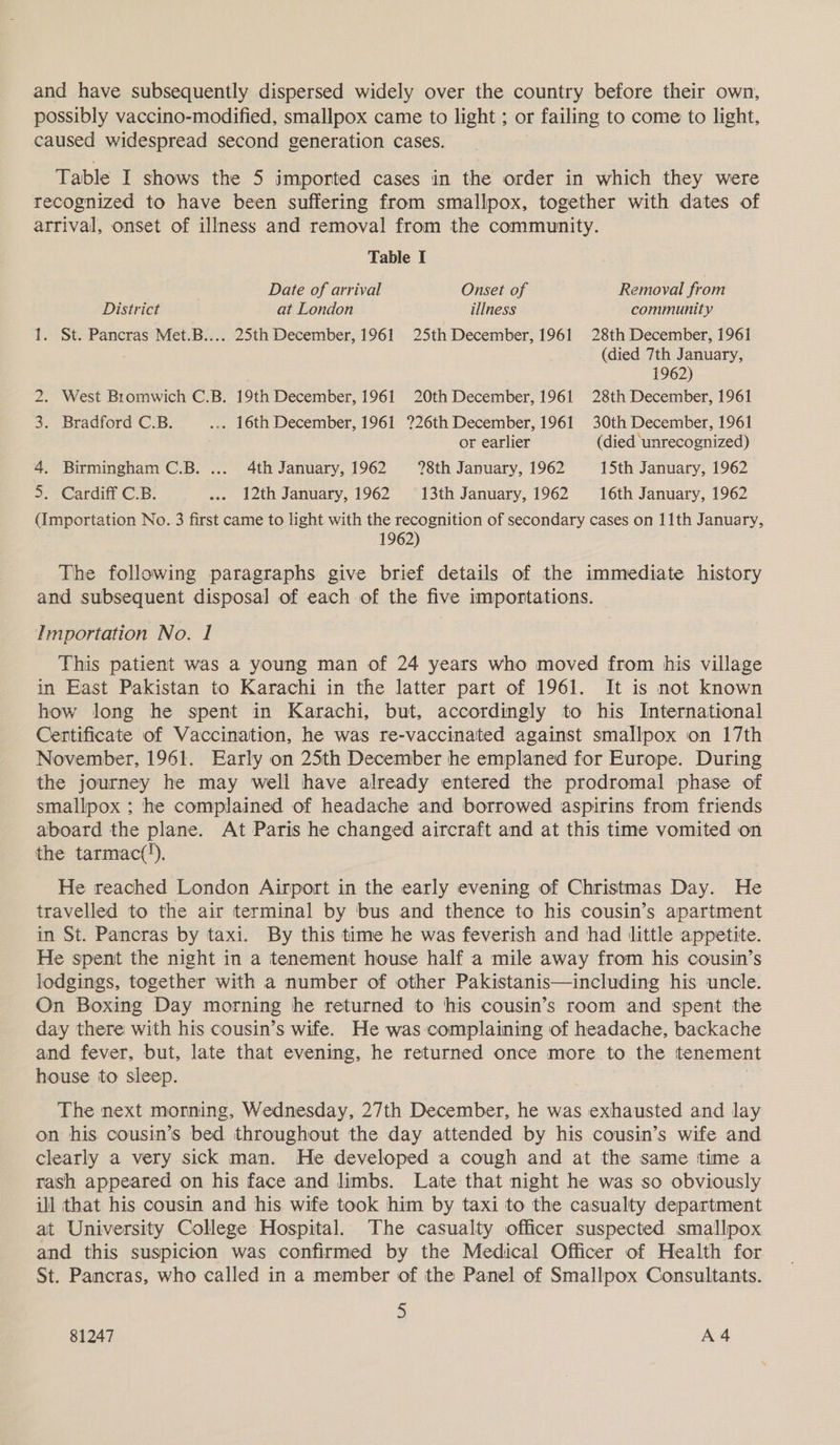 and have subsequently dispersed widely over the country before their own, possibly vaccino-modified, smallpox came to light ; or failing to come to light, caused widespread second generation cases. Table I shows the 5 imported cases in the order in which they were recognized to have been suffering from smallpox, together with dates of arrival, onset of illness and removal from the community. Table I Date of arrival Onset of Removal from District at London illness community 1. St. Pancras Met.B.... 25th December, 1961 25th December, 1961 28th December, 1961 (died 7th January, 1962) 2. West Bromwich C.B. 19th December, 1961 20th December, 1961 28th December, 1961 3. Bradford C.B. ... 16th December, 1961 ?26th December, 1961 30th December, 1961 or earlier (died unrecognized) 4. Birmingham C.B. ... 4th January, 1962 ?8th January, 1962 15th January, 1962 5. Cardiff C.B. ... 12th January, 1962 13th January, 1962 16th January, 1962 (Importation No. 3 first came to light with the recognition of secondary cases on 11th January, 1962) The following paragraphs give brief details of the immediate history and subsequent disposal of each of the five importations. Importation No. 1 This patient was a young man of 24 years who moved from his village in East Pakistan to Karachi in the latter part of 1961. It is not known how long he spent in Karachi, but, accordingly to his International Certificate of Vaccination, he was re-vaccinated against smallpox on 17th November, 1961. Early on 25th December he emplaned for Europe. During the journey he may well have already entered the prodromal phase of smallpox ; he complained of headache and borrowed aspirins from friends aboard the plane. At Paris he changed aircraft and at this time vomited on the tarmac(‘). He reached London Airport in the early evening of Christmas Day. He travelled to the air terminal by bus and thence to his cousin’s apartment in St. Pancras by taxi. By this time he was feverish and had little appetite. He spent the night in a tenement house half a mile away from his cousin’s lodgings, together with a number of other Pakistanis—including his uncle. On Boxing Day morning he returned to his cousin’s room and spent the day there: with his cousin’s wife. He was:complaining of headache, backache and fever, but, late that evening, he returned once more to the tenement house to sleep. | The next morning, Wednesday, 27th December, he was exhausted and lay on his cousin’s bed throughout the day attended by his cousin’s wife and clearly a very sick man. He developed a cough and at the same time a rash appeared on his face and limbs. Late that night he was so obviously ill that his cousin and his wife took him by taxi to the casualty department at University College Hospital. The casualty officer suspected smallpox and this suspicion was confirmed by the Medical Officer of Health for St. Pancras, who called in a member of the Panel of Smallpox Consultants. 5 81247 vor