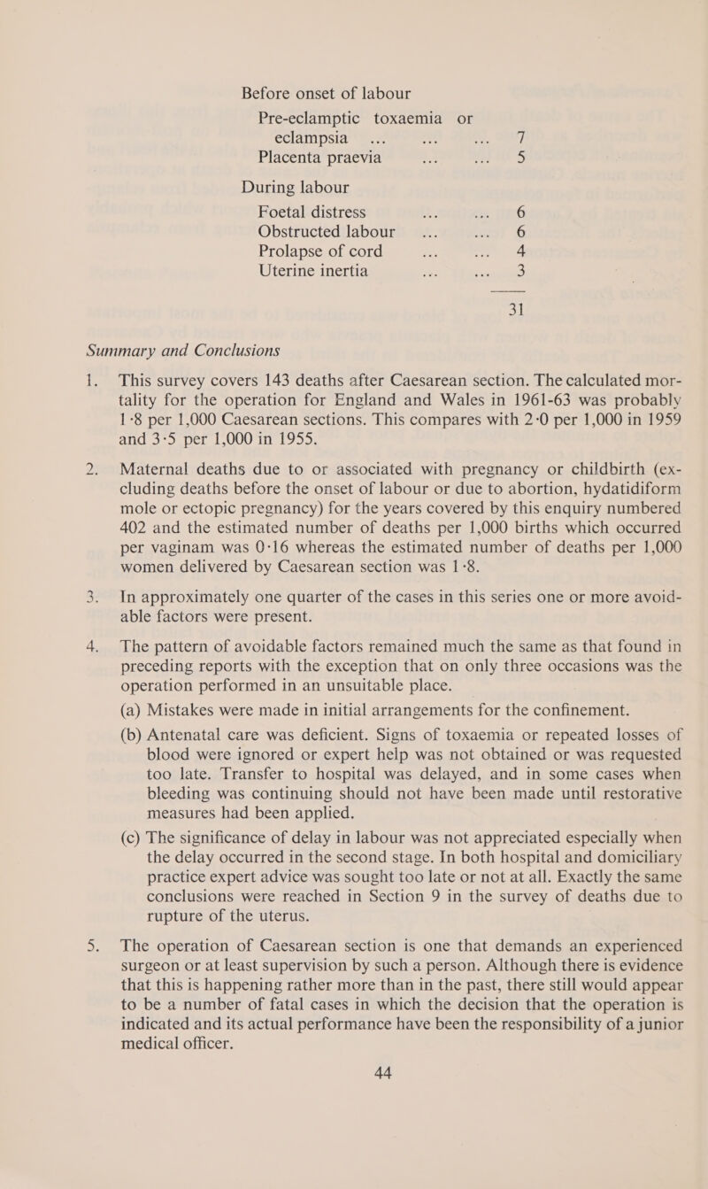 Before onset of labour Pre-eclamptic toxaemia or eclampsia Placenta praevia an ~— During labour Foetal distress Obstructed labour Prolapse of cord Uterine inertia | WRhA OW od N This survey covers 143 deaths after Caesarean section. The calculated mor- tality for the operation for England and Wales in 1961-63 was probably 1-8 per 1,000 Caesarean sections. This compares with 2-0 per 1,000 in 1959 and. 3°) per L000 In 195), Maternal deaths due to or associated with pregnancy or childbirth (ex- cluding deaths before the onset of labour or due to abortion, hydatidiform mole or ectopic pregnancy) for the years covered by this enquiry numbered 402 and the estimated number of deaths per 1,000 births which occurred per vaginam was 0-16 whereas the estimated number of deaths per 1,000 women delivered by Caesarean section was 1°8. In approximately one quarter of the cases in this series one or more avoid- able factors were present. The pattern of avoidable factors remained much the same as that found in preceding reports with the exception that on only three occasions was the operation performed in an unsuitable place. (a) Mistakes were made in initial arrangements for the confinement. (b) Antenatal care was deficient. Signs of toxaemia or repeated losses of blood were ignored or expert help was not obtained or was requested too late. Transfer to hospital was delayed, and in some cases when bleeding was continuing should not have been made until restorative measures had been applied. (c) The significance of delay in labour was not appreciated especially when the delay occurred in the second stage. In both hospital and domiciliary practice expert advice was sought too late or not at all. Exactly the same conclusions were reached in Section 9 in the survey of deaths due to rupture of the uterus. The operation of Caesarean section is one that demands an experienced surgeon or at least supervision by such a person. Although there is evidence that this is happening rather more than in the past, there still would appear to be a number of fatal cases in which the decision that the operation is indicated and its actual performance have been the responsibility of a junior medical officer.
