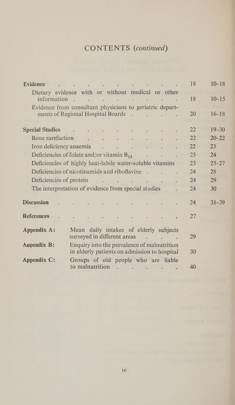 CONTENTS (continued) Evidence ; ; Dietary evidence with or sieea cies or See information Evidence from consultant naan to geriatric depart- ments of Regional Hospital Boards Special Studies Bone rarefaction Tron deficiency anaemia Deficiencies of folate and/or vitamin By, Deficiencies of highly heat-labile water-soluble vitamins Deficiencies of nicotinamide and riboflavine . Deficiencies of protein : ‘ The interpretation of evidence from special ae Discussion References Appendix A: Mean daily intakes of elderly be surveyed in different areas Appendix B: Enquiry into the prevalence of sear ition in elderly patients on admission to hospital Appendix C: Groups of old people who are liable to malnutrition : ; : 18 18 20 22 22 22 23 23 24 24 24 24 By 29 30 40 10-18 10-15 16-18 19-30 20-22 2 24 25-27 28 29 30 31-39