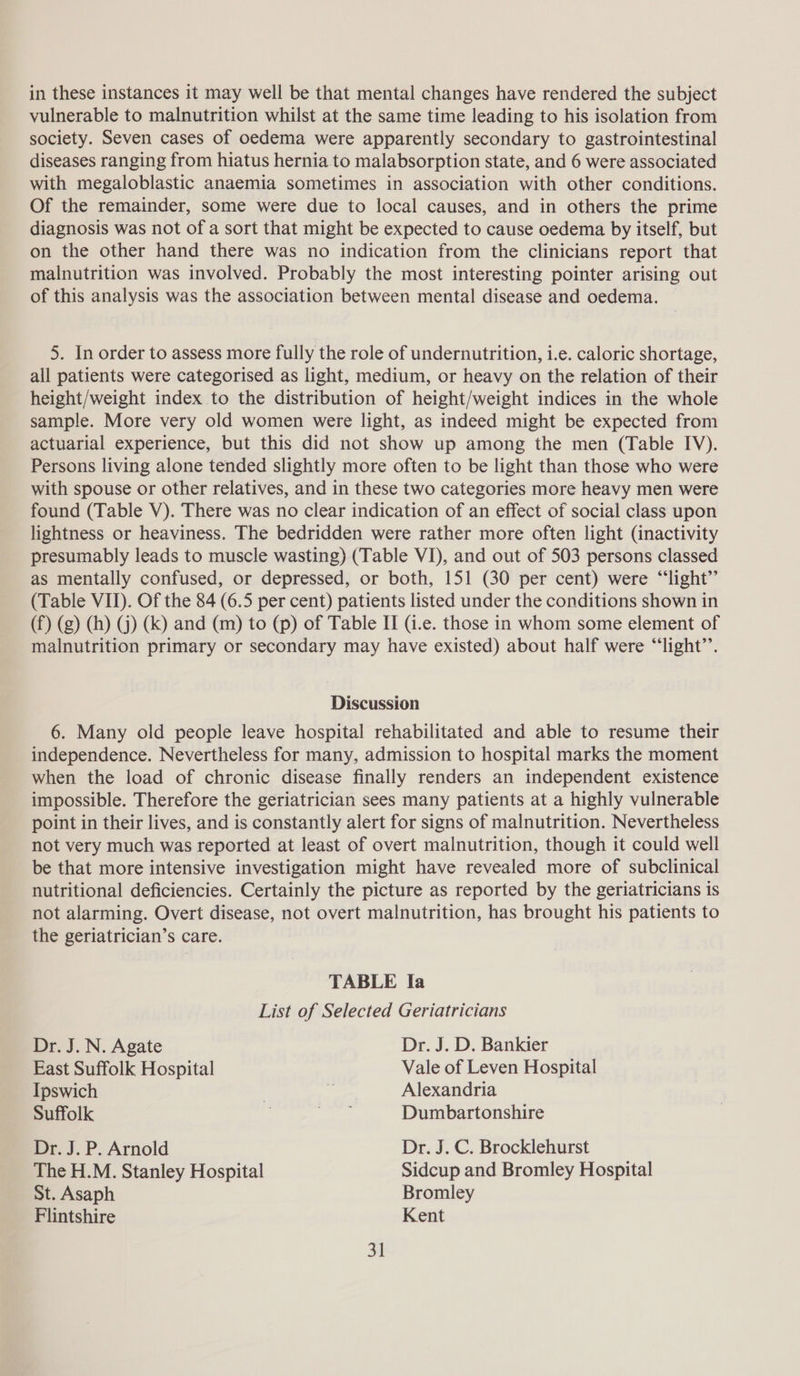 in these instances it may well be that mental changes have rendered the subject vulnerable to malnutrition whilst at the same time leading to his isolation from society. Seven cases of oedema were apparently secondary to gastrointestinal diseases ranging from hiatus hernia to malabsorption state, and 6 were associated with megaloblastic anaemia sometimes in association with other conditions. Of the remainder, some were due to local causes, and in others the prime diagnosis was not of a sort that might be expected to cause oedema by itself, but on the other hand there was no indication from the clinicians report that malnutrition was involved. Probably the most interesting pointer arising out of this analysis was the association between mental disease and oedema. 5. In order to assess more fully the role of undernutrition, i.e. caloric shortage, all patients were categorised as light, medium, or heavy on the relation of their height/weight index to the distribution of height/weight indices in the whole sample. More very old women were light, as indeed might be expected from actuarial experience, but this did not show up among the men (Table IV). Persons living alone tended slightly more often to be light than those who were with spouse or other relatives, and in these two categories more heavy men were found (Table V). There was no clear indication of an effect of social class upon lightness or heaviness. The bedridden were rather more often light (inactivity presumably leads to muscle wasting) (Table VI), and out of 503 persons classed as mentally confused, or depressed, or both, 151 (30 per cent) were “‘light”’ (Table VII). Of the 84 (6.5 per cent) patients listed under the conditions shown in (f) (g) (h) (Gj) (k) and (m) to (p) of Table II G.e. those in whom some element of malnutrition primary or secondary may have existed) about half were “light’’. Discussion 6. Many old people leave hospital rehabilitated and able to resume their independence. Nevertheless for many, admission to hospital marks the moment when the load of chronic disease finally renders an independent existence impossible. Therefore the geriatrician sees many patients at a highly vulnerable point in their lives, and is constantly alert for signs of malnutrition. Nevertheless not very much was reported at least of overt malnutrition, though it could well be that more intensive investigation might have revealed more of subclinical nutritional deficiencies. Certainly the picture as reported by the geriatricians is not alarming. Overt disease, not overt malnutrition, has brought his patients to the geriatrician’s care. TABLE Ia List of Selected Geriatricians Dr. J. N. Agate Dr. J. D. Bankier East Suffolk Hospital Vale of Leven Hospital Ipswich | i Alexandria Suffolk . ote Dumbartonshire Dr. J. P. Arnold Dr. J. C. Brocklehurst The H.M. Stanley Hospital Sidcup and Bromley Hospital St. Asaph Bromley Flintshire Kent