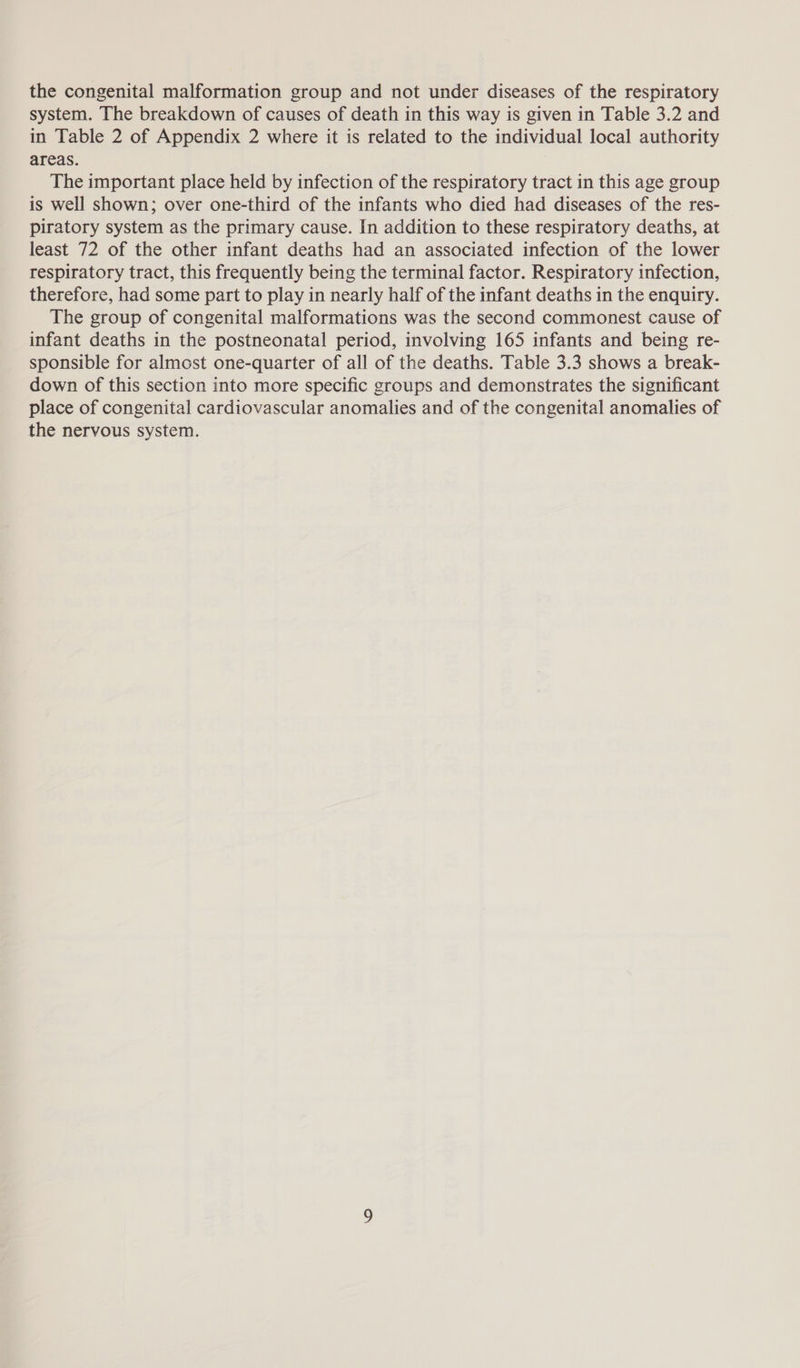 the congenital malformation group and not under diseases of the respiratory system. The breakdown of causes of death in this way is given in Table 3.2 and in Table 2 of Appendix 2 where it is related to the individual local authority areas. The important place held by infection of the respiratory tract in this age group is well shown; over one-third of the infants who died had diseases of the res- piratory system as the primary cause. In addition to these respiratory deaths, at least 72 of the other infant deaths had an associated infection of the lower respiratory tract, this frequently being the terminal factor. Respiratory infection, therefore, had some part to play in nearly half of the infant deaths in the enquiry. The group of congenital malformations was the second commonest cause of infant deaths in the postneonatal period, involving 165 infants and being re- sponsible for almost one-quarter of all of the deaths. Table 3.3 shows a break- down of this section into more specific groups and demonstrates the significant place of congenital cardiovascular anomalies and of the congenital anomalies of the nervous system.